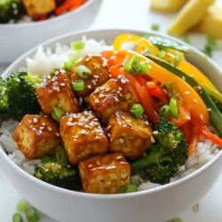 - 1 block firm tofu, pressed and cubed - 1 tablespoon cornstarch - 2 tablespoons sesame oil - 1 cup broccoli florets - 1 cup snap peas - 1 bell pepper, sliced (any color) - ½ cup shredded carrots - 3 green onions, chopped - ½ cup teriyaki sauce (store-bought or homemade) - 2 tablespoons sesame seeds - Cooked jasmine or brown rice (for serving) - Salt and pepper to taste - Optional: pickled ginger for garnish Gather these ingredients before you start cooking. This helps you stay organized and makes the process smooth. The firm tofu gives a great texture. Cornstarch helps the tofu crisp up nicely. Sesame oil adds a rich flavor to the dish. Fresh vegetables like broccoli, snap peas, and bell peppers provide crunch and color. Teriyaki sauce is key for that sweet and savory taste. Sesame seeds add a nice touch of crunch and visual appeal. Serve it all over warm jasmine or brown rice. You can also add pickled ginger for an extra zing. With these ingredients, you will create a colorful and tasty meal. {{ingredient_image_1}} To start, you need to press the tofu. This helps remove extra water. Wrap the tofu in a clean towel and place a heavy object on top. Let it sit for about 15 minutes. After pressing, cut the tofu into even cubes. This helps it cook evenly. Next, coat the tofu in cornstarch. In a bowl, toss the cubed tofu with 1 tablespoon of cornstarch. This coating gives the tofu a nice crunch when cooked. Now, heat 1 tablespoon of sesame oil in a large skillet over medium-high heat. Add the tofu cubes. Cook them for 8-10 minutes, turning them until they’re golden brown. This is key for a tasty texture. When done, remove the tofu from the skillet and set it aside. For the vegetables, you will prepare broccoli, snap peas, bell pepper, and shredded carrots. Start by adding the remaining tablespoon of sesame oil to the same skillet. This adds flavor to the veggies. Add the broccoli, snap peas, bell pepper, and carrots to the skillet. Sauté them for about 5-7 minutes. You want them to be tender but still crisp. Season with salt and pepper to taste. This helps bring out their natural flavors. Now it's time to bring it all together. Reduce the heat to medium and add the cooked tofu back into the skillet. Pour in ½ cup of teriyaki sauce. Stir gently to combine everything. Cook for another 2-3 minutes until everything is heated through. The sauce should coat the tofu and veggies well. Once done, remove the skillet from the heat. Sprinkle sesame seeds and chopped green onions on top. To serve, place a generous scoop of cooked jasmine or brown rice in bowls. Top it with the tofu and vegetable mix. For extra flair, add pickled ginger if you like. Enjoy your flavorful meal! To make crispy tofu, follow these steps: - Press the tofu: Use a tofu press or wrap it in a towel. Place a weight on top. This removes excess water. - Coat with cornstarch: Toss the pressed tofu in cornstarch. This helps it crisp up when cooked. - Use high heat: Cook the tofu in a hot skillet with oil. This gives it a nice golden color. If you don’t have cornstarch, try using arrowroot powder or flour. Both can work well for a crispy finish. To boost flavor, consider these tips: - Add seasonings: Garlic powder, ginger, or chili flakes can elevate your dish. - Fresh herbs: Green onions, cilantro, or basil add freshness. Sprinkle them on top before serving. You can use either store-bought or homemade teriyaki sauce. Homemade sauce lets you control the sweetness and saltiness. If you prefer, store-bought sauces save time and are convenient. Just choose one with good ingredients for the best taste. Pro Tips Press Tofu Properly: Ensure you press the tofu for at least 30 minutes to remove excess moisture, allowing it to absorb more flavor and achieve a better texture. Customizing Vegetables: Feel free to swap in your favorite vegetables based on what's in season or what you have on hand for a personal touch. Homemade Teriyaki Sauce: For a fresher taste, try making your own teriyaki sauce using soy sauce, honey, ginger, and garlic. Serving Suggestions: Serve with a side of avocado or a sprinkle of crushed red pepper for an extra layer of flavor and creaminess. {{image_2}} You can swap tofu for tempeh or chicken. Tempeh gives a nutty flavor and is high in protein. Chicken cooks quickly and adds great taste. For vegan options, stick to tempeh or even chickpeas. Both options keep your meal healthy and filling. Feel free to mix in other vegetables. Try zucchini, cauliflower, or bell peppers. You can use seasonal veggies for freshness. In spring, add asparagus; in fall, use butternut squash. This keeps your meal exciting and full of flavor. For meal prep, serve your tofu mix over rice in containers. This makes it easy to grab and go. You can add fun toppings, too! Try avocado, toasted nuts, or a sprinkle of chili flakes. For dressings, drizzle more teriyaki sauce or sesame dressing on top. This adds extra taste and makes your bowl shine. To keep your Sesame Teriyaki Tofu Bowls fresh, store them properly. - Storing in the refrigerator: Place any leftovers in an airtight container. This keeps the flavors locked in and prevents drying out. It’s best to eat them within three days for optimal taste. - Freezing and reheating instructions: If you want to save some for later, you can freeze the tofu and veggies separately. Use freezer-safe containers. When ready to eat, thaw overnight in the fridge. Reheat in a skillet over medium heat until warmed through. You may need to add a splash of water to keep it moist. Knowing how long your food lasts is key. - Recommended duration for leftovers: Enjoy your leftover bowls within three days when stored in the fridge. For the best taste, consume frozen leftovers within three months. - Signs of spoilage: Look for changes in color, smell, or texture. If the tofu smells sour or the veggies appear slimy, it’s time to toss them. Always trust your senses to keep your meals safe and tasty. Yes, you can use frozen tofu. Freezing changes its texture, making it spongier. It absorbs flavors better, but it needs more time to cook. Thaw the tofu first, then press it to remove extra water. This helps the tofu soak up the teriyaki sauce well. Sesame oil adds a rich, nutty flavor. It enhances the dish but isn’t a must. If you don't have it, use another oil like olive or canola. Just know that the taste will change a bit. To make this dish gluten-free, choose gluten-free teriyaki sauce. Many brands offer this option. You can also make your own with tamari instead of soy sauce. Check labels to ensure all ingredients are gluten-free. Tofu stir-fry is versatile and easy to make. You learned about key ingredients, including tofu, fresh veggies, and teriyaki sauce. I explained how to cook tofu to a golden crisp and sauté vegetables for great taste. Consider using different proteins or veggies to suit your taste. Also, proper storage can keep your leftovers fresh. Now you can enjoy delicious meals that fit your diet. Embrace your creativity in the kitchen!