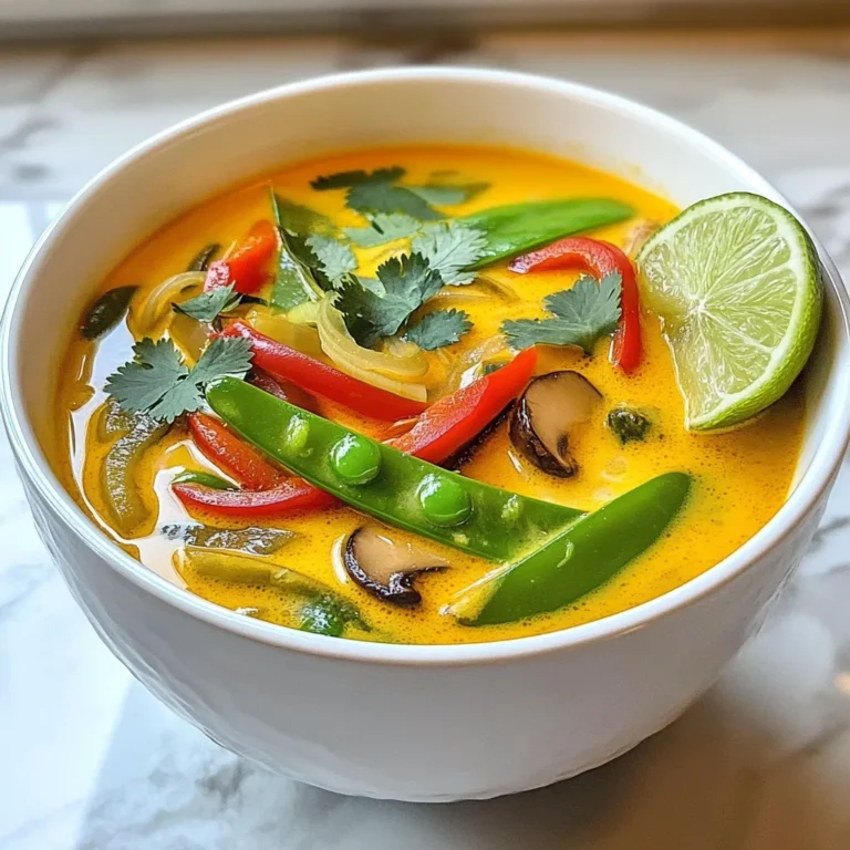To make a tasty Thai coconut curry soup, gather these key ingredients: - 1 tablespoon coconut oil - 1 medium onion, finely chopped - 2 cloves garlic, minced - 1 tablespoon ginger, grated - 2 tablespoons red curry paste - 4 cups vegetable broth - 1 can (14 oz) coconut milk - 1 cup snow peas, trimmed - 1 bell pepper (red or yellow), sliced - 1 cup mushrooms, sliced - 2 cups baby spinach - Juice of 1 lime - Fresh cilantro, for garnish - Salt and pepper to taste These ingredients create a rich and creamy soup with layers of flavor. The coconut milk gives it a smooth texture, while the red curry paste adds warmth and spice. You can make this soup your own with optional ingredients: - 1 cup cooked rice or quinoa for serving - Chopped scallions for extra flavor - Sliced jalapeños for heat - Extra vegetables like zucchini or carrots Feel free to mix in your favorite ingredients. This soup is flexible, so get creative! To prepare this dish, you will need: - A large pot - A sharp knife for chopping - A cutting board - Measuring spoons and cups Having the right tools makes cooking easier. A big pot helps with even cooking, and a good knife speeds up prep time. Enjoy your cooking journey! {{ingredient_image_1}} Start by heating 1 tablespoon of coconut oil in a large pot over medium heat. Once it melts, add 1 medium onion, finely chopped. Sauté the onion until it turns soft and clear, about 3-4 minutes. This step builds the soup's flavor. Then, stir in 2 cloves of minced garlic and 1 tablespoon of grated ginger. Cook these for about 1 minute until they smell great. Next, add 2 tablespoons of red curry paste. Sauté this mixture for 2 more minutes. Make sure everything is mixed well. After preparing the aromatics, pour in 4 cups of vegetable broth. Bring this to a gentle simmer. Once it bubbles, add 1 can of coconut milk. Stir this in until smooth. The coconut milk adds creaminess and a lovely flavor. Now, it’s time for the veggies! Add 1 cup of snow peas, 1 sliced bell pepper (you can choose red or yellow), and 1 cup of sliced mushrooms. Cook these for about 5-7 minutes. You want them to be tender but still crisp. Next, stir in 2 cups of baby spinach. Let it wilt for 1-2 minutes. Finish by squeezing the juice of 1 lime into the soup. Add salt and pepper to taste. If you like, serve the soup over 1 cup of cooked rice or quinoa for a filling meal. Don’t forget to garnish with fresh cilantro for a bright touch! To make the best Thai coconut curry soup, start with fresh ingredients. Fresh garlic, ginger, and vegetables will boost the flavor. Always sauté the aromatics well. This step makes the soup more fragrant. Use a good quality red curry paste. The paste adds depth and spice. If you want a thicker soup, add more coconut milk. This gives it a creamy texture. Also, taste as you cook. Adjust the salt and lime juice to your liking. One common mistake is cooking vegetables too long. They should stay crisp and bright. Overcooking can make them mushy. Avoid skimping on the curry paste. Too little won't give the right flavor. Also, don’t forget to add the lime juice at the end. This adds freshness to the soup. Finally, use low-sodium broth if you prefer. This allows you to control the salt better. To enhance the flavors, think about herbs and spices. Fresh cilantro is a must for garnish. It adds a bright note. You can also add a touch of soy sauce for umami. Want more heat? Add red pepper flakes or fresh chili. Serve with lime wedges for a zesty kick. If you enjoy textures, try adding nuts like cashews. They add crunch and richness to each bite. Pro Tips Use Fresh Ingredients: Opt for fresh vegetables and herbs to enhance the flavor of your soup and provide a vibrant color. Adjust the Spice Level: Feel free to modify the amount of red curry paste to suit your heat preference, adding more for a spicier soup. Experiment with Proteins: Add tofu, shrimp, or chicken for additional protein options that pair wonderfully with coconut curry. Make it Ahead: This soup tastes even better the next day as the flavors meld together, making it a great make-ahead meal. {{image_2}} If you want a vegan or vegetarian soup, use vegetable broth and coconut milk. You can skip the meat and make it plant-based. Add more veggies like carrots, zucchini, or broccoli for extra nutrition. You can also use chickpeas for protein. They add a nice texture and flavor to the soup. For meat lovers, adding chicken makes a hearty dish. Simply cook diced chicken in the pot before adding the aromatics. Tofu is excellent for a vegetarian option. Use firm tofu, cut into cubes, and sauté it until golden. Shrimp cooks quickly and adds a sweet taste. Add raw shrimp in the last few minutes of cooking for a tender bite. Different regions in Thailand put their spin on curry soup. Some use green curry paste, which adds a fresh taste. Others may add peanuts or lime leaves for unique flavors. In southern Thailand, people often use more seafood, like mussels or fish. You can mix and match ingredients based on what you have or like. This soup is versatile, so feel free to explore! After enjoying your Thai Coconut Curry Soup, let it cool. Use an airtight container for storage. This keeps the soup fresh and tasty. You can store it in the fridge for up to three days. If you want to eat it later, freezing is a great option. When you are ready to eat the soup again, heat it gently. Pour it into a pot and warm it on low heat. Stir it often to avoid sticking. If the soup seems thick, add a splash of water or broth. This helps bring back its creamy texture. Always taste before serving. Adjust the salt and pepper if needed. To freeze the soup, first cool it completely. Place it in a freezer-safe container. Leave some space at the top, as liquids expand when frozen. You can also use freezer bags for easy storage. Just remember to squeeze out the air before sealing. The soup stays good for up to three months. When you're ready to eat, thaw it in the fridge overnight. Then, reheat it on the stove for the best flavor. Red curry paste uses red chili peppers, giving it a rich, bold flavor. Green curry paste uses green chilies, making it spicier and fresher. The herbs in green paste, like basil, add brightness to dishes. You can choose based on your heat preference and dish needs. Yes, you can make this soup dairy-free easily. Instead of using coconut milk, opt for a dairy-free cream or a nut milk, like cashew or almond. These options add creaminess without dairy. Just be sure to check for added sugars or flavors that could change the soup's taste. If you need a substitute for coconut milk, consider using almond milk or cashew cream. Both options give a nice texture but will change the flavor slightly. You can also use a mix of vegetable broth and some nut butter for extra creaminess. To spice up your Thai Coconut Curry Soup, add more red curry paste or fresh chopped chilies. You can also include a pinch of cayenne pepper or a splash of hot sauce. Adjust the heat level slowly to find your perfect balance. Thai coconut curry soup offers rich flavors and easy steps to make. You learned about key ingredients, preparation, and helpful tips to perfect this dish. Don't forget to try variations like vegan options or added protein. Store leftovers properly to enjoy later and use reheating tips for the best taste. With the insights shared, you can create a delicious and customized soup to suit any palate. Enjoy your cooking and happy eating!