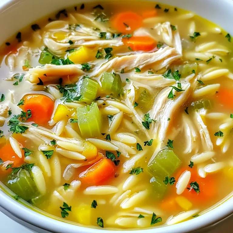 - 1 pound boneless, skinless chicken breasts - 1 cup orzo pasta - 6 cups chicken broth - 1 medium onion, diced - 3 cloves garlic, minced - 3 carrots, diced - 2 celery stalks, diced - 1 tablespoon olive oil - 1 lemon (juice and zest) - 1 teaspoon dried thyme - 1 teaspoon dried oregano - Salt and pepper to taste - Fresh parsley, chopped (for garnish) This soup shines with simple, fresh ingredients. The chicken gives protein and flavor. Orzo adds a nice texture. The chicken broth forms a rich base. For aromatics, we use onion and garlic. They bring warmth to the soup. Carrots and celery add sweetness and crunch. Seasonings elevate the soup. Olive oil provides a smooth finish. Lemon juice and zest brighten each bite. Thyme and oregano add depth. Finish with salt and pepper to balance flavors. Garnish with parsley for a pop of color. It also adds a fresh taste. Every ingredient plays a role in making this soup cozy and delicious. {{ingredient_image_1}} First, we heat the olive oil in a large pot over medium heat. I like to use a sturdy pot for even cooking. Next, add the diced onion and sauté until it becomes translucent, which takes about 3 to 4 minutes. This step creates a great base flavor. After the onions soften, stir in the minced garlic. Cook it for about one minute until it becomes fragrant. You’ll love the smell as it fills your kitchen! Now, it’s time to add some color and crunch. Stir in the diced carrots and celery. Cook these for about 5 minutes until the vegetables are softened. The carrots add sweetness, while the celery brings a nice bite. These veggies create a hearty texture in your soup. Next, we add the chicken breasts to the pot. Pour in the chicken broth, which will make the soup rich and savory. Bring the mixture to a boil. Once boiling, reduce the heat and let it simmer for 15 to 20 minutes. This simmers until the chicken is cooked through and tender. After the chicken is cooked, take it out of the pot. Using two forks, shred the chicken into bite-sized pieces. Return the shredded chicken to the pot. Now, stir in the orzo pasta, lemon juice, lemon zest, thyme, oregano, salt, and pepper. Let it simmer for another 8 to 10 minutes, or until the orzo is al dente. This means the pasta will be firm but not hard. Taste your soup and adjust the seasoning if needed. Your cozy meal is almost ready! To make your soup taste even better, try adding more herbs. Fresh herbs like thyme and parsley brighten the dish. You can also use homemade broth. It adds a rich flavor that store-bought can't match. The depth of taste from homemade broth will impress your guests. Be careful not to overcook the orzo. It should be slightly firm when you bite into it. If you want thicker soup, adjust the liquid. Add less broth for a hearty stew-like texture. For a thinner soup, just add more broth until you reach your desired consistency. Prepare your ingredients ahead of time. Chop the veggies and shred the chicken the night before. This cuts down on your cooking time. You can quickly throw everything together when you're ready to eat. This tip is great for busy weeknights! Pro Tips Use Homemade Chicken Broth: For the best flavor, consider using homemade chicken broth. It enhances the depth of the soup and makes it much more nourishing. Don’t Overcook the Orzo: Keep an eye on the orzo while it cooks, as it can become mushy if overcooked. Aim for al dente for the perfect texture. Add Veggies: Feel free to add other vegetables such as spinach or kale towards the end of cooking for added nutrition and color. Garnish for Flavor: Fresh parsley not only adds a pop of color but also brightens the flavor. Consider adding a squeeze of lemon juice just before serving for extra zest! {{image_2}} You can easily change this soup to fit your needs. For a different texture, use quinoa instead of orzo. Quinoa cooks fast and adds a nutty flavor. If you want a new protein, substitute chicken with turkey or tofu. Both options keep the soup hearty and satisfying. If you need this soup to be gluten-free, use gluten-free pasta. Many brands offer great options that work well. You can also add leafy greens like kale or spinach. They boost nutrition and add color. Just stir them in a few minutes before serving. To make it even more vibrant, consider adding fresh spinach. It wilts nicely and gives the soup a lively look. You can also experiment with different citrus fruits, like lime or orange. Each fruit adds a unique taste and brightens the soup. Enjoy the creativity! After cooking, let the soup cool down. Store leftovers in an airtight container. This keeps the flavors fresh. You can keep it refrigerated for up to 3-4 days. Make sure to check for any signs of spoilage before eating. If you want to save some for later, freezing is a great option. Freeze the soup in individual portions for convenience. This way, you can enjoy it anytime. When you are ready to eat, thaw it in the fridge before reheating. This ensures it warms evenly without losing flavor. To reheat, use the stovetop for best results. This method helps maintain the soup's texture. As it heats, add a splash of broth to restore consistency. This little trick makes your soup just as delicious as when you first made it! Making Lemon Garlic Chicken Orzo Soup takes about 50 minutes in total. This includes prep time and cooking time. You can whip it up quickly for a cozy meal. Yes, you can use store-bought chicken broth. It saves time and works well in this recipe. If you want to add more flavor, try a low-sodium option. To make it heartier, add more vegetables or beans. Chopped spinach, peas, or white beans boost texture and nutrition. Feel free to get creative with what you have at home. This post covered the key steps to make Lemon Garlic Chicken Orzo Soup. We explored the main ingredients, from chicken to aromatics, and shared tips for enhancing flavor. You're ready to make variations to suit your taste and dietary needs. Remember to store leftovers properly. With these details, you can create a delicious soup that’s both comforting and satisfying. Enjoy cooking and experimenting with this tasty recipe!