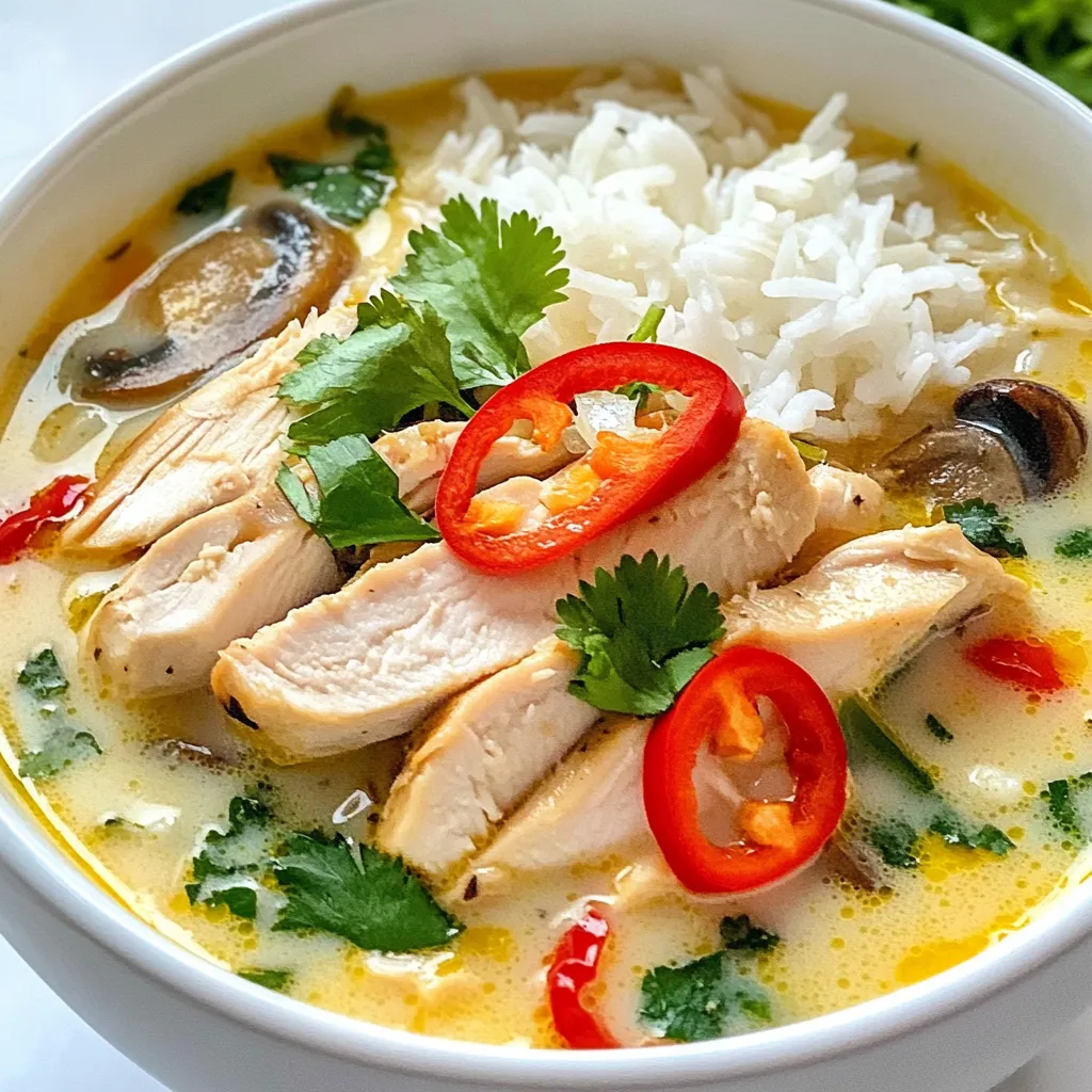 To make Thai Coconut Chicken Soup, gather these fresh ingredients: - 1 tablespoon coconut oil - 1 pound chicken breast, sliced thinly - 1 teaspoon ginger, grated - 1 teaspoon garlic, minced - 1 stalk lemon grass, bruised and chopped - 2 cups chicken broth - 1 can (14 oz) coconut milk - 1 red bell pepper, sliced - 1 cup mushrooms, sliced - 2 tablespoons fish sauce - 1 tablespoon lime juice - Fresh cilantro, for garnish - Red chili slices, for garnish - Cooked jasmine rice, for serving Choosing the right ingredients is key. Here are my top tips: - Chicken: Look for chicken breasts that are pink and firm. Avoid any with dark spots. - Vegetables: Select bright red bell peppers and firm mushrooms. They should feel fresh. - Herbs: When buying ginger and cilantro, pick ones that smell strong and vibrant. - Coconut Milk: Check the can for dents or leaks. Choose brands with natural ingredients. If you want to tweak the recipe, here are some helpful notes: - Chicken: You can swap chicken breast for thighs if you prefer darker meat. - Broth: If you want a lighter soup, use vegetable broth instead of chicken broth. - Fish Sauce: Soy sauce can work as a substitute for fish sauce if needed. - Lime Juice: Fresh lime juice gives better flavor than bottled juice. - Jasmine Rice: Any white rice or brown rice can be used if jasmine is not available. {{ingredient_image_1}} Start by gathering your ingredients. For this soup, you will need chicken breast, ginger, garlic, lemon grass, red bell pepper, and mushrooms. Slice the chicken into thin pieces. This helps it cook fast and stay tender. Grate the ginger and mince the garlic. Bruise the lemon grass to release its oils. Slice the red bell pepper and mushrooms. Keep everything ready before you start cooking. In a large pot, heat the coconut oil over medium heat. Add the chicken and cook it until it turns white, about five minutes. This step locks in the flavor. Then, add the ginger and garlic. Stir for one minute to release their aroma. Next, add the lemon grass and chicken broth. Bring this to a gentle simmer. This allows the flavors to mix well for about ten minutes. After that, pour in the coconut milk. Add the sliced red bell pepper and mushrooms. Let it simmer for another five to seven minutes. This makes the veggies soft while keeping them bright. Keep the heat at medium when cooking. If it's too high, the soup may boil too fast. This could ruin the creamy texture of the coconut milk. The total cooking time is about 30 minutes. Make sure to stir the soup every few minutes. This ensures even cooking and prevents sticking. Always taste the soup before serving. Adjust the fish sauce and lime juice as needed for balance. To make your Thai coconut chicken soup shine, use fresh herbs. Fresh cilantro adds a bright touch. Consider adding Thai basil for a unique taste. Lime leaves and kaffir lime zest can boost the flavor too. For a spicy kick, add sliced red chilies. Remember, balance is key. Don’t overload on spices; let each flavor stand out. One common mistake is overcooking the chicken. Cook just until it's no longer pink. If you cook too long, it becomes tough. Another mistake is skipping the fish sauce. It gives the soup a depth of flavor. Also, remember to remove the lemon grass before serving. Its tough texture is not pleasant to eat. Serve your soup over a scoop of jasmine rice. The rice soaks up the rich broth well. For a fun twist, add some crispy fried shallots on top. They add texture and flavor. A squeeze of fresh lime juice right before serving brightens the dish. Don’t forget to garnish with cilantro and chili slices for a pop of color. Enjoy your comforting bowl! Pro Tips Use Fresh Ingredients: Fresh herbs and vegetables will enhance the flavors of the soup significantly, making it more aromatic and delicious. Adjust Spice Level: If you prefer a milder soup, you can omit the red chili slices or use less fish sauce to reduce the saltiness. Add Extra Veggies: Feel free to incorporate other vegetables like spinach or bok choy for added nutrition and color. Perfect Rice Serving: Cooking jasmine rice with a bit of coconut milk will complement the soup beautifully, adding a subtle sweetness. {{image_2}} You can easily make this soup vegetarian or vegan. Instead of chicken, use tofu or tempeh. Both options soak up the rich flavors well. For broth, swap chicken broth with vegetable broth. This keeps the soup light yet tasty. Use soy sauce instead of fish sauce to add depth. A splash of lime juice brightens the flavor. Enjoy it with fresh herbs on top. If you prefer different proteins, shrimp or fish work great too. Shrimp cooks fast and adds a sweet note. For fish, use a meaty type like salmon or cod. Cut it into chunks and add it towards the end of cooking. This way, the fish stays tender. Each option brings its unique taste, making the soup special. Feel free to add more veggies to the soup. Broccoli, snap peas, or bok choy all fit well. Chop them into bite-sized pieces for easy eating. Add them during the last few minutes of cooking. This keeps them crisp and colorful. You can also toss in some spinach or kale for extra nutrients. Get creative and mix your favorites! To keep Thai Coconut Chicken Soup fresh, store it in an airtight container. Make sure it cools down first. Place it in the fridge if you plan to eat it within three days. For longer storage, consider freezing it. If you want to freeze the soup, it’s best to do so without the rice. The rice can become mushy when frozen. Pour the cooled soup into freezer-safe bags or containers. Label them with the date. It can last up to three months in the freezer. When you’re ready to eat, just thaw it in the fridge overnight. To reheat the soup, pour it into a pot on medium heat. Stir it well as it heats to prevent sticking. You can also use a microwave. Pour it into a microwave-safe bowl and cover it. Heat in short bursts, stirring in between. Make sure it’s hot all the way through before serving. Thai Coconut Chicken Soup, known as Tom Kha Gai, comes from Thailand. This dish blends Thai herbs and flavors. It showcases the unique taste of coconut milk with chicken and spices. The soup often has a rich, creamy texture. It draws on local ingredients like lemongrass, ginger, and fish sauce. Each region in Thailand has its own twist on this comforting soup. Yes, you can make Thai Coconut Chicken Soup in advance. Prepare the soup and let it cool first. Store it in an airtight container. This soup stays good in the fridge for about three days. You can also freeze it for up to a month. Just make sure to leave out the garnishes until serving. You can easily adjust the spice level of your soup. To make it milder, use fewer red chili slices. If you want more heat, add extra chili. You can also use a spicy chili paste for a different flavor. Remember to taste as you go. This way, you can get the perfect balance for your palate. Making Thai Coconut Chicken Soup is fun and rewarding. We covered the key ingredients, tips for selecting fresh items, and ways to measure and substitute. I shared step-by-step instructions, including prepping and cooking techniques. Remember to enhance the flavor with herbs, avoid common mistakes, and explore variations like vegetarian options. Lastly, proper storage and reheating will keep your soup tasty. With these insights, you can create a delicious dish full of flavor. Enjoy your cooking adventure!