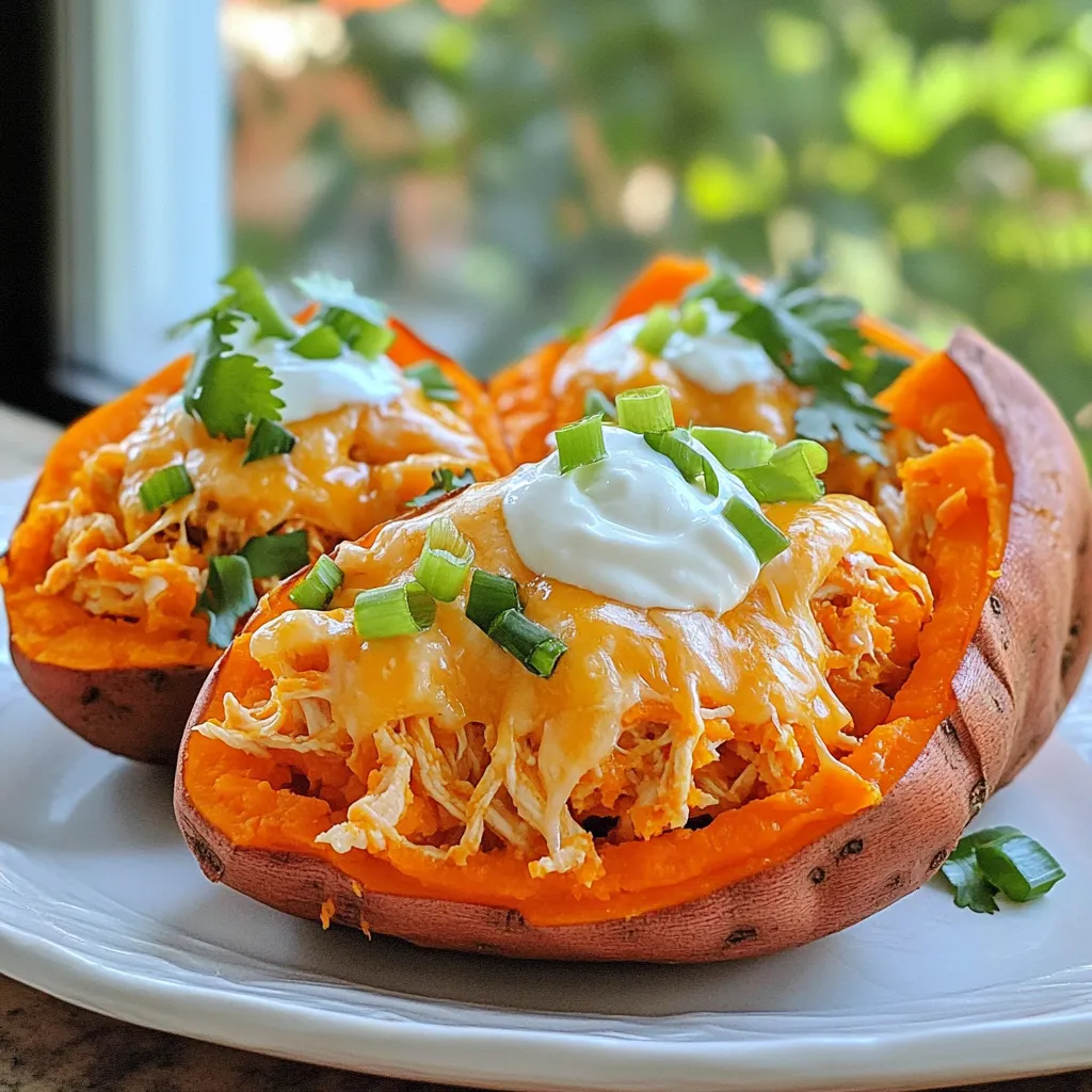 - 4 medium sweet potatoes - 2 cups shredded cooked chicken - ½ cup buffalo sauce - ½ cup Greek yogurt or sour cream - 1 cup shredded cheddar cheese - ¼ cup green onions, sliced - Salt and pepper to taste - Olive oil for drizzling - Baking sheet - Mixing bowl - Fork - Calories: 400 - Protein: 30g - Total Fat: 15g - Carbohydrates: 45g - Fiber: 6g Sweet potatoes are great. They are sweet, filling, and packed with nutrients. When you fill them with buffalo chicken, you create a tasty meal. This dish is easy to make and fun to eat. The crunchy outside and soft inside make each bite a delight. You will need to bake the sweet potatoes until they are soft. Use a fork to pierce the skin. This helps the steam escape. Olive oil and a sprinkle of salt add flavor. Once baked, you scoop out a bit of the flesh to make room for the chicken filling. For the filling, mix cooked chicken with buffalo sauce. Adjust the heat to your liking. Some like it spicy; others prefer it mild. Stir in half of the cheese for creaminess. After you fill the sweet potatoes, top them with more cheese. Baking them again allows the cheese to melt. The last step is to add a dollop of yogurt and some green onions on top. This gives a fresh touch. Buffalo chicken stuffed sweet potatoes are perfect for lunch or dinner. They are filling, tasty, and simple. Enjoy making this dish! - Preheat your oven to 400°F (200°C). - Wash the sweet potatoes well and dry them with a towel. - Pierce each potato several times with a fork. Rub them with olive oil and sprinkle with salt. - Place the sweet potatoes on a baking sheet. - Bake them for about 45-60 minutes. They should be tender when pierced with a fork. - In a mixing bowl, combine the shredded chicken with buffalo sauce. - Adjust the amount of sauce based on your spice preference. Mix it in well. - Stir in half of the shredded cheddar cheese into the mixture. - Once the sweet potatoes are cooked, take them out of the oven. - Let them cool for a few minutes before cutting them in half lengthwise. - Gently scoop out some of the flesh to make room for the filling. - Spoon the buffalo chicken mixture into each potato half, packing it in lightly. - Sprinkle the remaining cheddar cheese on top of the stuffed sweet potatoes. - Return them to the oven and bake for an additional 10-15 minutes. - Bake until the cheese is melted and bubbly. - Top each potato with a dollop of Greek yogurt or sour cream. - Garnish with sliced green onions and add salt and pepper to taste. To make your Buffalo Chicken Stuffed Sweet Potatoes milder, use less buffalo sauce. You can also mix in some Greek yogurt or sour cream. This will cool down the heat. If you crave more spice, add extra buffalo sauce. You can also sprinkle in red pepper flakes for a kick. You can cook sweet potatoes in different ways. If you want a quicker option, try the microwave. Just wash and pierce them, then microwave for 10-12 minutes. Turn them halfway through for even cooking. For the oven, stick with the original baking method. Both ways yield sweet, soft potatoes. If you wish to change the cheese, there are many options. You can use mozzarella for a milder flavor. Pepper jack cheese adds heat and creaminess. For a dairy-free choice, try nutritional yeast or a vegan cheese. Each option gives a unique taste to your dish. {{image_2}} You can swap chicken for other proteins. Tofu works well for a plant-based option. It soaks up flavors nicely. Try using shredded jackfruit for a unique texture. For dairy-free meals, use coconut yogurt instead of Greek yogurt. Nutritional yeast can replace cheese for a cheesy taste without dairy. Experiment with different hot sauces like sriracha or chipotle sauce. You can also add spices like smoked paprika or garlic powder to the chicken mix. For toppings, consider crispy bacon or diced avocado. Chopped jalapeños add heat, while fresh cilantro gives a fresh twist. Pair your stuffed sweet potatoes with a fresh salad or roasted veggies. Serve with dips like ranch or guacamole for extra flavor. A side of tortilla chips offers a crunchy contrast. For a hearty meal, add black beans or corn to the mix. To store leftovers, let the stuffed sweet potatoes cool first. Place them in an airtight container. They will stay fresh in the fridge for about 3 to 4 days. If you want to keep them longer, freeze them instead. For freezing, wrap each stuffed sweet potato in plastic wrap. Then, place them in a freezer-safe bag or container. They can last up to 3 months in the freezer. Label them with the date to track their freshness. To reheat, the best way is to bake them. Preheat your oven to 350°F (175°C). Place the sweet potatoes on a baking sheet. Bake for about 20 to 25 minutes. This method keeps the skin crispy and the filling warm. You can also microwave them if you're short on time. Just cover with a damp paper towel and heat for 2-3 minutes, but this may make the skin soft. Buffalo Chicken Stuffed Sweet Potatoes can last about 3 to 5 days in the fridge. Store them in an airtight container to keep them fresh. When you're ready to eat, simply reheat them in the oven or microwave. Yes, you can prepare these sweet potatoes ahead of time. Bake the sweet potatoes and prepare the buffalo chicken filling. Store both separately in the fridge. When you're ready, just stuff the potatoes and bake them with cheese on top. If you don’t have Greek yogurt, sour cream is a great substitute. You can also use plain yogurt or a dairy-free option like cashew cream. Each of these will still give your stuffed sweet potatoes that creamy touch. No, you should not use raw sweet potatoes. They need to be cooked until tender. Baking them at 400°F (200°C) for 45 to 60 minutes makes them soft and ready for stuffing. Buffalo Chicken Stuffed Sweet Potatoes are an easy and tasty meal. You need just a few simple ingredients and steps to make this dish. From baking sweet potatoes to mixing the filling, it's all straightforward. Don’t forget tips for spice levels and ingredient swaps. Enjoy this dish fresh or as leftovers. It’s versatile and satisfying. I hope you try it soon and explore your own variations!