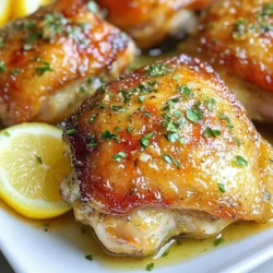 - Chicken thighs and butter requirements - 4 bone-in, skin-on chicken thighs - 4 tablespoons unsalted butter - Garlic and herb specifications - 5 cloves garlic, minced - 1 teaspoon dried thyme - 1 teaspoon dried rosemary - Spices and garnishment details - 1 teaspoon smoked paprika - Salt and pepper to taste - 1 tablespoon fresh parsley, chopped (for garnish) - Lemon wedges (for serving) These ingredients come together to create a dish that is both rich and flavorful. The chicken thighs provide a juicy base. The butter adds a creamy texture. Garlic brings a punch of aroma. Thyme and rosemary lend earthy notes. Smoked paprika adds a hint of warmth. This mix of flavors makes each bite special. As you gather these ingredients, think about how they blend. The butter will melt into the chicken, creating a lovely sauce. Fresh parsley not only adds color but also brightens the dish. Lemon wedges will enhance the flavors when served. Use fresh herbs for the best taste. However, dried herbs work in a pinch. Feel free to adjust the spices based on your taste. This recipe is about making it your own while keeping it simple and enjoyable. {{ingredient_image_1}} 1. Preheat your oven to 400°F (200°C). This high heat helps the chicken cook evenly. 2. Pat the chicken thighs dry with paper towels. This step keeps the skin crispy. 3. Season both sides of the chicken with salt, pepper, and smoked paprika. Use enough to cover well. 4. In an oven-safe skillet, melt 4 tablespoons of unsalted butter over medium heat. 5. Once the butter melts, add 5 cloves of minced garlic. Sauté for about 1 minute until fragrant. 6. Add 1 teaspoon each of dried thyme and rosemary. Stir well to mix the herbs into the butter. 7. Increase the heat to medium-high. Place the seasoned chicken thighs skin-side down in the butter mixture. 8. Sear for about 5-7 minutes. Look for a golden-brown skin before flipping. 1. After searing, flip the chicken thighs over. Spoon some garlic butter over the top. 2. Transfer the skillet to the preheated oven. Roast for 25-30 minutes. 3. Check the chicken’s internal temperature. It should reach 165°F (75°C) for safe eating. 4. Remove the skillet from the oven. Let the chicken rest for 5-10 minutes. 5. Before serving, sprinkle fresh parsley on top. Serve with lemon wedges for a zesty touch. - Best practices for seasoning chicken: Always start by patting the chicken thighs dry. This helps the skin get crispy. Generously season both sides with salt, pepper, and smoked paprika. The paprika adds a nice smoky flavor that enhances the dish. - Optimal ways to achieve crispy skin: Searing the chicken thighs skin-side down in hot garlic butter is key. Let them cook for about 5-7 minutes without moving them. This will create a golden crust. The higher heat helps render the fat from the skin, making it crispy. - Importance of resting chicken after cooking: Letting the chicken rest for 5-10 minutes after cooking is essential. This allows the juices to redistribute. If you cut into it too soon, the juices will run out, and the chicken will be dry. - Ideas for side dishes to pair with the chicken: Garlic butter herb chicken pairs well with roasted vegetables, rice pilaf, or a fresh green salad. You can also serve it with creamy mashed potatoes for a comforting meal. - Plating and presentation tips for an appealing dish: Serve the chicken on a rustic wooden board or a large platter. Drizzle the garlic butter sauce over the top. Garnish with freshly chopped parsley and lemon wedges. This adds color and makes the dish look inviting. Pro Tips Pat Dry for Crispiness: Ensure to pat the chicken thighs dry with paper towels before seasoning. This helps achieve a beautifully crispy skin when searing. Don't Rush the Sear: Allow the chicken thighs to sear undisturbed for the full 5-7 minutes. This locks in moisture and creates a golden-brown crust. Monitor Internal Temperature: Use a meat thermometer to check for doneness. Chicken thighs should reach an internal temperature of 165°F (75°C) for safe consumption. Resting is Key: Let the chicken rest for 5-10 minutes after roasting. This allows the juices to redistribute, ensuring moist and flavorful meat. {{image_2}} You can easily change the flavors in this dish. Try using fresh herbs like thyme or rosemary instead of dried ones. Fresh herbs add a bright taste. You can also use Italian herbs for a different twist. Mix in basil or oregano for a unique flavor. If you want to swap out the chicken, boneless, skinless chicken thighs work well too. They cook faster and stay juicy. Chicken breasts are another option, but keep in mind they may dry out quicker. You have options for cooking the chicken thighs. Grilling them adds a smoky flavor. To grill, marinate the chicken in the garlic butter mix before cooking. Grill over medium heat for about 20 minutes, flipping halfway through. Baking in the oven is another great choice. It keeps the chicken moist and allows the skin to crisp up. Just follow the steps in the recipe for an easy bake. For a quicker meal, use an Instant Pot. Season the chicken and place it in the pot with the garlic butter. Cook on high pressure for 10 minutes, then let it naturally release. This method saves time while keeping the chicken tender and tasty. To keep your garlic butter herb chicken thighs fresh, store them properly. Place the cooked chicken in an airtight container. This helps to keep moisture in and odors out. If you have a lot of leftovers, you can freeze them. Wrap each thigh tightly in plastic wrap and then place them in a freezer bag. This extra step prevents freezer burn. When you want to reheat, do it gently. Use the oven set at 350°F (175°C) for best results. Cover the chicken with foil to keep it moist. Heat for about 15 to 20 minutes. You want to warm it, not dry it out. In the fridge, your garlic butter herb chicken thighs last about 3 to 4 days. After that, they may not be safe to eat. Always check for signs of spoilage. Look for off smells, discoloration, or a slimy texture. If any of these signs appear, toss the chicken. Better safe than sorry! What is the best way to know when chicken is fully cooked? The best way to check chicken doneness is by using a meat thermometer. Insert it into the thickest part of the thigh. The chicken should reach 165°F (75°C) for safe eating. This method is reliable and ensures juicy chicken. Can I make this recipe with chicken breasts instead? Yes, you can use chicken breasts. Make sure to adjust the cooking time. Chicken breasts can dry out faster than thighs. Cook them until they reach 165°F (75°C) but check them earlier, about 20-25 minutes. What should I serve with garlic butter herb chicken thighs? This dish pairs well with many sides. Roasted vegetables, mashed potatoes, or a fresh salad complement the rich flavors. For a simple option, serve it with rice or quinoa to soak up the garlic butter sauce. How to adjust the spices for different flavor profiles? You can modify the spices to match your taste. For a kick, add cayenne pepper or chili flakes. If you prefer a fresh taste, try adding fresh herbs like basil or cilantro. Experiment to find what you love. Can this dish be made ahead of time? If so, how? Yes, you can prepare this dish ahead. Cook the chicken and let it cool. Store in an airtight container in the fridge for up to three days. Reheat in the oven or skillet, adding a little butter to keep it moist. This blog post shared how to make delicious garlic butter herb chicken thighs. We went over the key ingredients, from chicken thighs to spices. You learned easy steps for prepping and cooking the chicken. I offered tips for seasoning and achieving that crispy skin. I also shared serving ideas and ways to adapt the recipe. Finally, we covered storage and answered common questions. Cooking can be simple and fun. Now, you can enjoy tasty meals and impress your friends!