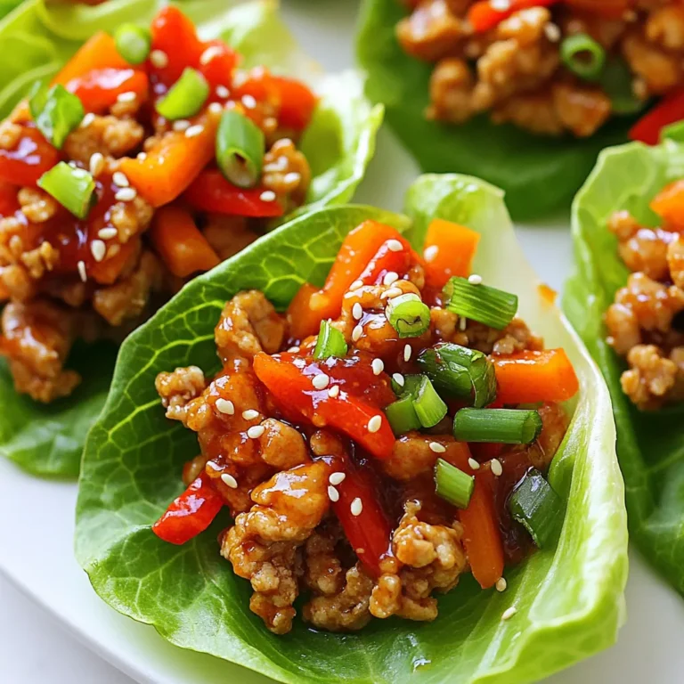 To make sweet chili chicken lettuce cups, you need the following: - 1 lb (450g) ground chicken - 1 tablespoon sesame oil - 2 garlic cloves, minced - 1 inch piece of ginger, grated - 3 tablespoons sweet chili sauce - 2 tablespoons soy sauce - 1 tablespoon rice vinegar - 1 cup red bell pepper, finely diced - 1 cup carrots, shredded - ½ cup green onions, sliced - 1 head of butter lettuce or iceberg lettuce, leaves separated - 1 tablespoon sesame seeds (for garnish) These tools can make your cooking easier: - A large skillet for cooking - A spatula for stirring - A grater for ginger - A knife and cutting board for veggies - Measuring spoons for accuracy You can swap ingredients to fit your taste: - Use turkey instead of chicken for a lean option. - Swap sesame oil for olive oil if needed. - Try lime juice instead of rice vinegar for a different taste. - Use any color bell pepper you like. - For crunch, add chopped nuts like peanuts or cashews. {{ingredient_image_1}} 1. First, heat 1 tablespoon of sesame oil in a large skillet over medium heat. 2. Next, add 2 minced garlic cloves and 1 inch of grated ginger. Sauté for 1 minute. 3. Now, add 1 pound of ground chicken to the skillet. Cook for 5-7 minutes. Break it apart with a spatula until it’s browned and cooked through. 4. Stir in 3 tablespoons of sweet chili sauce, 2 tablespoons of soy sauce, and 1 tablespoon of rice vinegar. Mix well. 5. Add 1 cup of finely diced red bell pepper and 1 cup of shredded carrots. Cook for 2-3 minutes until the veggies are tender. 6. Remove the skillet from heat and stir in ½ cup of sliced green onions. 7. To serve, spoon the chicken mixture into the center of each lettuce leaf. Fold it like a taco. 8. Finally, sprinkle with 1 tablespoon of sesame seeds for crunch and garnish. - Use fresh garlic and ginger for a stronger taste. - Adjust sweet chili sauce based on your spice preference. - Let the mixture cool a bit before serving to enhance flavors. - Arrange the filled lettuce cups on a nice platter. - Drizzle some extra sweet chili sauce over the top. - Add more sesame seeds for a pretty finish. One mistake many make is overcooking the chicken. Cook it just until it turns brown. This keeps it juicy. Another mistake is not prepping your veggies first. Prepare the bell pepper and carrots ahead of time. This makes cooking go smoothly. To boost flavors, use fresh garlic and ginger. Their taste stands out more than dried spices. You can also try adding lime juice for a zesty twist. A splash of lime brightens every bite. For added crunch, include chopped nuts like peanuts. Start by heating the skillet well before adding oil. This helps the chicken brown evenly. Use a spatula to break up the meat as it cooks. Make sure you mix in the sauces well. This ensures every bite is packed with flavor. Pro Tips Use Fresh Ingredients: Fresh vegetables and herbs will enhance the flavor and crunch of your lettuce cups, making them more enjoyable. Adjust Spice Levels: If you prefer more heat, add some chopped fresh chilies or a dash of sriracha to the chicken mixture. Make Ahead: Prepare the chicken filling in advance and store it in the refrigerator for up to 2 days. Just reheat before serving! Experiment with Fillings: Feel free to mix in other vegetables like zucchini or mushrooms for added texture and flavor variety. {{image_2}} You can easily make Sweet Chili Chicken Lettuce Cups vegetarian. Use 1 pound of diced firm tofu instead of ground chicken. Tofu absorbs flavors well, so marinate it in sweet chili sauce and soy sauce for extra taste. Cook it just like you would the chicken. You can also add chopped mushrooms for a meaty texture. To make these lettuce cups gluten-free, use tamari instead of soy sauce. Tamari is a gluten-free soy sauce that gives the same taste. Always check the label on your sweet chili sauce to ensure it is gluten-free. This small change keeps the dish tasty and safe for gluten-free diets. If you like spice, feel free to amp it up! Add chopped fresh chili peppers when you cook the garlic and ginger. You can also sprinkle in some red pepper flakes with the chicken. For a different kick, drizzle some sriracha over the finished cups. Adjust the heat to fit your taste buds, and enjoy! After you enjoy your Sweet Chili Chicken Lettuce Cups, store leftovers in an airtight container. This keeps them fresh for later. Make sure to separate the chicken mixture from the lettuce leaves. The lettuce wilts quickly, so store it apart to keep it crisp. When it’s time to eat your leftovers, here’s how to reheat them. Use a skillet over medium heat. Add the chicken mixture and stir until it’s hot. This method helps keep the flavors intact. Avoid the microwave if you can, as it can make the chicken dry. Leftovers last in the fridge for up to three days. If you want to store them longer, consider freezing the chicken mixture. It stays good for about three months in the freezer. Just remember to thaw it overnight in the fridge before reheating. Enjoy your tasty meal anytime! I recommend using butter lettuce or iceberg lettuce. These types are soft and sturdy. They hold the filling well without tearing. Butter lettuce has a nice, sweet taste. Iceberg adds a crisp, cool crunch. Both options make great cups for your filling. Yes, you can meal prep these lettuce cups. Cook the chicken mixture ahead of time. Store it in an airtight container in the fridge. You can keep it fresh for up to three days. When ready to eat, simply spoon the mix into the lettuce leaves. This makes for a quick and easy meal. You can easily change the flavors to suit your family’s taste. Try adding more sweet chili sauce for extra sweetness. If you like spice, add some chopped chilies or sriracha. You can also mix in different veggies like cucumbers or corn. Get creative and make it your own! In this article, we explored key ingredients, cooking steps, and helpful tips for making delicious Sweet Chili Chicken Lettuce Cups. You learned about substitutions and how to avoid common mistakes. Remember, you can enhance flavors and try new variations, like gluten-free or spicy options. Proper storage and reheating will keep your meal fresh and tasty. With these insights, you now have the tools to create a wonderful dish for any occasion. Happy cooking!