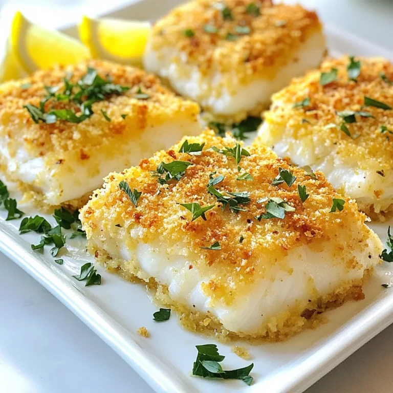- 4 cod fillets (approximately 6 oz each) - 1 cup panko bread crumbs - 1/2 cup grated Parmesan cheese - 2 tablespoons fresh parsley, chopped - 2 tablespoons lemon juice - 2 cloves garlic, minced - 1 teaspoon paprika - 1 teaspoon dried oregano - Salt and pepper to taste - 2 tablespoons olive oil - Lemon wedges for serving In this recipe, I use fresh cod fillets. They are mild and flaky. Panko bread crumbs give a nice crunch. Parmesan cheese adds a rich flavor. Fresh parsley brightens the dish. Lemon juice gives a zesty kick. Garlic adds a warm, savory taste. For seasoning, I use paprika and oregano. They give warmth and aroma. Salt and pepper make everything taste better. Olive oil helps the crumbs stick and crisp up. I like to serve this dish with lemon wedges. They add freshness when you squeeze them over the cod. When you gather these ingredients, you set yourself up for success. They work together to create a tasty, golden dish. {{ingredient_image_1}} - Step 1: Preheat your oven to 400°F (200°C). Line a baking dish with parchment paper. This makes cleanup easy. - Step 2: In a large bowl, mix together the panko bread crumbs, Parmesan cheese, parsley, garlic, paprika, oregano, salt, and pepper. Stir well to combine. - Step 3: Pat the cod fillets dry with paper towels. Place them in the prepared baking dish. Drizzle lemon juice over each fillet. Sprinkle salt and pepper on top. - Step 4: Press the breadcrumb mixture evenly onto the top of each cod fillet. Make sure each fillet has a nice crust. - Step 5: Bake the cod fillets in the preheated oven for 15-20 minutes. Check for doneness; the cod should flake easily with a fork. The crust should turn golden brown. - Step 6: Once done, take the cod out of the oven. Let it cool for a few minutes before serving. Enjoy your delicious Baked Parmesan Crusted Cod! - Best practices for selecting fresh cod: Look for cod fillets that are firm and shiny. The flesh should be white, with no brown spots. Fresh cod smells like the sea, not fishy. If you can, buy from a trusted fish market. - Ensuring the crust stays crispy: Use panko bread crumbs for a light and crunchy texture. Drizzle olive oil evenly over the crumbs to help them crisp up. Avoid packing the crumbs too tightly on the fish; this allows hot air to circulate. - Ideal side dishes for Baked Parmesan Crusted Cod: Serve with steamed vegetables like broccoli or asparagus. A light salad with fresh greens and a lemon vinaigrette pairs well too. For a heartier option, try roasted potatoes or a creamy risotto. - How to present the dish attractively: Use a large white platter for a clean look. Arrange the cod fillets neatly and garnish with fresh parsley. Add lemon wedges around the dish for color and brightness. - Adjusting spice levels to taste: If you like heat, add some red pepper flakes to the breadcrumb mix. For a milder flavor, skip the paprika. Always taste as you go to find your perfect balance. - Substituting herbs and cheese options: Mix in fresh dill or basil for a different flavor. You can also swap Parmesan for Pecorino Romano or even a sharp cheddar. Each cheese brings its own unique taste to the dish. Pro Tips Use Fresh Ingredients: Fresh cod fillets and quality Parmesan cheese will greatly enhance the flavor of your dish. Customize the Crust: Feel free to add herbs or spices of your choice to the breadcrumb mixture for a unique flavor profile. Check for Doneness: Cod is cooked when it flakes easily with a fork and reaches an internal temperature of 145°F (63°C). Let it Rest: Allow the baked cod to rest for a few minutes before serving; this helps the juices redistribute for a moist fillet. {{image_2}} You can easily change up the flavors in this dish. Adding fresh herbs can bring new life to your cod. Consider using basil, dill, or thyme for a fresh twist. Each herb adds its own unique taste. You can also experiment with different cheeses. Try using feta or goat cheese for a tangy flavor. Mixing in a bit of cheddar can give a sharper taste. These simple changes can make your dish exciting and new. You can choose different cooking methods to achieve different crust textures. Broiling is a great option if you want a crispier crust. It cooks the top quickly and gives a nice brown color. Baking is perfect for a gentler cooking method. It allows the fish to cook evenly and stay moist. If you're short on time, consider using an air fryer. It cooks faster and still keeps the crust crunchy. Each method has its benefits, so choose what works best for you. If you need a gluten-free option, there are great substitutes for panko breadcrumbs. You can use crushed gluten-free crackers or almond flour instead. These options still give a nice texture to the crust. If you want to switch proteins, many fish work well. Try tilapia or haddock as a substitute for cod. You can also use chicken breast for a different meal. These changes keep the dish tasty while fitting your diet. To keep your baked Parmesan crusted cod fresh, refrigerate leftovers right away. Place the cod in an airtight container. You can also wrap it tightly in plastic wrap. This helps avoid any unwanted air. Store it in the fridge for up to three days. When reheating, I recommend using the oven. It keeps the crust crispy. Preheat your oven to 350°F (175°C). Place the cod on a baking tray. Cover it loosely with foil to prevent drying. Bake for about 10-15 minutes. If you use a microwave, the crust may get soggy. Heat it on low power for short bursts instead. To freeze baked cod, let it cool completely first. Wrap each piece tightly in plastic wrap. Then, place it in a freezer-safe bag. This keeps it fresh for up to three months. When you're ready to eat, thaw it in the fridge overnight. Reheat it in the oven for the best results. How long to bake cod for the best results? Bake your cod at 400°F for about 15-20 minutes. The fish is done when it flakes easily with a fork. It’s important to check it after 15 minutes to avoid overcooking. Can I use frozen cod fillets for this recipe? Yes, you can use frozen cod. Just thaw it completely before cooking. This helps the fish cook evenly and absorb the flavors better. What alternative ingredients can I use? You can swap panko bread crumbs with regular bread crumbs. Almond flour or crushed crackers can also work well. For the cheese, try using Asiago or Romano instead of Parmesan. Can I make it without Parmesan cheese? Yes, you can skip the cheese. Use a mix of breadcrumbs and herbs for flavor. Nutritional yeast can be a great cheese substitute if you're looking for a cheesy taste without dairy. Why is my cod not flaky? If your cod is tough, it may be overcooked. Always check for doneness at 15 minutes. Cod should be opaque and flake easily. What to do if the crust is not browning? If the crust doesn’t brown, try broiling it for the last 2-3 minutes. Keep an eye on it to prevent burning. This will give you that nice golden color and crisp texture. Baked Parmesan Crusted Cod is simple and tasty. You learned about key ingredients like fresh cod, panko breadcrumbs, and Parmesan. I walked you through the steps to prepare and bake it perfectly. Tips on keeping the crust crisp and serving ideas added more value. You now have variations to try and storage tips to keep leftovers fresh. This dish is great for any meal. Experiment with flavors and enjoy cooking your own delicious cod.