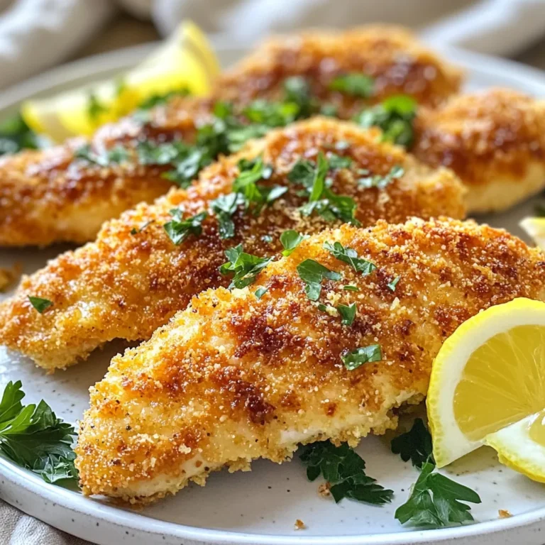 - 4 boneless, skinless chicken breasts - 1 cup grated Parmesan cheese - 1 cup breadcrumbs (preferably panko for extra crunch) - 2 tablespoons fresh parsley, chopped - 1 teaspoon garlic powder - 1 teaspoon onion powder - ½ teaspoon black pepper - ½ teaspoon salt - 2 large eggs - 2 tablespoons olive oil - 1 tablespoon Dijon mustard Each serving of Parmesan Crusted Chicken has about 350 calories. It contains around 25 grams of protein, which helps build strong muscles. The dish has about 22 grams of fat, mostly from the olive oil and cheese. It provides a good dose of calcium from the Parmesan, which is great for your bones. If you want to lower carbs, skip the breadcrumbs or use almond flour. Always check with your doctor for specific dietary needs. {{ingredient_image_1}} First, you need to preheat your oven to 400°F (200°C). This step is key for cooking the chicken evenly. While the oven heats, line a baking sheet with parchment paper. This makes cleaning up much easier later. Next, grab a shallow bowl. In it, mix together the grated Parmesan cheese, breadcrumbs, chopped parsley, garlic powder, onion powder, black pepper, and salt. Stir well until everything blends together nicely. This mixture will give the chicken its tasty crust. Now, take two large eggs and crack them into another bowl. Whisk them together. If you want extra flavor, add Dijon mustard to the eggs. Dip each chicken breast into the egg mixture first. Let any extra egg drip off. Then, coat the chicken in the Parmesan breadcrumb mix. Press gently so the coating sticks well. Heat two tablespoons of olive oil in a big skillet over medium heat. Once hot, carefully add the coated chicken breasts. Sear each side for about 2-3 minutes until they turn a golden brown. This step adds flavor and texture to the chicken. After searing, transfer the chicken to your prepared baking sheet. Place it in the preheated oven. Bake for 15-20 minutes. The chicken should reach an internal temperature of 165°F (74°C) when done. This ensures it’s safe to eat. Let the chicken rest for a few minutes before slicing. To get that perfect crunch, use panko breadcrumbs. They are lighter and crispier than regular ones. Mix the breadcrumbs with grated Parmesan cheese and spices. Press the mixture onto the chicken firmly. This helps it stick and forms a great crust. Searing the chicken in hot olive oil makes a big difference too. It locks in juices and adds color. For this recipe, you need a few simple tools. A shallow bowl works well for the egg mixture. Use another bowl for mixing the cheese and breadcrumbs. A skillet is essential for searing the chicken. Finally, a baking sheet lined with parchment paper makes cleanup easy. These tools help you work faster and keep your kitchen tidy. Marinades can add great flavor to your chicken. A simple mix of olive oil, lemon juice, and garlic is perfect. Let the chicken marinate for at least 30 minutes. This helps the flavors soak in. You can also add herbs like thyme or rosemary for extra taste. Always remember, a good seasoning balance makes your Parmesan crust even better. Pro Tips Use Fresh Ingredients: Fresh parsley and high-quality Parmesan cheese will enhance the flavor of your dish, making it more aromatic and delicious. Double Coat for Extra Crunch: For an even crunchier texture, after the first coating of breadcrumbs, dip the chicken back into the egg mixture and coat it again in the breadcrumbs. Resting Time is Key: Allow the chicken to rest for a few minutes after baking. This helps the juices redistribute, keeping the chicken moist. Serve with a Sauce: Consider serving the chicken with a marinara or garlic butter sauce on the side for an added layer of flavor. {{image_2}} You can switch up the cheese for a fun twist. Try using mozzarella for that gooey stretch. Or use cheddar for a sharper taste. If you want something bolder, blue cheese adds a nice zing. Each cheese gives a unique flavor and texture to the chicken. If you need a gluten-free option, use gluten-free breadcrumbs. You can also crush rice crackers or cornflakes for a crunchy coating. These options work well and keep the dish tasty. Make sure the Parmesan cheese is gluten-free too, as some brands may add fillers. You can boost nutrition by adding veggies. Try slicing zucchini or bell peppers to bake alongside the chicken. This adds color and flavor. You can also mix in spinach into the breadcrumb coating. It gives a nice touch and makes the meal more balanced. To store leftover Parmesan crusted chicken, let it cool down first. Place the chicken in an airtight container. Keep it in the fridge for up to three days. This keeps the chicken fresh and tasty. If you want to enjoy it later, proper storage is key. When it’s time to eat your leftovers, preheat your oven to 350°F (175°C). Place the chicken on a baking sheet. Cover it with foil to keep it moist. Bake for about 10-15 minutes or until heated through. If you prefer, you can use a microwave. Heat it on medium power for 1-2 minutes, checking often. This method is fast but may make the coating less crispy. If you want to save the chicken for a longer time, freezing is a great option. Wrap each piece tightly in plastic wrap. Then, place them in a freezer bag. Squeeze out as much air as possible. Label the bag with the date. You can freeze the chicken for up to three months. To reheat, thaw it overnight in the fridge before using the oven method. This way, you can enjoy your delicious chicken anytime! Parmesan Crusted Chicken takes about 35 minutes to cook. You’ll spend 15 minutes prepping and 20 minutes baking. The key is to ensure the chicken reaches 165°F inside. Cooking time may vary based on your oven. Yes, you can use chicken thighs. They stay juicy and tender, which adds great flavor. Just adjust the cooking time slightly, as thighs may take a bit longer to cook through. Many sides go well with this dish. Here are a few ideas: - Roasted vegetables - Garlic mashed potatoes - Caesar salad - Steamed broccoli - Rice pilaf These sides add color and balance to your meal. You can prepare this dish ahead of time. Coat the chicken and store it in the fridge for up to 24 hours. When ready, just bake it straight from the fridge. This makes meal prep easy and quick! You’ve learned the key ingredients for Parmesan Crusted Chicken, along with detailed steps to prepare it. I shared tips for perfect crispiness and fun variations to suit your taste. Remember, storing leftovers correctly keeps your dish fresh. This meal is not just tasty; it’s versatile and easy to make. Enjoy cooking and sharing this dish with family and friends. Each bite will make your effort worth it!