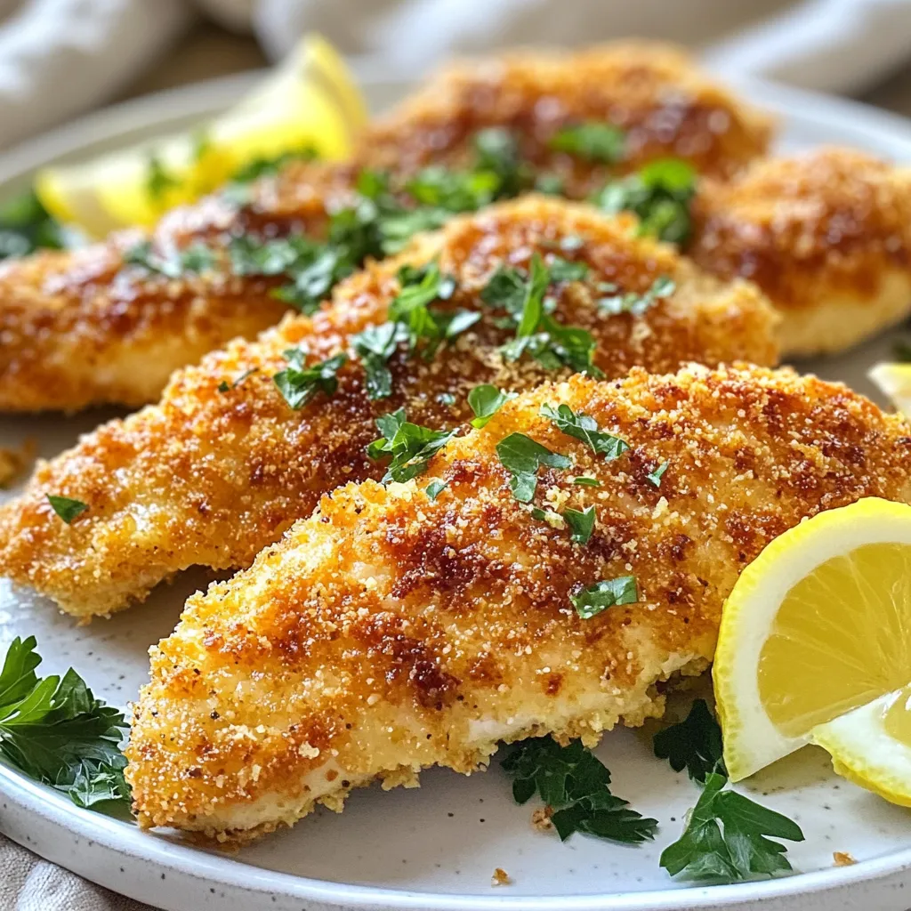 - 4 boneless, skinless chicken breasts - 1 cup grated Parmesan cheese - 1 cup breadcrumbs (preferably panko for extra crunch) - 2 tablespoons fresh parsley, chopped - 1 teaspoon garlic powder - 1 teaspoon onion powder - ½ teaspoon black pepper - ½ teaspoon salt - 2 large eggs - 2 tablespoons olive oil - 1 tablespoon Dijon mustard Each serving of Parmesan Crusted Chicken has about 350 calories. It contains around 25 grams of protein, which helps build strong muscles. The dish has about 22 grams of fat, mostly from the olive oil and cheese. It provides a good dose of calcium from the Parmesan, which is great for your bones. If you want to lower carbs, skip the breadcrumbs or use almond flour. Always check with your doctor for specific dietary needs. {{ingredient_image_1}} First, you need to preheat your oven to 400°F (200°C). This step is key for cooking the chicken evenly. While the oven heats, line a baking sheet with parchment paper. This makes cleaning up much easier later. Next, grab a shallow bowl. In it, mix together the grated Parmesan cheese, breadcrumbs, chopped parsley, garlic powder, onion powder, black pepper, and salt. Stir well until everything blends together nicely. This mixture will give the chicken its tasty crust. Now, take two large eggs and crack them into another bowl. Whisk them together. If you want extra flavor, add Dijon mustard to the eggs. Dip each chicken breast into the egg mixture first. Let any extra egg drip off. Then, coat the chicken in the Parmesan breadcrumb mix. Press gently so the coating sticks well. Heat two tablespoons of olive oil in a big skillet over medium heat. Once hot, carefully add the coated chicken breasts. Sear each side for about 2-3 minutes until they turn a golden brown. This step adds flavor and texture to the chicken. After searing, transfer the chicken to your prepared baking sheet. Place it in the preheated oven. Bake for 15-20 minutes. The chicken should reach an internal temperature of 165°F (74°C) when done. This ensures it’s safe to eat. Let the chicken rest for a few minutes before slicing. To get that perfect crunch, use panko breadcrumbs. They are lighter and crispier than regular ones. Mix the breadcrumbs with grated Parmesan cheese and spices. Press the mixture onto the chicken firmly. This helps it stick and forms a great crust. Searing the chicken in hot olive oil makes a big difference too. It locks in juices and adds color. For this recipe, you need a few simple tools. A shallow bowl works well for the egg mixture. Use another bowl for mixing the cheese and breadcrumbs. A skillet is essential for searing the chicken. Finally, a baking sheet lined with parchment paper makes cleanup easy. These tools help you work faster and keep your kitchen tidy. Marinades can add great flavor to your chicken. A simple mix of olive oil, lemon juice, and garlic is perfect. Let the chicken marinate for at least 30 minutes. This helps the flavors soak in. You can also add herbs like thyme or rosemary for extra taste. Always remember, a good seasoning balance makes your Parmesan crust even better. Pro Tips Use Fresh Ingredients: Fresh parsley and high-quality Parmesan cheese will enhance the flavor of your dish, making it more aromatic and delicious. Double Coat for Extra Crunch: For an even crunchier texture, after the first coating of breadcrumbs, dip the chicken back into the egg mixture and coat it again in the breadcrumbs. Resting Time is Key: Allow the chicken to rest for a few minutes after baking. This helps the juices redistribute, keeping the chicken moist. Serve with a Sauce: Consider serving the chicken with a marinara or garlic butter sauce on the side for an added layer of flavor. {{image_2}} You can switch up the cheese for a fun twist. Try using mozzarella for that gooey stretch. Or use cheddar for a sharper taste. If you want something bolder, blue cheese adds a nice zing. Each cheese gives a unique flavor and texture to the chicken. If you need a gluten-free option, use gluten-free breadcrumbs. You can also crush rice crackers or cornflakes for a crunchy coating. These options work well and keep the dish tasty. Make sure the Parmesan cheese is gluten-free too, as some brands may add fillers. You can boost nutrition by adding veggies. Try slicing zucchini or bell peppers to bake alongside the chicken. This adds color and flavor. You can also mix in spinach into the breadcrumb coating. It gives a nice touch and makes the meal more balanced. To store leftover Parmesan crusted chicken, let it cool down first. Place the chicken in an airtight container. Keep it in the fridge for up to three days. This keeps the chicken fresh and tasty. If you want to enjoy it later, proper storage is key. When it’s time to eat your leftovers, preheat your oven to 350°F (175°C). Place the chicken on a baking sheet. Cover it with foil to keep it moist. Bake for about 10-15 minutes or until heated through. If you prefer, you can use a microwave. Heat it on medium power for 1-2 minutes, checking often. This method is fast but may make the coating less crispy. If you want to save the chicken for a longer time, freezing is a great option. Wrap each piece tightly in plastic wrap. Then, place them in a freezer bag. Squeeze out as much air as possible. Label the bag with the date. You can freeze the chicken for up to three months. To reheat, thaw it overnight in the fridge before using the oven method. This way, you can enjoy your delicious chicken anytime! Parmesan Crusted Chicken takes about 35 minutes to cook. You’ll spend 15 minutes prepping and 20 minutes baking. The key is to ensure the chicken reaches 165°F inside. Cooking time may vary based on your oven. Yes, you can use chicken thighs. They stay juicy and tender, which adds great flavor. Just adjust the cooking time slightly, as thighs may take a bit longer to cook through. Many sides go well with this dish. Here are a few ideas: - Roasted vegetables - Garlic mashed potatoes - Caesar salad - Steamed broccoli - Rice pilaf These sides add color and balance to your meal. You can prepare this dish ahead of time. Coat the chicken and store it in the fridge for up to 24 hours. When ready, just bake it straight from the fridge. This makes meal prep easy and quick! You’ve learned the key ingredients for Parmesan Crusted Chicken, along with detailed steps to prepare it. I shared tips for perfect crispiness and fun variations to suit your taste. Remember, storing leftovers correctly keeps your dish fresh. This meal is not just tasty; it’s versatile and easy to make. Enjoy cooking and sharing this dish with family and friends. Each bite will make your effort worth it!