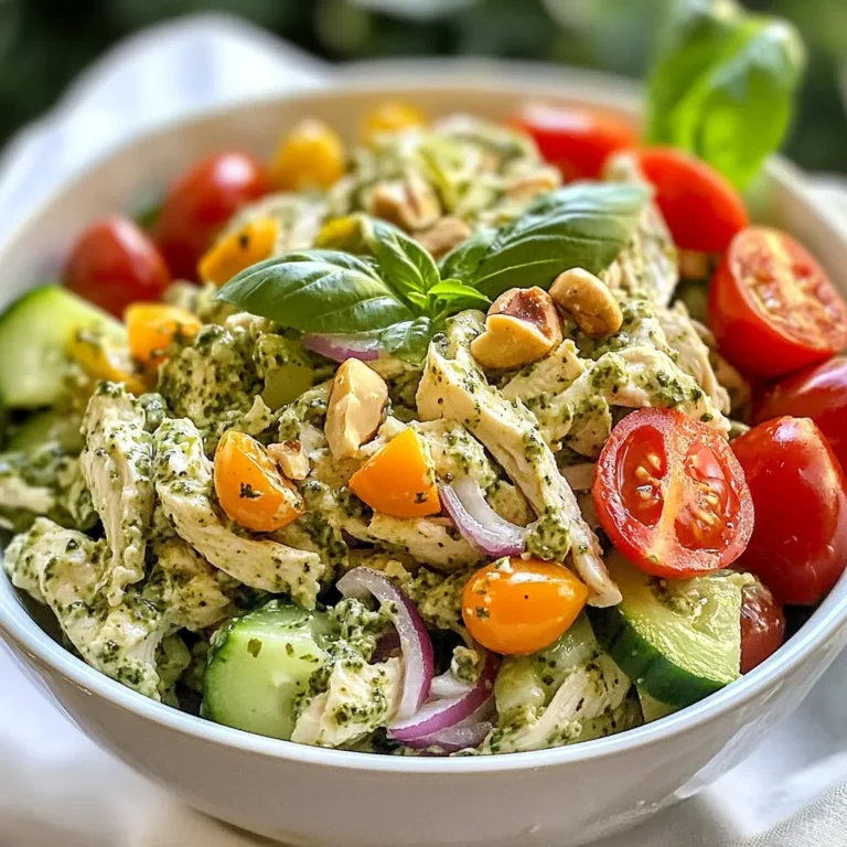 To make a tasty creamy pesto chicken salad, you’ll need these ingredients: - 2 cups cooked chicken breast, shredded - 1/2 cup homemade or store-bought pesto - 1/2 cup Greek yogurt - 1/4 cup mayonnaise - 1 cup cherry tomatoes, halved - 1/2 cup cucumber, diced - 1/4 cup red onion, finely chopped - 1/4 cup walnuts, roughly chopped - Salt and pepper to taste - Fresh basil leaves for garnish The best chicken for this salad is tender and juicy. I recommend using cooked chicken breast. You can poach, grill, or roast it. Rotisserie chicken works great too. It saves time and adds flavor. Just shred or chop it before mixing with the other ingredients. To make your salad even better, consider adding more ingredients. Here are some fun options: - Avocado for creaminess - Spinach or arugula for greens - Feta cheese for a salty kick - Bell peppers for crunch - Sun-dried tomatoes for a rich flavor Mix and match these add-ins to create your perfect salad! {{ingredient_image_1}} Start by taking a large mixing bowl. Add 2 cups of cooked chicken breast that you have shredded. Then, pour in 1/2 cup of pesto. You can use either homemade or store-bought. Next, add 1/2 cup of Greek yogurt and 1/4 cup of mayonnaise. Mix all these ingredients well. You want the chicken to be coated evenly with the pesto, yogurt, and mayonnaise. This creates a creamy base that will hold everything together. Now, it’s time to add some crunch and color. Toss in 1 cup of halved cherry tomatoes. They add a nice sweetness. Next, add 1/2 cup of diced cucumber for extra freshness. Then, include 1/4 cup of finely chopped red onion for a bit of zing. Finally, add 1/4 cup of roughly chopped walnuts for a tasty crunch. Gently fold the ingredients together. Make sure not to mash the tomatoes or cucumber. You want those pieces to stay intact for texture. Now that your salad is mixed, it’s time to season it. Add salt and pepper to taste. Adjust it based on what you like. Once seasoned, cover the bowl. Place it in the fridge for at least 30 minutes. This chilling time lets the flavors blend together. The salad will become creamier and more delicious. When you’re ready to serve, give it a good mix again. Then, transfer it to a serving platter or individual bowls. For the final touch, garnish with fresh basil leaves. This adds a pop of color and fresh flavor. To get the creamiest texture, use a mix of Greek yogurt and mayonnaise. This blend gives a rich and smooth base. You can adjust the ratio to your taste. If you want it creamier, add more mayo. If you prefer a healthier option, add more yogurt. Let the salad chill for at least 30 minutes. This allows the flavors to blend and enhances the creaminess. You can easily change ingredients to fit your diet. For a dairy-free option, use avocado instead of yogurt and mayo. Cooked chickpeas can replace chicken for a vegan version. If you need gluten-free, check the pesto label. Store-bought pesto may contain gluten. Making your own ensures it meets your needs. To store leftovers, place the salad in an airtight container. This keeps it fresh for up to three days. Always refrigerate the salad right after serving. If you notice any changes in smell or color, throw it out. To enjoy the salad later, remember to mix well before serving again. Fresh basil should be added just before serving to keep it vibrant. Pro Tips Store Chicken Properly: Make sure to use cooked chicken that has been stored in the refrigerator for no more than 3-4 days for freshness and safety. Customize Your Pesto: Feel free to swap out the pesto for a different flavor, such as sun-dried tomato or arugula, to give the salad a unique twist. Add More Crunch: Incorporate other nuts like almonds or pecans for added texture, or consider using crispy bacon for a savory flavor boost. Meal Prep Friendly: This salad keeps well in the fridge for up to 3 days, making it a great option for meal prep or quick lunches throughout the week. {{image_2}} To make a Mediterranean twist, add olives and feta cheese. Both add a salty kick. Use sun-dried tomatoes for a rich flavor. You can swap regular pesto for sun-dried tomato pesto for more zest. This version shines with colors and tastes, making your salad pop! Fruits can really brighten your chicken salad. Try adding diced apples or grapes. Both lend a nice crunch and sweetness. You can also add sliced strawberries for a fresh, fruity taste. This sweet twist balances the savory pesto and makes every bite exciting. Want a lighter dish? Swap Greek yogurt for low-fat yogurt. You can skip the mayonnaise for fewer calories too. Instead of walnuts, use chopped celery for crunch. This gives you a fresh feel while keeping the taste. You’ll enjoy a creamy salad without the extra calories. Each serving of creamy pesto chicken salad has about 350 calories. This dish gives you a good blend of protein, fat, and carbs. Here’s the breakdown: - Protein: 30 grams - Fat: 20 grams - Carbohydrates: 10 grams - Fiber: 2 grams This mix makes it filling and tasty. The healthy fats come from the pesto and walnuts. They add flavor while keeping your heart happy. The key ingredients in this salad provide many health benefits. - Chicken: This is a great protein source. It helps build muscle and keeps you full. - Pesto: Made from basil, it has antioxidants. Basil can help fight inflammation. - Greek Yogurt: This adds protein and probiotics. Probiotics are good for gut health. - Walnuts: They are rich in omega-3 fatty acids. Omega-3s are good for your brain. - Cherry Tomatoes: These are low in calories but high in vitamins. They also have lycopene, which is good for your heart. Together, these ingredients make a balanced meal. Compared to other chicken salad recipes, this one stands out. Many chicken salads use a lot of mayo. This recipe uses Greek yogurt, which is healthier. It lowers the calorie count and adds protein. Some salads add sugar or sweeteners. This recipe has natural flavors from fresh ingredients. You get a fresher taste without added sugars. The creamy pesto gives it a unique twist. This style is not only tasty but also better for your health. Yes, you can use rotisserie chicken. It saves time and adds great flavor. Just shred the chicken and use it in the salad. Rotisserie chicken is tender and juicy. This makes it a perfect base for creamy pesto chicken salad. You’ll end up with a quick and tasty meal. This salad lasts about three to four days in the fridge. Store it in a tight container to keep it fresh. The flavors will deepen as it sits, but be aware of the veggies. They may lose some crunch over time. Always check for freshness before eating. Yes, this salad is gluten-free. All the ingredients used do not contain gluten. Just ensure your pesto and mayonnaise are gluten-free as well. If you are buying them, check the labels. Enjoy this salad worry-free, perfect for gluten-sensitive diets. This blog post covered how to make a great chicken salad. You learned about the best ingredients, types of chicken, and fun add-ins. Step-by-step instructions guided you through mixing, adding veggies, and seasoning. Useful tips showed you how to get a creamy texture and store leftovers safely. You also explored tasty variations and learned valuable nutritional info. Chicken salad can be both delicious and healthy. Make it your own with these ideas! Enjoy creating your perfect dish.