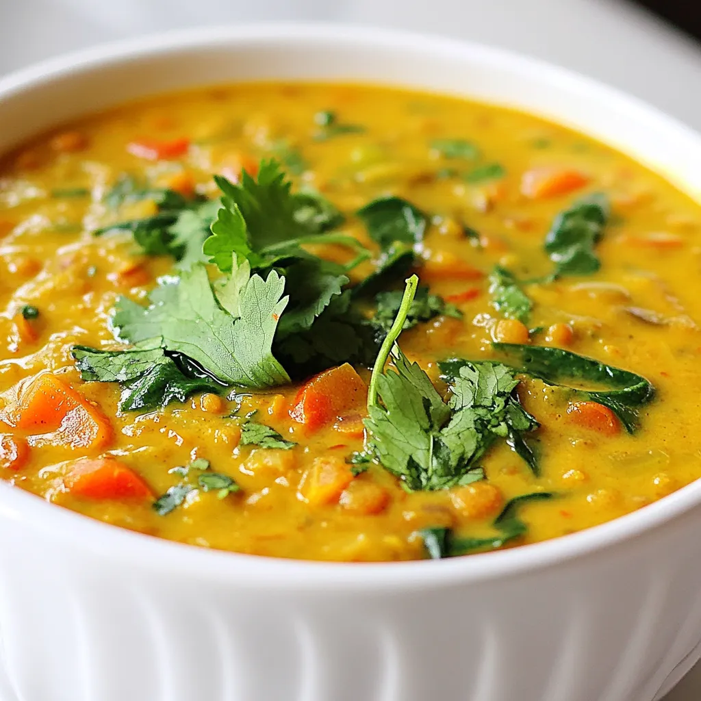 - 1 cup red lentils - 1 can (14 oz) coconut milk - 1 cup vegetable broth - 1 medium onion, diced - 2 cloves garlic, minced - 1 tablespoon fresh ginger, grated - 1 tablespoon curry powder - 1 teaspoon turmeric - 1 teaspoon cumin - Salt and pepper to taste - 1 cup diced tomatoes (fresh or canned) - 1 medium carrot, diced - 1 bell pepper (any color), diced - 2 cups spinach leaves, chopped When I create Coconut Curry Lentil Soup, I always gather the right ingredients first. The base starts with red lentils, which are soft and cook quickly. I add coconut milk for creaminess and vegetable broth for depth. Next, I chop one medium onion and mince two cloves of garlic. Using fresh ginger gives a lovely zing. Spices play a big role in this soup. I use one tablespoon of curry powder, a teaspoon of turmeric, and a teaspoon of cumin. These spices create a warm, rich flavor. Don’t forget to add salt and pepper to taste. For extra color and nutrition, I add one cup of diced tomatoes, one diced carrot, and one diced bell pepper of any color. Lastly, I throw in two cups of chopped spinach for freshness. These ingredients come together to make a hearty and vibrant soup that warms the soul. {{ingredient_image_1}} - First, heat 1 tablespoon of olive oil in a large pot over medium heat. - Next, add 1 diced onion. Sauté it for about 5 minutes until it looks clear. - Then, stir in 2 minced garlic cloves and 1 tablespoon of grated ginger. Cook this mix for another minute. - Now, add 1 tablespoon of curry powder, 1 teaspoon of turmeric, and 1 teaspoon of cumin. Stir well to coat the onion, garlic, and ginger. Cook for an extra minute to wake up the spices. - Pour in 1 cup of diced tomatoes, 1 diced carrot, and 1 diced bell pepper. Stir everything together and cook for about 5 minutes. The veggies should start to soften. - After that, add 1 cup of rinsed red lentils, 1 cup of vegetable broth, and 1 can of coconut milk. Make sure to stir well and bring it all to a boil. - Once it starts boiling, turn down the heat to a low simmer. Cover the pot and let it simmer for 25 to 30 minutes. You want the lentils to be tender. - Finally, stir in 2 cups of chopped spinach leaves. Cook for another 5 minutes until the spinach wilts. - Season the soup with salt and pepper to taste. Serve warm, and don’t forget to garnish with fresh cilantro! To cook your lentils just right, aim for 25 to 30 minutes. This gives them a soft, tender texture. If you want your soup thinner, add more vegetable broth or coconut milk. You can pour in a little at a time until you reach your desired consistency. To boost the flavor, consider adding spices like coriander or cardamom. Fresh herbs, like basil or mint, can also add a nice touch. Balance your flavors by adjusting sweetness or saltiness. A squeeze of lime can brighten the soup and bring out its taste. Pair your soup with warm naan or rice for a filling meal. Both options soak up the soup’s rich flavors. For garnishing, sprinkle fresh cilantro on top. You can also add lime wedges or a dollop of yogurt for extra creaminess. Pro Tips Rinse the Lentils: Always rinse your lentils before cooking to remove any dust or debris. This ensures a cleaner taste and better texture. Customize the Spice Level: Adjust the amount of curry powder and other spices according to your personal preference. Start with less and add more as needed! Use Fresh Ingredients: Whenever possible, opt for fresh vegetables and herbs. They enhance the flavor of the soup significantly compared to canned or frozen options. Make it Creamier: For a richer texture, blend a portion of the soup before adding the spinach. This creates a creamier base while still providing chunks of vegetables. {{image_2}} You can easily make Coconut Curry Lentil Soup vegan. Just stick to the original recipe. All the ingredients are plant-based. If you want a vegetarian version, you can add a splash of cream. This adds richness but isn't necessary. For gluten-free options, check your vegetable broth. Most brands are gluten-free. Make sure your spices are also gluten-free. This soup is great for everyone! If you don't have red lentils, try other legumes. Yellow lentils or chickpeas work well too. They will change the texture a bit but add flavor. You can also use cooked beans for a quicker option. Just add them near the end of cooking. Seasonal vegetables can spice up your soup. Use zucchini, sweet potatoes, or butternut squash. They all bring a new taste. Feel free to mix and match based on what you have. For an Indian-inspired twist, add garam masala or coriander. These spices deepen the flavor. You can also top your soup with a dollop of yogurt for creaminess. If you want a Thai-style coconut curry, add lime juice and fresh basil. The lime adds a zesty kick. You can also toss in some red chili flakes for heat. This gives the soup a fresh and exciting change. To store leftover soup, let it cool first. Pour the soup into a container. Use a container with a tight lid. Glass or plastic works well. Label the container with the date. This helps you track how long it's been stored. If you want to freeze the soup, let it cool completely. Use freezer-safe containers or bags. Leave some space at the top for expansion. You can freeze the soup for up to three months. When ready to eat, thaw it in the fridge overnight. Reheat it on the stove for the best taste. Stir often to warm evenly. Enjoy your delicious coconut curry lentil soup anytime! Yes, you can use different lentils in this recipe. Red lentils cook faster than green or brown ones. If you choose green or brown lentils, they will take longer to cook. You should simmer them for about 35 to 40 minutes. Always check if they are tender before serving. To add more heat, try adding chili flakes or diced jalapeños. You can also use a dash of hot sauce. For a milder heat, try adding a pinch of cayenne pepper. Adjust the spice level based on your taste and enjoy the extra kick! Yes, this soup is great for meal prep. You can store it in the fridge for up to five days. Just make sure to keep it in an airtight container. To reheat, warm it on the stove or in the microwave until hot. It tastes even better the next day! You’ve now got a complete guide to making a tasty soup. We covered all the key ingredients, from lentils to vegetables. You learned how to create a rich base with spices and how to perfect the texture. Don’t forget the tips for making this dish shine, whether with additional herbs or serving suggestions. This soup is versatile and invites many variations, so feel free to improvise. I hope you'll try it and enjoy every flavorful spoonful!
