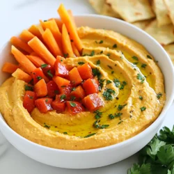 - 1 cup canned chickpeas, drained and rinsed - 1 medium roasted red pepper, peeled and chopped - 2 tablespoons tahini - 2 tablespoons olive oil - 1 tablespoon lemon juice - 1 garlic clove, minced - 1/2 teaspoon cumin - Salt and pepper to taste - Water, as needed for consistency - Fresh parsley, for garnish - Pita chips or vegetable sticks, for serving The chickpeas are the base. They give hummus its creamy texture and protein. Roasted red pepper adds a sweet and smoky flavor. Tahini is a paste made from sesame seeds, adding richness. Olive oil makes it smooth and adds healthy fats. Lemon juice brings brightness and balances flavors. Garlic adds a nice kick. Cumin gives a warm, earthy taste. Salt and pepper enhance all these flavors. Water helps adjust the hummus to your preferred thickness. Fresh parsley adds color and freshness. Pita chips or veggie sticks are perfect for dipping. When choosing chickpeas, look for canned ones with no added sugar or salt. For roasted red peppers, check for those packed in water, not oil. Fresh tahini should be creamy and not too thick. Select extra virgin olive oil for the best flavor. Fresh lemons will give you the best juice. Use fresh garlic for a strong taste. For spices, make sure they are fresh for the best flavor. Always choose fresh parsley with bright green leaves. For pita chips, select ones that are crispy and not stale. {{ingredient_image_1}} To start, gather all your ingredients. You will need: - 1 cup canned chickpeas, drained and rinsed - 1 medium roasted red pepper, peeled and chopped - 2 tablespoons tahini - 2 tablespoons olive oil - 1 tablespoon lemon juice - 1 garlic clove, minced - 1/2 teaspoon cumin - Salt and pepper to taste - Water, as needed for consistency - Fresh parsley, for garnish - Pita chips or vegetable sticks, for serving Begin by placing the chickpeas, roasted red pepper, tahini, olive oil, lemon juice, garlic, and cumin in your food processor. This mix forms the base of your hummus. When using a food processor, ensure the lid is secure. Turn it on and let it run. Stop to scrape down the sides as needed. This helps everything blend well. You want a smooth, creamy texture. If your hummus seems thick, don’t worry. Just add water slowly, one tablespoon at a time. Process it again after each addition. This way, you can control how creamy your hummus becomes. Taste it, and add salt and pepper to your liking. Give it one last blend to mix everything well. Finally, transfer your hummus to a bowl. Drizzle with olive oil and sprinkle fresh parsley on top. Serve it with pita chips or veggie sticks. Enjoy your tasty dip! To boost the flavor of your roasted red pepper hummus, consider these tips: - Add more spices: Try adding smoked paprika or cayenne for a kick. - Use fresh herbs: Fresh basil or cilantro can add a nice twist. - Roast your garlic: Roasting garlic gives a sweet, mellow taste. - Experiment with acids: A splash of balsamic vinegar can deepen the flavor. I love serving this hummus with various dippers. Here are my favorites: - Pita chips: Their crunch pairs well with the creamy hummus. - Vegetable sticks: Carrots, cucumbers, and bell peppers are colorful and healthy. - Spread on sandwiches: Use it to add flavor to your favorite wraps. - Topped with seeds: Sprinkle pumpkin or sesame seeds for extra crunch. Making hummus seems easy, but here are common mistakes to avoid: - Not draining chickpeas: Rinse and drain them well to keep the texture smooth. - Skipping the olive oil: It adds richness and helps blend the mixture. - Using too much water: Add it slowly; too much can make it runny. - Neglecting seasoning: Always taste and adjust salt and pepper before serving. Pro Tips Use Fresh Ingredients: The flavor of your hummus will greatly improve if you use fresh garlic and high-quality olive oil. Adjust Consistency: If you prefer a creamier texture, blend in a bit more water or olive oil gradually until you achieve your desired consistency. Experiment with Spices: Feel free to add other spices like smoked paprika or cayenne pepper for an extra kick and depth of flavor. Chill Before Serving: For the best taste, let your hummus chill in the refrigerator for at least 30 minutes before serving to allow the flavors to meld. {{image_2}} To make a spiced version, add heat. Use smoked paprika or cayenne pepper. Start with 1/4 teaspoon to avoid too much spice. Blend it in with the other ingredients. This will give your hummus a warm kick. It adds depth and flavor, making it exciting! You can mix in other flavors too. Try adding sun-dried tomatoes for a tangy twist. You can also toss in fresh herbs like basil or cilantro. Each addition changes the taste and makes it unique. Play with flavors you love, and find your favorite mix! This hummus is already vegan and gluten-free. Chickpeas, tahini, and olive oil fit all diets. If you need a nut-free option, skip the tahini. You can replace it with 2 tablespoons of sunflower seed butter. This keeps the creamy texture without using nuts. Enjoy your hummus, no matter your dietary needs! Store your roasted red pepper hummus in an airtight container. This keeps it fresh and tasty. Always let it cool before sealing. You can place a thin layer of olive oil on top. This helps prevent drying out. Keep your hummus in the fridge for best results. Homemade hummus lasts about 4 to 7 days in the fridge. Check for any strange smells or colors before use. If it looks or smells off, it’s best to toss it. Always label your container with the date you made it. This helps you track its freshness. You can freeze roasted red pepper hummus for up to 3 months. Use a freezer-safe container for best results. Leave some space at the top since it expands when frozen. Thaw it in the fridge overnight before use. Mix well after thawing to restore its creamy texture. Roasted red pepper hummus is a tasty dip made from chickpeas and roasted peppers. It has a creamy texture and a rich, smoky flavor. To make it, you blend canned chickpeas, a roasted red pepper, tahini, olive oil, lemon juice, garlic, and spices. It’s great as a snack or appetizer and pairs well with pita chips or veggie sticks. Yes, you can make hummus without tahini. Just leave it out and use more olive oil. This will change the flavor a bit but will still taste good. You can also add a bit of yogurt for creaminess. Experiment with your favorite flavors to make a dip you love. You can find pre-made roasted red pepper hummus at many grocery stores. Look in the deli or refrigerated section. Brands like Sabra and Tribe often sell this flavor. You may also find it at health food stores or local markets. Always check the ingredient list for quality. You learned about the key ingredients and their roles in roasted red pepper hummus. I shared how to prepare it step-by-step for the best consistency. You now know tips for enhancing flavor and serving it well. Variations allow you to customize it for any diet. Finally, I covered how to store it properly to keep it fresh. Enjoy making hummus that fits your taste! Always try new flavors and have fun in the kitchen.