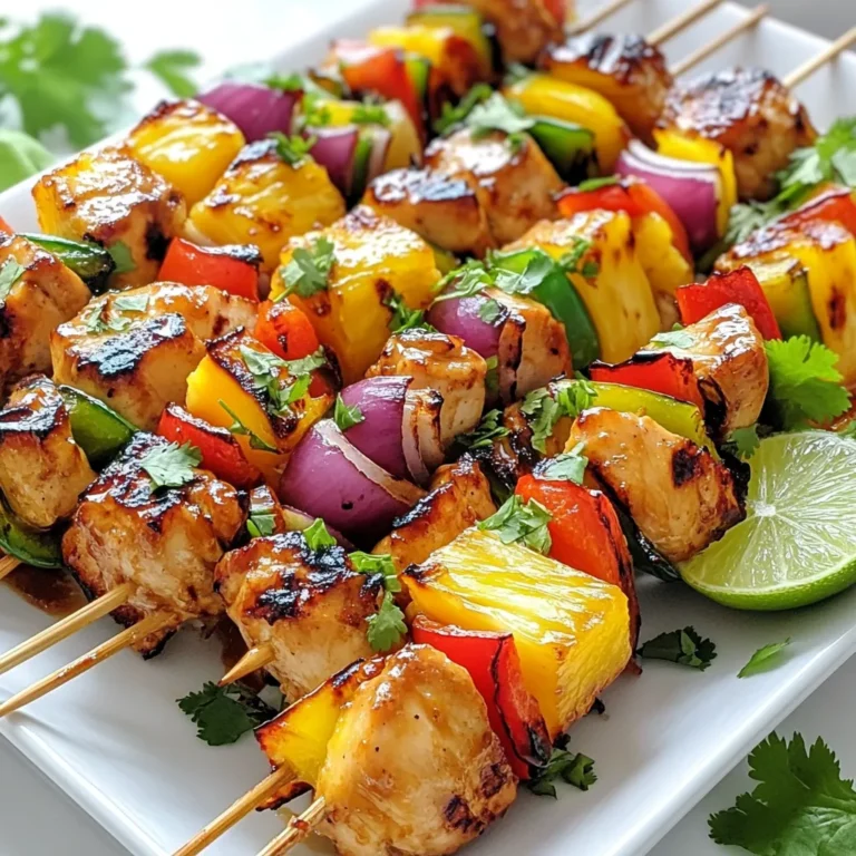 To make Pineapple Teriyaki Chicken Skewers, gather these ingredients: - 1 pound chicken breast, cut into 1-inch cubes - 1 cup fresh pineapple, cut into chunks - 1 bell pepper (red or green), cut into 1-inch pieces - 1 red onion, cut into chunks - 1/2 cup teriyaki sauce - 2 tablespoons olive oil - 1 tablespoon fresh ginger, minced - 2 cloves garlic, minced - Salt and pepper to taste - Fresh cilantro for garnish (optional) - Skewers (wooden or metal) Garnishing adds flair to your dish. Consider these for added flavor and color: - Fresh cilantro - Lime wedges - Extra teriyaki sauce Not every ingredient is a must. Here are some swaps: - Use chicken thighs instead of breasts for a juicier bite. - Swap out fresh pineapple for canned, but drain it first. - Red onion can change to white onion or shallots if you prefer. - If you lack teriyaki sauce, mix soy sauce with a bit of honey or brown sugar. These options keep your meal fresh and fun! {{ingredient_image_1}} To start, gather your chicken. Cut it into 1-inch cubes. Place the chicken in a large bowl. Add 1/2 cup of teriyaki sauce, 2 tablespoons of olive oil, 1 tablespoon of minced ginger, and 2 cloves of minced garlic. Sprinkle some salt and pepper to taste. Mix everything well to coat the chicken evenly. Cover the bowl and refrigerate. Let it marinate for at least 30 minutes. For even more flavor, marinate it for up to 4 hours. Next, let’s prepare the skewers. If you use wooden skewers, soak them in water for 30 minutes. This step helps prevent them from burning on the grill. If you have metal skewers, you can skip this. Soaking keeps your skewers sturdy while grilling. Now, it's time to assemble the skewers. Start by threading the marinated chicken onto the skewers. Alternate with fresh pineapple chunks, bell pepper pieces, and onion chunks. Aim for about 4-5 pieces of chicken per skewer. Preheat your grill or grill pan over medium-high heat. Lightly oil the grill grates to avoid sticking. Place the skewers on the grill and cook for 10-12 minutes. Turn them occasionally. You want the chicken to reach an internal temperature of 165°F (75°C). Once grilled, remove the skewers from the grill. Let them rest for a few minutes. This helps keep the juices in. For a fun presentation, serve the skewers on a large platter. Drizzle with extra teriyaki sauce. You can also add lime wedges and fresh cilantro for color and flavor. To cook chicken well, size matters. Cut the chicken into 1-inch cubes. This size cooks evenly. Marinating is key. Let the chicken soak in teriyaki sauce for at least 30 minutes. For the best taste, marinate for up to 4 hours. This lets the flavors soak in deep. Always check the internal temperature. It should reach 165°F (75°C) for safe eating. Before you grill, preheat your grill to medium-high heat. This helps get nice grill marks and a good sear. Use a paper towel dipped in oil to coat the grill grates. This keeps the skewers from sticking. Don’t crowd the grill. Leave space between the skewers for even cooking. Turn the skewers every few minutes. This helps cook all sides evenly. Want to spice things up? Add fresh ginger and garlic to the marinade. They boost flavor and aroma. You can toss in a splash of lime juice for a fresh zing. Try adding different veggies to the skewers. Zucchini, cherry tomatoes, or mushrooms work great. For an extra touch, drizzle more teriyaki sauce over the skewers after grilling. This adds a rich finish to your dish. Pro Tips Marinate Longer for Flavor: The longer you marinate the chicken, the more flavorful it will be. Aim for at least 4 hours or overnight if possible. Use Fresh Ingredients: Fresh ginger and garlic will enhance the flavor of your skewers significantly, so opt for fresh over pre-minced options. Don't Overcrowd the Skewers: Leave some space between the pieces on the skewer for even cooking and to allow the heat to circulate. Check Temperature: Use a meat thermometer to ensure the chicken is cooked through, reaching an internal temperature of 165°F (75°C). {{image_2}} If you want to try different proteins, you can swap the chicken for shrimp or pork. Shrimp cooks fast and adds a sweet flavor. Just be careful not to overcook them. Pork can give a nice twist, too. Use tender cuts like tenderloin for juiciness. Remember to adjust cooking times based on your protein choice. For a tasty vegetarian version, replace chicken with tofu or tempeh. Firm tofu works best here. Press it to remove extra water, then cut it into cubes. Tempeh brings a nutty flavor and a great texture. You can also add more veggies like zucchini, mushrooms, and cherry tomatoes to make it colorful and fun. While teriyaki sauce is a classic choice, you can experiment with other marinades. A mango salsa marinade adds sweetness and a tropical flair. For a spicy kick, try a chili garlic sauce. If you want something tangy, a lemon herb mix can brighten the dish. Just remember, the key is to let your protein soak in those flavors for at least 30 minutes. Store any leftover Pineapple Teriyaki Chicken Skewers in an airtight container. Make sure to let them cool first. You can keep them in the fridge for up to three days. This way, you can enjoy the flavors again soon. To reheat, place the skewers in the microwave. Heat them for about one to two minutes. If you prefer, you can also use a grill or oven. Just heat them until warm. This will help keep the chicken juicy and tasty. If you want to save some skewers for later, freezing is a great option. Wrap each skewer tightly in plastic wrap. Then, place them in a freezer-safe bag. They can last up to three months in the freezer. When you’re ready to eat, thaw them in the fridge overnight before reheating. You should marinate the chicken for at least 30 minutes. If you have time, let it sit for up to 4 hours. This helps the chicken soak up the teriyaki flavor. The longer it marinates, the tastier it gets! Yes, you can make these skewers in the oven! Preheat your oven to 400°F (200°C). Place the skewers on a baking sheet lined with foil. Bake for about 15-20 minutes, flipping halfway through. Keep an eye on them to avoid burning. You can add many fun items to your skewers! Try zucchini, cherry tomatoes, or mushrooms. You can also mix in different bell pepper colors for a vibrant look. Let your imagination run wild! Check the internal temperature of the chicken. It should reach 165°F (75°C) for safe eating. You can also cut a piece in the middle; it should be white with no pink left. Enjoy your perfectly cooked skewers! In this post, we explored the key ingredients for tasty skewers, including optional garnishes and smart substitutions. You learned how to marinate chicken, prepare skewers, and grill them perfectly. I shared tips for achieving great flavor and cooking success. We discussed variations, storage options, and answered common FAQs that help you in the kitchen. Enjoy your skewers and experiment with new flavors to make them your own! Happy cooking!