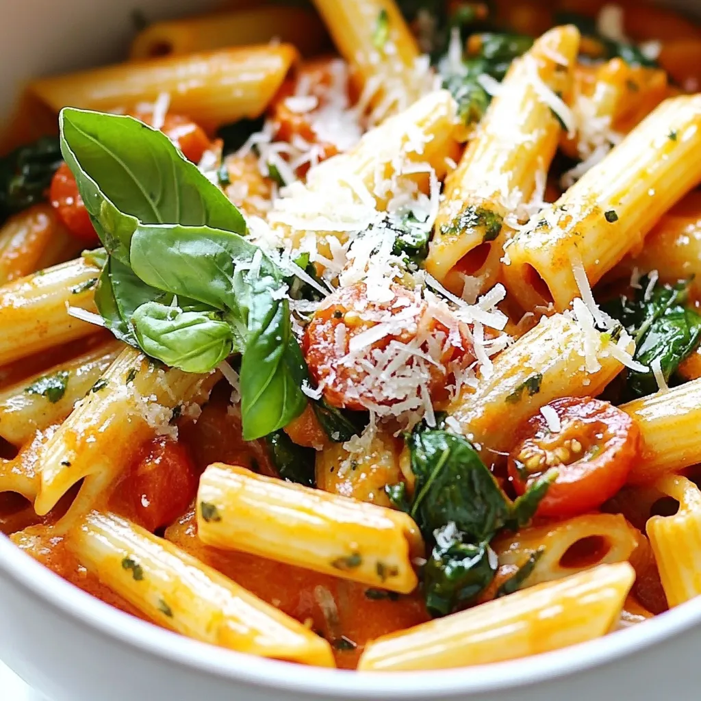 - 12 oz penne pasta - 1 can (14 oz) diced tomatoes (with juice) - 4 cups vegetable broth - 2 cups fresh spinach, packed - 1 small onion, finely chopped - 3 cloves garlic, minced - 1 teaspoon dried oregano - 1 teaspoon dried basil - ½ teaspoon red pepper flakes (optional) - Salt and pepper to taste - 2 tablespoons olive oil - ½ cup grated Parmesan cheese (for serving) - Fresh basil leaves (for garnish) You can customize this dish by adding or removing ingredients. For a little heat, include red pepper flakes. You can also swap spinach for other greens or add protein like chicken or shrimp. This dish serves four and has about 350 calories per serving. It has around 12 grams of protein. The fiber from the spinach and pasta helps keep you full. The olive oil gives healthy fats, while the Parmesan adds calcium. - Large pot - Wooden spoon - Measuring cups and spoons - Cutting board - Knife These tools make cooking easier and help you enjoy the process. A large pot is key for cooking all the ingredients together. A good knife will help you chop the onion and garlic quickly. {{ingredient_image_1}} To start, chop your onion and garlic well. For the onion, slice it in half. Then cut it into thin strips, and finally, dice it into small pieces. This helps the onion cook evenly. For garlic, use a knife to crush each clove lightly. This makes it easier to mince. Aim for tiny bits for the best flavor. Next, let’s measure the pasta. Use a kitchen scale for accuracy. If you don’t have one, a standard measuring cup works too. One cup of penne is about 4 ounces. Keep in mind, measuring correctly ensures your pasta cooks just right. Now, let’s cook! First, heat olive oil in a large pot over medium heat. Add the chopped onion and sauté for 3-4 minutes. You want it soft and see-through. Then, toss in the minced garlic and cook for 30 seconds. You will smell a wonderful aroma! Pour in the canned diced tomatoes with their juice and the vegetable broth. Stir it all together and raise the heat until it simmers. Once simmering, add oregano, basil, and red pepper flakes if you like heat. Season with salt and pepper. Next, add the penne pasta. Stir well to cover the pasta in broth. Cover the pot and cook for 10-12 minutes. Stir occasionally to prevent sticking. You want the pasta al dente, with some liquid still left. Keep an eye on it. If it gets too dry, add a splash of broth. With two minutes left, add the fresh spinach. Stir it in until it wilts. This adds color and nutrition to your dish. Once done, remove the pot from heat and let it sit for a couple of minutes. This helps it thicken slightly. For serving, use deep bowls. Top each bowl with grated Parmesan cheese and fresh basil leaves. A drizzle of olive oil adds a nice touch, too! Enjoy your meal! To make a great one pot pasta, avoid common mistakes. One mistake is adding too much liquid. Stick to the recipe for the right amount of broth. Also, don’t skip stirring the pasta. This helps it cook evenly and prevents sticking. Adjust cooking times based on the pasta type. For penne, 10-12 minutes is ideal. If you use thinner pasta, like spaghetti, cut the time down. Always check the pasta for doneness a minute or two early. You can boost flavor with extra herbs and spices. Try adding fresh thyme or rosemary for a fragrant twist. A pinch of lemon zest can also brighten the dish. If you like heat, add more red pepper flakes. Consider adding protein or more veggies. Cooked chicken, shrimp, or chickpeas work well. You could also toss in bell peppers or zucchini for extra nutrition. These add-ins make the dish heartier. Prepping ingredients in advance saves time. Chop your onion and garlic the night before. Measure out your pasta and spices, too. This way, you can cook without any delays. For time-saving tips, use a large pot to cook everything at once. This cuts down on dishes and cooking time. Serve right from the pot for a casual dining experience. This adds to the fun and keeps things simple. Pro Tips Use Fresh Ingredients: Using fresh spinach and high-quality tomatoes can significantly enhance the flavor of your dish. Adjusting Spice Levels: If you prefer a milder dish, feel free to omit the red pepper flakes or reduce the amount to suit your taste. Perfect Pasta Texture: For the best texture, be sure to stir the pasta occasionally while it cooks to prevent it from sticking together. Thickening the Sauce: If you find the sauce too thin, let it sit for a couple of minutes after cooking to allow it to thicken before serving. {{image_2}} You can switch out spinach for other greens. Kale is a great choice. It adds a nice texture and flavor. Arugula also works well. It gives a peppery kick. Both options are healthy and tasty. Just chop them up and add them in the last few minutes of cooking. They will wilt nicely and blend into the dish. Want to make your meal heartier? You can add protein! Chicken is a popular choice. Dice it into small pieces and sauté it with the onion and garlic. Shrimp is another fantastic option. Add it in the last few minutes of cooking for juicy bites. If you're looking for a plant-based option, tofu is perfect. Cube it and sauté it first, just like chicken. If you want a dairy-free dish, substitute the Parmesan cheese. Nutritional yeast is a great alternative. It adds a cheesy flavor without dairy. You can also use vegan cheese shreds if you prefer. Just sprinkle it on top when serving for that tasty finish. To keep your Tomato Spinach One Pot Pasta fresh, place it in an airtight container. Let it cool down first. You can store it in the fridge for up to three days. If you want to keep it longer, freeze it. Use a freezer-safe container, and it can last for about three months. Reheat leftover pasta on the stove or in the microwave. For the stove, place it in a pot with a splash of water or broth. Heat it over low until warm. In the microwave, use a microwave-safe dish. Cover it to keep moisture in and heat for about 1-2 minutes. Stir halfway through for even heating. In the fridge, your dish stays good for about three days. If frozen, it holds its quality for up to three months. Just remember to label the container with the date. This way, you always know how long it has been stored. To make this dish vegetarian, simply use vegetable broth instead of chicken broth. All the other ingredients are already plant-based. If you want more protein, add chickpeas or lentils. These options keep the dish hearty without meat. Yes, you can use different types of pasta. Whole wheat pasta adds fiber, while gluten-free pasta fits special diets. Just check the cooking time, as it may vary. Make sure to stir well to avoid sticking. This pasta pairs well with a simple green salad. A side of garlic bread adds a nice crunch. You can also serve it with roasted vegetables for extra flavor. These options balance the meal and enhance your dining experience. You learned how to make a delicious one-pot pasta with tomato and spinach. We discussed ingredients, cooking steps, and tips for customization. Remember, feel free to add your favorite protein or greens. Proper storage keeps leftovers fresh, and reheating is easy with simple methods. This dish is versatile and perfect for any meal. Enjoy experimenting with new flavors and variations! Happy cooking!