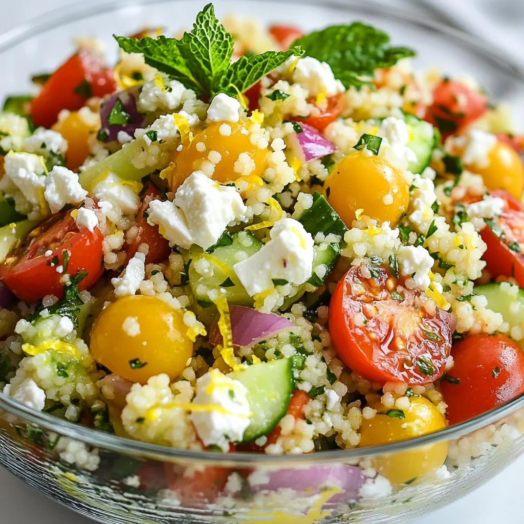 - 1 cup couscous - 1 and 1/4 cups vegetable broth - 1 cup cherry tomatoes, halved - 1 cucumber, diced - 1/2 red onion, finely chopped - 1/2 cup fresh parsley, chopped - 1/4 cup fresh mint, chopped - 1/4 cup feta cheese, crumbled - 1/4 cup olive oil - 3 tablespoons lemon juice - Zest of 1 lemon - Salt and pepper, to taste You can swap couscous for other grains like quinoa or bulgur. For a dairy-free option, leave out the feta or use a nut-based cheese. Seasonal ingredients can add fun flavors. Try adding bell peppers in summer or roasted squash in fall. When picking tomatoes, look for ones that are bright and firm, with no soft spots. For herbs, choose vibrant green parsley and mint, avoiding any yellow or brown leaves. When selecting feta cheese, go for a creamy texture. It should crumble easily and have a fresh smell. {{ingredient_image_1}} 1. Start by boiling the vegetable broth in a medium saucepan. This step adds flavor to the couscous. 2. Once the broth boils, take it off the heat. Stir in the couscous and cover it. Let it sit for 5 minutes. This lets the couscous soak up the broth. 3. After 5 minutes, fluff the couscous with a fork. Let it cool to room temperature. 1. For the cherry tomatoes, cut them in half. This makes them easy to mix in. 2. Dice the cucumber into small pieces. This adds crunch and freshness to the salad. 3. Finely chop the red onion. Use a sharp knife for clean cuts. 4. For the parsley and mint, stack the leaves, roll them, and then chop finely. This keeps the herbs from wilting. 1. In a large bowl, mix the cherry tomatoes, cucumber, red onion, parsley, mint, and feta cheese. 2. In a separate small bowl, whisk together the olive oil, lemon juice, lemon zest, salt, and pepper. This is your dressing. 3. Add the cooled couscous to the large bowl with the veggies and herbs. 4. Pour the dressing over the couscous and mix gently. This ensures every bite is flavorful. 5. Taste the salad. Add more salt or pepper if needed. 6. Let the salad sit for at least 30 minutes. This helps the flavors blend and taste even better. Resting the salad is key. It allows all the flavors to blend nicely. I recommend letting it sit for at least 30 minutes. This step makes a big difference in taste. Don't forget to adjust seasoning to your liking. After mixing, taste and add more salt or pepper if needed. For garnishing, sprinkle extra feta cheese on top. A sprig of fresh mint adds a nice touch too. Serve the couscous salad in a large glass bowl. This way, the bright colors will shine and catch everyone's eye. If your couscous turns out mushy, try adding more veggies. This helps balance the texture. You can also chill it before serving to make it firmer. If your dressing is too salty, add a bit of lemon juice or a splash of water. This will help tone down the saltiness while keeping it flavorful. Pro Tips Fresh Herbs are Key: Use fresh parsley and mint for the best flavor. Dried herbs lack the vibrant taste that fresh herbs provide. Chill Before Serving: Let the salad chill in the refrigerator for at least 30 minutes after mixing. This enhances the flavors and makes the salad more refreshing. Customize Your Veggies: Feel free to add other vegetables like bell peppers or radishes for added crunch and flavor. Make it a Meal: Add grilled chicken or chickpeas to make this salad a complete meal, perfect for lunch or dinner. {{image_2}} You can make your Lemon Herb Couscous Salad more filling by adding proteins. Chicken works great here. Just grill or roast it, then chop it into small pieces. Toss it in with the salad for a hearty meal. If you prefer plant-based options, add chickpeas. They add protein and a nice texture. Simply rinse canned chickpeas and mix them in. For seafood lovers, shrimp or scallops can elevate the dish. Cook them quickly in a pan with a bit of olive oil and lemon juice. Let them cool before adding to the salad. This gives a fresh twist to your couscous. To boost the flavor profile, try using flavored olive oils. Garlic or herb-infused oils can add depth. Just replace regular olive oil with your favorite flavored option. Another fun way to enhance taste is to add citrus zest beyond just lemon. Lime or orange zest can bring a new layer of brightness. A small amount goes a long way, so start with a little and adjust to your liking. You can also change your salad based on the season. In summer, try adding fresh corn or bell peppers. They add sweetness and crunch. Just chop them up and toss them in for a vibrant look. For fall, consider adding roasted sweet potatoes or apples. They pair well with the lemon and herbs, giving a warm feel to the dish. Feel free to mix and match these ideas to create your perfect Lemon Herb Couscous Salad! To keep your Lemon Herb Couscous Salad fresh, store leftovers in an airtight container. This helps prevent moisture loss and keeps the salad crisp. Place the container in the fridge right away for the best result. If you have extra space, you can also use glass containers. They keep the salad fresh and let you see the colors. This salad lasts about 3 to 5 days in the fridge. Always check for signs of spoilage. If the salad smells sour or looks slimy, it’s time to toss it. You may also notice the vegetables losing their crunch. Freshness is key for the best flavor. Reheating couscous salad may change its texture. For best results, use the microwave on a low setting. Add a splash of water to keep it moist. Stir gently to avoid mushiness. If you prefer, you can also serve it cold. The flavors blend well and taste great even when chilled. Couscous is made from semolina, a type of wheat. It comes from North Africa, where it is a staple food. The semolina is rolled into tiny granules and steamed. These granules cook quickly and soak up flavors well. Couscous is light and fluffy when prepared right. You can enjoy it plain or mix it with other ingredients, like in this salad. Couscous is not gluten-free because it is made from wheat. People who have gluten sensitivity should avoid it. Instead, they can try gluten-free grains like quinoa or rice. These options work well in salads and have a similar texture. Always check labels if you buy pre-made couscous, as some brands may mix grains. Yes, you can make this salad ahead of time! Prepare it a few hours in advance for the best taste. This allows the flavors to mix well. Store it in the fridge in a sealed container. If you make it the night before, the salad will still taste great. Just remember to add fresh herbs right before serving for the best flavor. This article gave you the building blocks to create a delicious couscous salad. We covered essential ingredients and smart substitutions, plus tips for choosing fresh produce. I shared simple steps for cooking and mixing your salad, along with tricks to enhance flavors and present it well. Don't forget about storing leftovers properly for later enjoying. With these insights, you can customize your salad to fit any season or taste. Enjoy making your salad!