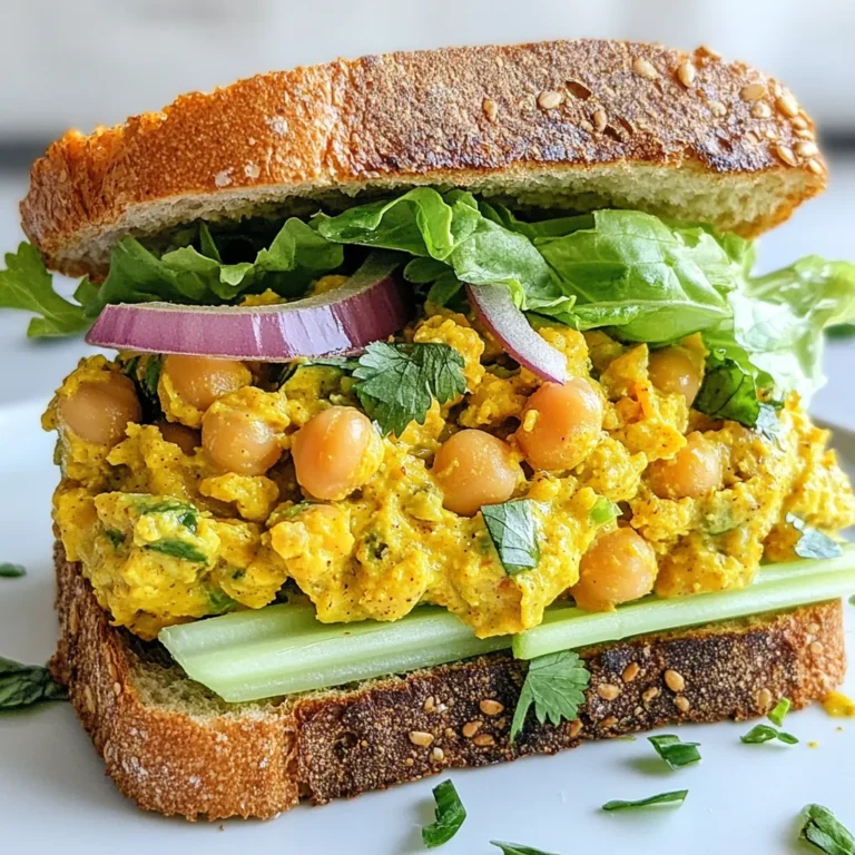 - 1 can (15 oz) chickpeas, drained and rinsed - 1/4 cup plain Greek yogurt or vegan alternative - 1 tablespoon curry powder - 1 teaspoon turmeric - 1/2 teaspoon garlic powder - 1/2 teaspoon ginger powder - 1/4 cup red onion, finely chopped - 1/4 cup celery, diced - 1/4 cup carrot, grated - 2 tablespoons raisins or currants (optional) - 2 tablespoons fresh cilantro or parsley, chopped - Salt and pepper to taste The chickpeas are the star of this salad. They give a hearty base. The Greek yogurt adds creaminess. Curry powder brings warmth and flavor. Turmeric adds a golden color and a hint of earthiness. Garlic and ginger powders add depth. Red onion, celery, and carrot give crunch and sweetness. Raisins or currants, if used, offer a nice contrast. - Diced bell peppers - Chopped apples or pears - Chopped nuts, like almonds or walnuts - A squeeze of lemon or lime juice You can add bell peppers for extra crunch. Chopped fruits like apples or pears add sweetness. Nuts give a nice crunch and protein. A splash of citrus juice brightens it all up. - Whole grain bread - Sourdough bread - Pita bread - Gluten-free bread Whole grain bread is nutritious and filling. Sourdough adds a tangy flavor. Pita bread is fun and different. If you need gluten-free, choose your favorite gluten-free bread. Feel free to mix and match these ingredients. This salad is fun to make and taste! {{ingredient_image_1}} Start by draining and rinsing one can of chickpeas. Use a fork or a potato masher to mash them. Leave some chunks for texture. In a medium bowl, add 1/4 cup of plain Greek yogurt. If you prefer, use a vegan yogurt. Sprinkle in 1 tablespoon of curry powder, 1 teaspoon of turmeric, 1/2 teaspoon of garlic powder, and 1/2 teaspoon of ginger powder. Mix it well until everything combines smoothly. Next, fold in 1/4 cup of finely chopped red onion, 1/4 cup of diced celery, and 1/4 cup of grated carrot. If you like a hint of sweetness, add 2 tablespoons of raisins or currants. Finally, stir in 2 tablespoons of fresh cilantro or parsley. Season with salt and pepper to your taste. Now it’s time to build your sandwich. Start with 4 slices of whole grain or your favorite bread. If you want, lightly toast them for extra crunch. Take two slices and scoop a generous amount of the chickpea mixture onto each. Add a fresh layer of lettuce leaves on top. If you like, you can add slices of tomato or cucumber for extra flavor and crunch. Place the remaining slices of bread on top to finish your sandwich. Cut each sandwich diagonally for a great look. If you toasted the bread, it adds a nice crunch. For serving, I recommend pairing your sandwich with a side of fresh fruit or a small green salad. It makes for a colorful plate. You can also garnish the sandwich with a sprig of cilantro or parsley for a pop of color. Enjoy your meal! To enhance the flavor of your curried chickpea salad, use fresh spices. Fresh curry powder makes a big difference. You can also adjust the spices. If you like it spicy, add more curry powder or a dash of cayenne. Don't forget to taste as you mix. This helps you find the perfect balance. Adding a squeeze of lemon juice can brighten the dish too. It gives a fresh zing that works well with the spices. One common mistake is over-mashing the chickpeas. You want them chunky, not smooth. This keeps the salad interesting. Another mistake is skipping the salt and pepper. They are key for flavor. Be sure to fold in the veggies gently. If you stir too hard, you might crush them. Lastly, don’t forget to chill the mixture. It tastes better after sitting for a bit. This lets the flavors blend nicely. To make this salad vegan, swap Greek yogurt for a vegan alternative. There are many great options like cashew or almond yogurt. You can also use mashed avocado for creaminess. This adds healthy fats too. For added flavor, toss in some chopped nuts or seeds. They give a nice crunch and boost nutrition. Adjust the spices and enjoy your tasty vegan sandwich! Pro Tips Mix It Up: Feel free to add other veggies like bell peppers or cucumbers for extra crunch and nutrition. Spice Adjustment: Adjust the amount of curry powder based on your heat preference; start with less and add more if desired. Make It Ahead: Prepare the chickpea salad a day in advance for the flavors to meld together even more. Perfect Pairings: Serve the sandwich with a side of yogurt dip or a refreshing beverage like iced tea for a complete meal. {{image_2}} You can change the flavors of your curried chickpea salad with different ingredients. Try diced bell peppers for a sweet crunch. You can also swap Greek yogurt for mashed avocado for a creamier texture. If you love heat, add diced jalapeños or a pinch of cayenne. For a sweet touch, mix in chopped apples or dried cranberries. These swaps keep the salad fresh and fun. While whole grain bread is great, feel free to explore other options. Pita pockets or wraps make for a lighter meal. You can also use sourdough or rye bread for a unique twist. If you want to serve it warm, use grilled bread, or toast it lightly. For a low-carb choice, try lettuce wraps instead of bread. Each option brings its own flair to your dish. To boost protein, consider adding hard-boiled eggs or cubed tofu. Both blend well with the chickpeas and add substance. For extra crunch, toss in some chopped nuts like almonds or walnuts. Seeds such as sunflower or pumpkin seeds also add a nice bite. These additions make your sandwich more filling and nutritious. To keep your curried chickpea salad fresh, place it in an airtight container. Make sure to seal it tightly. This keeps out air and helps maintain flavor. You can store it in the fridge for later meals. If you have leftover sandwiches, wrap them in plastic wrap or foil. This helps prevent bread from getting soggy. When stored in the fridge, your curried chickpea salad lasts about 3 to 5 days. After this period, the flavors may fade. If you see any signs of spoilage, it's best to toss it out. Always check for off smells or odd colors before eating. Fresh ingredients help keep the salad tasty for longer. Curried chickpea salad is best served cold or at room temperature. If you prefer it warm, you can gently heat it in a microwave. Use a microwave-safe bowl and warm it for about 30 seconds. Stir halfway through to ensure even heating. After reheating, let it cool a bit before adding it to your sandwich. This keeps your bread from getting soggy. Enjoy it with fresh lettuce and your favorite toppings for a delicious meal! Yes, you can use canned chickpeas. They are quick and easy. Just drain and rinse them. This saves time and makes cooking simpler. Canned chickpeas work well because they are soft and ready to use. They still pack a lot of flavor and nutrition. You can serve this sandwich with many sides. Here are some ideas: - Fresh fruit salad - A small green salad - Vegetable sticks with hummus - A bowl of soup These sides complement the flavors of the sandwich. They also add color and freshness to your meal. To make this sandwich gluten-free, use gluten-free bread. Many brands offer tasty options now. You can also skip the bread and serve the chickpea salad in lettuce wraps. This keeps the meal light and fresh while being gluten-free. Chickpeas are very healthy and offer many benefits. They are high in protein and fiber, which helps keep you full. They also contain vitamins and minerals, like iron and magnesium. Eating chickpeas can improve digestion and support heart health. Plus, they are low in fat, making them a great choice for many diets. In this blog post, I shared how to make a tasty curried chickpea salad. We explored the main and optional ingredients, along with the best bread types. You learned step-by-step instructions for mixing, assembling, and serving. I also provided tips for flavor, common mistakes, and vegan options. Variations included different ingredients and bread styles. Lastly, I covered storage tips for leftovers and answered FAQs. You now have a solid base to create a fun meal. Enjoy your delicious creations and share them with friends!