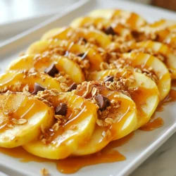 To make delicious Peanut Butter Apple Nachos, gather these items: - 2 large apples (like Fuji or Honeycrisp) - 1/2 cup creamy or crunchy peanut butter - 1/4 cup granola (your favorite flavor) - 1/4 cup mini chocolate chips (dark or milk chocolate) - 2 tablespoons honey or maple syrup - 1 teaspoon cinnamon - Optional: chopped nuts (walnuts or almonds), shredded coconut, or dried cranberries This treat can fit many diets. It has healthy fats from peanut butter. Apples add fiber and vitamins. If you need gluten-free options, choose gluten-free granola. For a vegan twist, use maple syrup instead of honey. You can swap ingredients to match your taste. If you don't like apples, try pears or bananas. Almond butter works well instead of peanut butter. For a nut-free version, use sunflower seed butter. You can also leave out chocolate chips for a lighter snack. {{ingredient_image_1}} First, wash and dry your apples well. This step is key for a fresh taste. Next, cut each apple into thin circles. Make sure to remove the core. This way, you create perfect apple nachos. Aim for even slices for nice bites. Now, take a large plate or a baking sheet. Lay the apple slices down in a fun design. Overlap them a bit to make it look nice. A good layout adds to the dish's charm. You want it to look as tasty as it is! In a microwave-safe bowl, warm the peanut butter. About 15-20 seconds should do it. Stir it well to make it smooth. Drizzle the warm peanut butter over the apple slices. Next, sprinkle granola and mini chocolate chips on top. This adds crunch and sweetness. If you want, add chopped nuts, shredded coconut, or dried cranberries too. These toppings can make your nachos even better. Finally, drizzle honey or maple syrup on everything. Dust with cinnamon for an extra kick of flavor. Enjoy your delicious creation right away! To make tasty peanut butter apple nachos, start with the right apples. I love using Fuji or Honeycrisp apples. They are sweet and crunchy. You can also try Granny Smith for a tart flavor. When choosing apples, look for firm ones with bright color. Avoid any that feel soft or have blemishes. Fresh apples will make your nachos crisp and juicy. Melting peanut butter makes it easy to drizzle. Use a microwave-safe bowl. Heat it for 15 to 20 seconds. If it's too thick, heat it a bit longer. Stir well after heating. This step helps to get a smooth and runny texture. You can also melt it on the stove over low heat. Just be sure to watch it closely so it doesn’t burn. Toppings can make your nachos extra special. I like to add granola for crunch and mini chocolate chips for sweetness. You can also sprinkle nuts, shredded coconut, or dried cranberries. Each topping adds a different taste and texture. Try mixing flavors you enjoy. For a fun twist, drizzle honey or maple syrup on top. A dash of cinnamon adds warmth, too. Pro Tips Choose the Right Apples: Opt for apples that are crisp and sweet, like Fuji or Honeycrisp, to complement the richness of the peanut butter. Warm the Peanut Butter: Heating the peanut butter slightly makes it easier to drizzle and enhances its flavor. Customize Your Toppings: Feel free to mix and match toppings according to your taste; consider adding chopped nuts or dried fruit for added texture and flavor. Serve Immediately: For the best texture and flavor, serve the apple nachos right after assembling to keep the apples crisp. {{image_2}} You can make Peanut Butter Apple Nachos healthier. Use almond butter instead of peanut butter. This swap adds a unique flavor and healthy fats. For toppings, select low-sugar granola or skip it altogether. Try fresh berries as a topping for added vitamins. You can also use agave nectar instead of honey for a lighter sweetener. Mix and match flavors to make your nachos exciting! Add a sprinkle of chili powder for a spicy kick. You can also use caramel sauce for a sweeter treat. If you love tropical flavors, top with shredded coconut and sliced bananas. For a nutty twist, sprinkle in some crushed pistachios or hazelnuts. Peanut Butter Apple Nachos are perfect for any gathering! Serve them at a birthday party for a fun dessert. They make a great snack for movie nights. If you host a brunch, offer them as a light option. You can also package them in small cups for a picnic treat. To keep your peanut butter apple nachos fresh, place leftovers in an airtight container. You can store them in the fridge for up to two days. If you stack the apple slices, they might get soggy. So, it’s best to keep toppings separate. To maintain crispness, avoid cutting apples too far in advance. You can sprinkle lemon juice on the apple slices to slow browning. This way, they stay fresh and tasty for longer. Store granola and chocolate chips in a cool, dry place, away from moisture. These nachos are best enjoyed cold or at room temperature. If you want to warm them, heat in the microwave for just a few seconds. Be careful not to overheat, or the apples will get mushy. You can also warm the peanut butter again for drizzling if needed. Yes, you can prepare some parts in advance. Slice the apples and store them in water with lemon juice. This keeps them fresh and bright. You can also mix the toppings in a bowl. Just drizzle the peanut butter and honey when you are ready to serve. You can use many fun toppings! Try adding chopped nuts like walnuts or almonds. Shredded coconut gives a nice tropical twist. Dried cranberries add a sweet touch. You can also switch the chocolate chips for yogurt-covered raisins or mini marshmallows. Yes, Peanut Butter Apple Nachos can be healthy! Apples provide fiber and vitamins. Peanut butter offers protein and healthy fats. Granola adds some crunch and energy. Just be mindful of your portion sizes with toppings like chocolate and syrup. Enjoy this treat guilt-free! In this blog post, we explored how to make Peanut Butter Apple Nachos. I detailed the ingredients you need, plus dietary tips and swaps. You learned the simple step-by-step instructions to prepare this fun snack. I shared tips on picking apples, melting peanut butter, and adding flavor. We also looked at healthy variations and storage tips. In closing, this snack is both tasty and easy to make. Enjoy trying new topping ideas and sharing with friends!
