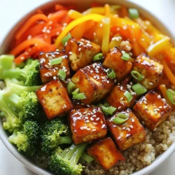 - 1 block (14 oz) firm tofu, pressed and drained - 2 tablespoons cornstarch - 2 tablespoons vegetable oil Tofu is the star here. It brings a lovely texture and absorbs flavors well. Pressing it first helps remove excess water, making it crispier when cooked. Coating the tofu in cornstarch gives it that perfect crunch we all love. - 1/4 cup honey - 1/4 cup Sriracha sauce The sauce is a key part of this dish. Honey adds sweetness, while Sriracha brings heat. You can adjust the Sriracha to your taste. Want it milder? Use less. Like it spicy? Add more! - 2 cups cooked brown rice or quinoa - 1 cup broccoli florets - 1 cup bell peppers, sliced - 1 cup carrots, julienned - 2 green onions, chopped - Sesame seeds for garnish - Salt and pepper to taste The base of your bowl can be brown rice or quinoa. Both are healthy and filling. The veggies add color and crunch. Broccoli, bell peppers, and carrots also bring great nutrition. Finally, green onions and sesame seeds make for a great finish with added flavor and texture. {{ingredient_image_1}} First, press the tofu to remove extra moisture. This step is key for crispiness. After pressing, cut the tofu into bite-sized cubes. In a large bowl, toss the tofu cubes with cornstarch. Make sure each piece is coated well. This coating helps the tofu crisp up when cooked. Next, heat vegetable oil in a skillet over medium-high heat. When the oil is hot, add the cornstarch-coated tofu in a single layer. Cook the tofu for about 4-5 minutes on each side. You want it to be golden and crispy. Once done, set the tofu aside on a plate. In the same skillet, add broccoli, bell peppers, and carrots. Cook the veggies for about 5-7 minutes. Stir-fry until they are tender but still bright. Season the mix with salt and pepper to enhance flavor. While the veggies cook, mix honey and Sriracha in a small bowl. Stir until they blend well. You can adjust the heat level by adding more or less Sriracha based on your taste. Once the vegetables are cooked, return the crispy tofu to the skillet. Drizzle the Honey Sriracha sauce over the tofu and veggies. Toss everything gently to coat well. Heat everything through for another 2-3 minutes. To serve, divide cooked brown rice or quinoa among bowls. Top each bowl with the honey Sriracha tofu and vegetable mixture. For a nice touch, garnish with chopped green onions and sesame seeds. This adds a lovely crunch and bright flavor. Tofu needs pressing to remove extra water. This step helps it become crispy. Place a heavy object on the tofu for 15-30 minutes. After pressing, cut the tofu into small cubes. Coating the tofu in cornstarch is key. Use two tablespoons for one block of tofu. Toss the tofu gently in the cornstarch. Make sure every piece gets coat evenly. This will help it get that nice crunch when cooked. Sriracha has a strong flavor. You can adjust it to fit your taste. If you want less heat, start with less Sriracha. Add more honey to balance the spice. Taste as you mix to find what you like best. If you want some variety, try different hot sauces. Hot sauces like chili garlic or sambal oelek work well. Each offers a unique flavor that can change your dish. Using pre-cooked grains saves time. Look for brown rice or quinoa that is ready to eat. This makes your meal come together faster. Batch cooking is a smart way to save time. Prepare extra tofu and veggies for later. Store them in the fridge. You can easily heat them up for quick meals during the week. Pro Tips Press the Tofu Well: Make sure to press the tofu for at least 15-20 minutes to remove excess moisture. This helps achieve a firmer texture and ensures it absorbs more flavor from the sauce. Adjust the Sauce to Your Taste: Feel free to modify the amount of Sriracha in the Honey Sriracha sauce based on your heat preference. Start with less and gradually add more for a customizable kick! Use Fresh Vegetables: For the best flavor and nutrition, use fresh, seasonal vegetables. This will enhance the overall taste and presentation of your dish. Serve with a Crunch: Adding sesame seeds as a garnish not only adds crunch but also brings a nutty flavor that complements the dish beautifully. Consider also adding chopped nuts for extra texture! {{image_2}} You can switch tofu for tempeh or seitan. Both options give a nice texture. Tempeh has a nutty taste, while seitan has a chewy feel. If you prefer meat, try adding chicken or shrimp. Simply cook them until golden brown before adding the sauce. Seasonal veggies work well to make this dish fresh. Think about using asparagus in spring or squash in fall. You can also mix colorful veggies like snap peas, zucchini, or red cabbage. They add both taste and bright colors to your bowl. If you want a vegan-friendly option, replace honey with maple syrup or agave nectar. Both add sweetness without the animal product. You can also try different flavors. For a tangy kick, mix in lime juice. Or for a sweet twist, add pineapple juice for a tropical vibe. To store your Honey Sriracha Tofu Bowls, place them in an airtight container. This keeps the flavors fresh and prevents spills. Make sure the dish cools down before sealing it. In the fridge, these bowls last up to four days. If you want to enjoy them later, follow the freezing tips below. You can freeze tofu and vegetables if you want longer storage. For the tofu, cut it into cubes before freezing. This helps it thaw faster. For the vegetables, blanch them briefly in hot water before freezing. This keeps their bright colors and nutrients. When reheating, use a skillet at medium heat. Add a splash of water to help steam the veggies back to life. This way, they will not turn mushy. For meal prep, use glass or BPA-free plastic containers. These options are safe and easy to clean. I suggest portioning the rice or quinoa in separate containers. This makes it simple to grab a bowl when you’re in a hurry. You can store the tofu and veggies together or keep them separate to maintain texture. You can keep your Honey Sriracha Tofu Bowls in the fridge for about 3 to 5 days. To store them, place the bowls in an airtight container. Make sure the tofu and veggies are cool before sealing. This helps to keep the flavors fresh and tasty. If you want to enjoy them later, you can also freeze the tofu and veggies. They can last for up to 3 months in the freezer. Yes! To make the Honey Sriracha Tofu Bowls vegan, you can swap honey with maple syrup or agave nectar. These options add sweetness without any animal products. For the oil, use a plant-based oil like coconut or avocado oil. This keeps the dish vegan-friendly while still tasting great. These bowls are great on their own, but you can add sides for more variety. Try a simple salad with mixed greens, cucumber, and sesame dressing. You could also serve steamed edamame or a side of pickled vegetables. These options add crunch and balance the flavors of the dish. Sriracha has a medium level of heat. It can be spicy for some and mild for others. If you want less heat, start with a smaller amount of Sriracha. You can also mix in some additional honey or maple syrup to balance the spice. Another option is to use a milder hot sauce or even skip the sauce altogether for a different twist. This blog covered making tasty Honey Sriracha Tofu Bowls from scratch. We discussed each ingredient, from pressed tofu to colorful veggies and a sweet sauce. You learned how to cook crispy tofu and stir-fry fresh produce. We also explored tips for meal prep and storage. Enjoy experimenting with variations and personal touches to this recipe. With each bite, you experience the balance of flavors and textures. I hope you find joy in making your own bowls at home!