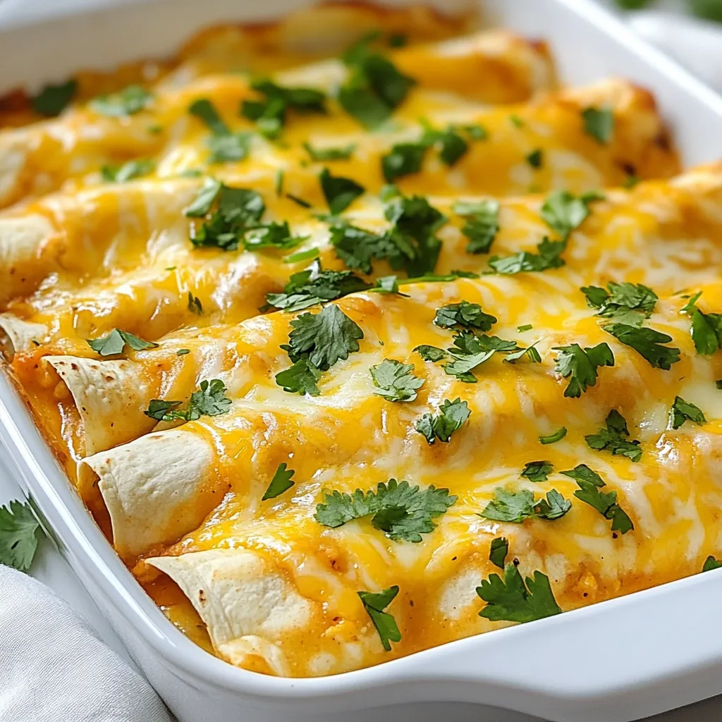 To make Honey Lime Chicken Enchiladas, gather these ingredients: - 2 cups cooked chicken, shredded - 1 cup cream cheese, softened - 1 cup shredded cheddar cheese - 1/2 cup sour cream - 1/4 cup honey - 3 tablespoons lime juice - 1 teaspoon lime zest - 8 flour tortillas - 1 cup enchilada sauce (store-bought or homemade) - 1/4 cup chopped fresh cilantro (for garnish) - Salt and pepper to taste You can swap some ingredients if needed. Use Greek yogurt instead of sour cream for a tangy twist. If you want a lighter option, try low-fat cream cheese. For a dairy-free meal, use vegan cream cheese and cheese alternatives. Honey can also be replaced with agave syrup for a similar sweetness. For this recipe, cooked chicken works best. You can use rotisserie chicken for its rich flavor and ease. Grilled chicken adds a smoky taste, while poached chicken stays tender and juicy. Just ensure it’s shredded well to mix easily with the other ingredients. {{ingredient_image_1}} First, gather all your ingredients. You need cooked chicken, cream cheese, cheddar cheese, sour cream, honey, lime juice, lime zest, tortillas, enchilada sauce, and cilantro. Shred the chicken if you haven’t done so. In a mixing bowl, add the shredded chicken, cream cheese, half of the cheddar cheese, sour cream, honey, lime juice, lime zest, salt, and pepper. Mix it all together until smooth. This mixture will bring great flavor to your enchiladas. Next, lay a tortilla flat on your clean surface. Scoop about 1/4 cup of the chicken mixture and place it in the center of the tortilla. Roll the tortilla tightly, making sure the filling stays inside. Place the rolled tortilla seam-side down in a greased baking dish. Repeat this for all tortillas. Once all are in the dish, pour the enchilada sauce evenly over the top. Sprinkle the remaining cheddar cheese on top to make it cheesy and delicious. Now, it's time to bake. Preheat your oven to 350°F (175°C). Cover the baking dish with aluminum foil and bake for 20 minutes. After that, remove the foil and bake for another 10 minutes. The cheese should melt and bubble nicely. Once done, take it out and let it cool for a few minutes. Before serving, sprinkle chopped cilantro on top for a fresh touch. Enjoy your tasty Honey Lime Chicken Enchiladas! You can prepare these enchiladas in advance. Simply follow the recipe up to the baking step. Once you roll the tortillas, place them in the baking dish. Cover the dish tightly with plastic wrap or foil. Store it in the fridge for up to 24 hours. When you're ready, just bake them as directed. This saves time and makes dinner easy. Rolling tortillas can be tricky. Here are some simple tips to help you. First, warm the tortillas slightly in the microwave. This makes them soft and easy to roll. Use about 1/4 cup of filling for each tortilla. Place the filling in the center. Fold in the sides, then roll from the bottom up. Make sure the seam is down in the dish. This keeps everything together. Want to boost the flavor of your enchiladas? Try these ideas! Add spices like cumin or chili powder to the chicken mix. For a kick, mix in some diced jalapeños. You can also swap the cheddar for pepper jack cheese for more heat. Drizzle a bit of extra honey over the top before serving for a sweet touch. Fresh lime juice adds a zesty flavor that brightens every bite. Pro Tips Use Leftover Chicken: This recipe is perfect for using up leftover rotisserie chicken or any cooked chicken you have on hand. Adjust the Spice: Add diced jalapeños or a dash of cayenne pepper to the chicken mixture for a spicy kick! Make Ahead: Assemble the enchiladas ahead of time and store them in the fridge. Just bake them when you’re ready to serve. Garnish for Freshness: Fresh herbs like cilantro or green onions add a burst of flavor and color to your dish when serving. {{image_2}} You can easily make a vegetarian version of honey lime enchiladas. Use beans, like black or pinto beans, instead of chicken. You can also add sautéed veggies, such as bell peppers, zucchini, or mushrooms. Mixing in some spinach gives a nice touch. Cream cheese can still be a part of the filling. It adds a rich taste and creamy texture. While the classic enchilada sauce works great, you can change it up. Try a green tomatillo sauce for a tangy twist. A creamy jalapeño sauce adds heat and flavor. For a sweet touch, you can use salsa verde. Each sauce brings its own flavor, making your enchiladas unique. Garnishes can elevate your dish. Fresh cilantro is a favorite, but you can use diced avocado for creaminess. Crumbled feta or cotija cheese adds a nice salty bite. A squeeze of fresh lime juice brightens all the flavors. You can also sprinkle some chopped green onions for extra crunch. After your enchiladas cool, store them properly. Let them sit for about 15 minutes after baking. This helps steam escape and prevents sogginess. Place them in an airtight container or cover them tightly with plastic wrap. Keep them in the fridge if you plan to eat them within three days. To reheat your Honey Lime Chicken Enchiladas, you can use an oven or microwave. If using the oven, preheat it to 350°F (175°C). Place the enchiladas in an oven-safe dish and cover with foil. Heat for about 15-20 minutes, or until warm. For the microwave, place a single enchilada on a plate. Heat for about 1-2 minutes, or until hot. Check the temperature to ensure they are heated through. Freezing enchiladas is a great way to save leftovers. First, let them cool completely. Then, wrap each enchilada in plastic wrap and place them in a freezer-safe bag. Remove as much air as possible to prevent freezer burn. They can last up to three months in the freezer. To cook from frozen, bake them at 350°F (175°C) for 30-40 minutes, adding extra time if needed. Enjoy your tasty meal anytime! Yes, you can use different cheese. Monterey Jack or pepper jack can add a nice twist. These cheeses melt well and give a great flavor. Feel free to mix cheeses for a unique taste. Just keep in mind the texture and melting quality. Making homemade enchilada sauce is easy. Here’s a simple way to do it: - Ingredients: - 2 tablespoons olive oil - 2 tablespoons chili powder - 1 teaspoon ground cumin - 1/2 teaspoon garlic powder - 1/4 teaspoon onion powder - 1 can (15 ounces) tomato sauce - 1 cup chicken broth - Salt to taste 1. Heat olive oil in a pot over medium heat. 2. Stir in chili powder, cumin, garlic powder, and onion powder. Cook for 1 minute. 3. Add tomato sauce and chicken broth. Mix well. 4. Simmer for 10 minutes. Add salt to taste. This sauce is rich and perfect for your enchiladas! Several side dishes go well with Honey Lime Chicken Enchiladas. Here are some tasty options: - Mexican rice - Refried beans - Fresh green salad - Corn on the cob - Guacamole and chips These sides add color and flavor to your meal. You can also serve lime wedges for extra zing! In this blog post, we covered everything you need to know about making delicious Honey Lime Chicken Enchiladas. We explored the key ingredients, tips for easy assembly, and creative variations. You learned proper storage and reheating techniques to keep your enchiladas tasty. Remember, you can swap ingredients or sauces to match your taste. Also, have fun trying new side dishes! With these tips, you can impress your family and friends with your cooking skills. Enjoy your cooking journey and savor every bite!