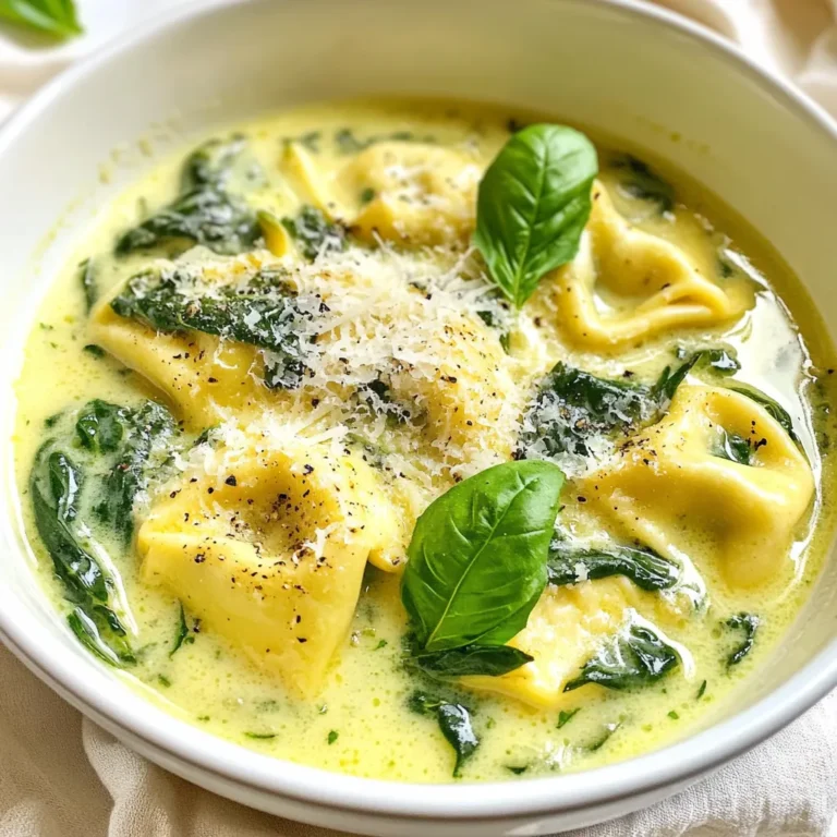 - 2 tablespoons olive oil - 1 medium onion, diced - 3 cloves garlic, minced - 2 cups fresh spinach, chopped - Fresh basil leaves for garnish - 4 cups vegetable broth - 1 (9 oz) package refrigerated cheese tortellini - 1 cup heavy cream - 1 teaspoon Italian seasoning - Salt and pepper to taste - Grated Parmesan cheese for serving Gather these fresh and pantry ingredients to make a delicious creamy spinach tortellini soup. The olive oil adds richness, and the onion and garlic create a strong base. Fresh spinach gives color and nutrition, while basil adds a lovely aroma. The vegetable broth is key; it provides the soup's depth. Cheese tortellini brings heartiness and flavor. Heavy cream makes the soup creamy and smooth. Italian seasoning adds a warm blend of herbs. Finally, salt and pepper balance the taste, while grated Parmesan cheese enhances the richness when serving. Each ingredient plays an important role. Together, they create a flavorful and simple meal you will love. {{ingredient_image_1}} - Sautéing the onion Start by heating the olive oil in a large pot over medium heat. Add the diced onion. Sauté it for about five minutes. You want it to soften and become translucent. - Adding garlic Now, it’s time to add minced garlic. Stir it in and cook for one more minute. This will make your kitchen smell amazing! - Bringing broth to a boil Next, pour in the vegetable broth. Increase the heat to high and bring it to a boil. It should take just a few minutes. - Cooking tortellini Once the broth boils, add the cheese tortellini. Cook according to the package instructions, usually about five to seven minutes. Stir gently to avoid sticking. - Adding spinach and cream Reduce the heat to low. Now, stir in the chopped spinach and heavy cream. Let it simmer for two to three minutes. The spinach will wilt and the soup will become creamy. - Seasoning the soup Finally, taste the soup. Season with salt and pepper to your liking. This step makes all the flavors pop! To boost the flavor of your soup, consider these swaps: - Use chicken broth instead of vegetable broth for a deeper taste. - Try using fresh herbs like thyme or oregano for a bright twist. - Swap heavy cream with coconut milk for a lighter option. For seasoning, add salt gradually. Taste as you go. This helps you find the perfect balance. Italian seasoning adds great depth. Mix it in just before serving for the best flavor. Sautéing vegetables well is key. Heat the olive oil until hot, then add the onion. Cook until soft but not brown. This brings out the sweet flavor. After the onion, add garlic and sauté for just a minute. This keeps the garlic from burning and turning bitter. Be careful not to overcook the tortellini. Follow the package time closely. If you cook it too long, it can become mushy. When you add it to the soup, stir gently to avoid breaking the pasta. For serving, ladle the soup into bowls while hot. This keeps it warm and tasty. Add a sprinkle of Parmesan cheese on top. It gives a nice salty kick. To make it look fancy, add fresh basil leaves. They add a pop of color and a fresh aroma. You can also drizzle a bit of olive oil on top for extra richness. Pro Tips Use Fresh Spinach: Fresh spinach adds a vibrant color and flavor to the soup. If using frozen spinach, make sure to thaw and drain it well to avoid excess water in the soup. Customize with Proteins: For a heartier soup, consider adding cooked chicken, sausage, or white beans. This will not only increase the protein content but also enhance the flavor. Adjust Creaminess: If you prefer a lighter soup, you can substitute half of the heavy cream with milk or a non-dairy alternative. This will still provide a creamy texture without being too rich. Garnish for Flavor: Don’t skip the Parmesan and basil garnish! They add an extra layer of flavor and make the soup visually appealing. You can also drizzle a bit of olive oil for added richness. {{image_2}} You can boost your creamy spinach tortellini soup with protein. Chicken is a great choice. Cook diced chicken breast in the pot before adding the onion. It adds flavor and makes the soup heartier. You can also use cooked sausage. Slice it up and add it with the tortellini. This adds a nice spice to the dish. If you want a dairy-free version, try plant-based creams. Coconut cream works well for a rich texture. You can also look for almond or cashew creams. These options give you a creamy feel without dairy. For tortellini, choose vegan options. Many brands offer delicious plant-based tortellini made with spinach or other vegetables. Consider using seasonal vegetables for extra flavor. In winter, root vegetables like carrots or parsnips can be great. Just chop them and add them at the start with the onion. Fresh herbs can also enhance your soup. Basil is a classic, but thyme or parsley can add a lovely touch. Just sprinkle them in just before serving to keep the flavor fresh. To keep your creamy spinach tortellini soup fresh, store it in an airtight container. Place it in the fridge right after it cools down. The soup will last for up to three days. When it's time to enjoy leftovers, reheat gently. You can use the stove or microwave. Stir often to avoid hot spots and overcooking. Aim for a warm, not boiling, temperature. To freeze the soup, let it cool completely. Pour it into freezer-safe containers, leaving some space at the top. The soup can stay good in the freezer for up to three months. For thawing, move the soup to the fridge overnight. If you need it fast, you can use the microwave. Just remember to stir well after reheating. Can I use frozen spinach instead? Yes, you can use frozen spinach. Just thaw it first and drain any extra water. This will keep your soup from getting watery. What else can I add to the soup? You can add a variety of things. Try diced carrots for crunch. Chopped mushrooms add earthiness. Feel free to toss in cooked chicken for protein. Is this recipe gluten-free? No, this recipe is not gluten-free due to the cheese tortellini. You can use gluten-free tortellini if you want a gluten-free option. Best side dishes to serve Serve the soup with crusty bread for dipping. A light salad pairs well too. Garlic bread is another favorite choice. Cooking for a crowd This soup is easy to scale up. Just double the recipe and use a bigger pot. Make sure to adjust cooking times if needed. Options for dairy-free or vegan diets For a dairy-free version, use coconut cream instead of heavy cream. You can also find vegan tortellini at some stores. Adjusting for nut allergies This recipe is nut-free as it is. Always check labels on store-bought tortellini to ensure they are nut-free too. This blog covered how to make a delicious soup using fresh and pantry ingredients. You learned about preparation, cooking steps, and tips for flavor. I shared ways to customize the recipe with proteins, dairy alternatives, and seasonal ingredients. Remember, storing and reheating leftovers is key to enjoying your soup later. With this guide, you can create a tasty dish that fits your needs and preferences. Dive in and enjoy your cooking adventure!