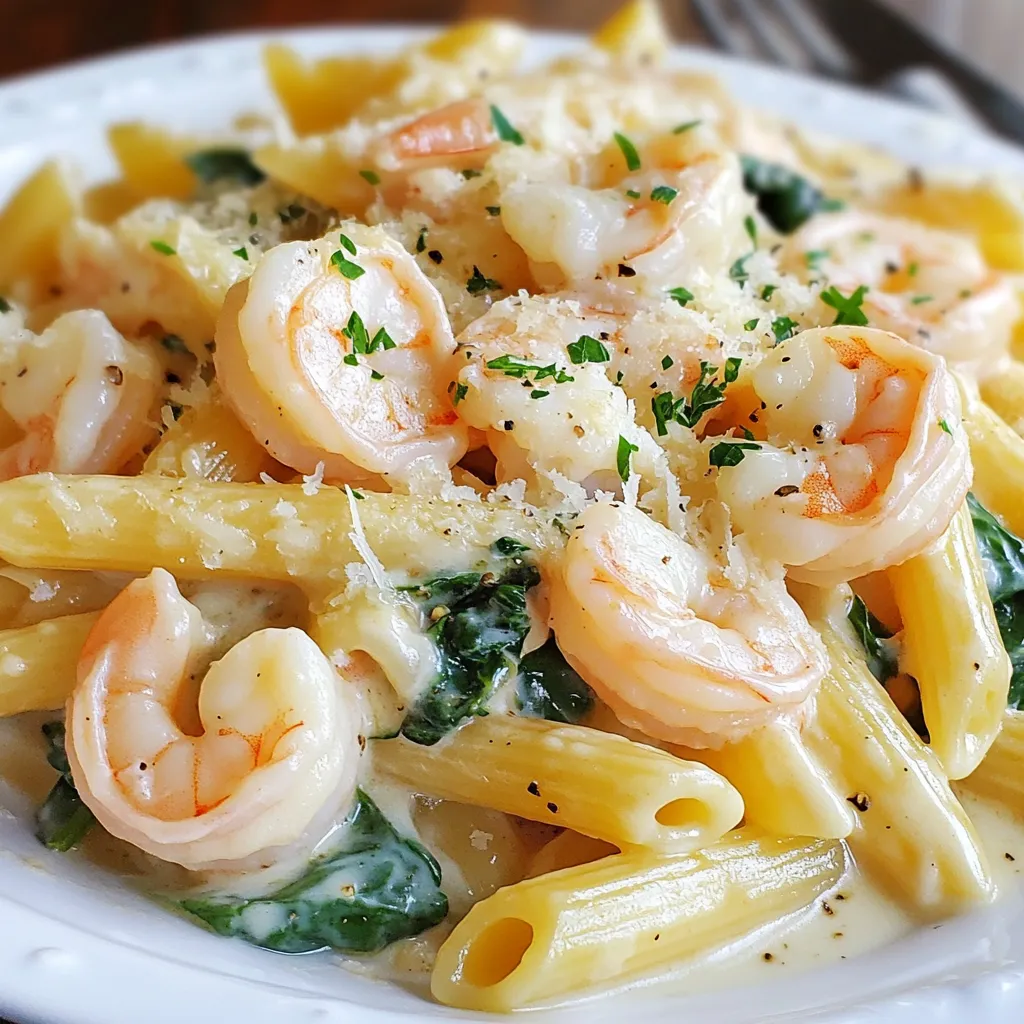 To make creamy garlic shrimp penne, gather these main items: - 8 oz penne pasta - 1 lb large shrimp, peeled and deveined - 4 cloves garlic, minced - 1 cup heavy cream - 1 cup chicken broth - 1 cup spinach, fresh - 1/2 cup grated Parmesan cheese - 2 tablespoons olive oil - 1 tablespoon butter - Salt and pepper to taste These ingredients create a rich and creamy sauce that coats the pasta well. The shrimp adds a lovely flavor and protein to your dish. You can customize your dish with these optional items: - 1/2 teaspoon red pepper flakes (for heat) - Fresh parsley, chopped (for garnish) These add-ins enhance the flavor and make the dish more appealing. The red pepper flakes bring a nice kick, while parsley adds freshness. To prepare creamy garlic shrimp penne, use these tools: - Large pot (for cooking pasta) - Large skillet (for sauce and shrimp) - Measuring cups and spoons - Knife and cutting board Having the right tools makes cooking easier and more fun. A good skillet helps you achieve that perfect creamy sauce. {{ingredient_image_1}} Start by boiling a large pot of water. Add salt to the water for flavor. Once it boils, toss in 8 ounces of penne pasta. Cook it according to the package instructions. Make sure the pasta is al dente, which means it should be firm but not hard. This usually takes about 10-12 minutes. After cooking, drain the pasta and set it aside. Don’t forget to save half a cup of the pasta water for later! While the pasta cooks, grab a large skillet. Heat 2 tablespoons of olive oil and 1 tablespoon of butter over medium heat. When the oil is hot, add 1 pound of large shrimp. Season them with salt, pepper, and ½ teaspoon of red pepper flakes if you like some heat. Cook the shrimp for 2-3 minutes on each side until they turn pink and opaque. Once cooked, remove the shrimp from the skillet and set them aside. In the same skillet, toss in 4 cloves of minced garlic. Sauté it for about 30 seconds until you smell that rich aroma. Next, add 1 cup of chicken broth and bring it to a gentle simmer. Scrape up any bits stuck to the pan for extra flavor. After that, reduce the heat and stir in 1 cup of heavy cream. Let the sauce simmer for about 3-4 minutes. It should thicken up a bit during this time. Now it’s time to bring everything together! Add the drained penne and 1 cup of fresh spinach to the skillet. Mix well until the spinach wilts and everything is coated in that creamy sauce. If the sauce is too thick, pour in some of the reserved pasta water until it reaches your desired consistency. Finally, stir in ½ cup of grated Parmesan cheese until it melts and blends in. Add the cooked shrimp back into the skillet, mixing until everything is well combined. Serve your creamy garlic shrimp penne on plates and garnish with chopped parsley and more Parmesan if you wish! To cook shrimp just right, start with large, fresh shrimp. They should be peeled and deveined. Heat olive oil and butter in a skillet over medium heat. Add the shrimp in a single layer. Season with salt, pepper, and red pepper flakes if you like spice. Cook each side for about 2-3 minutes. When they turn pink and opaque, they are done. Remove them from the skillet to avoid overcooking. This step keeps them tender and juicy. If your sauce seems too thick, don’t worry! You can fix it easily. Just add a little reserved pasta water. Start with a tablespoon and mix it in. Keep adding until you reach the desired creaminess. The water helps thin the sauce without losing flavor. If the sauce is too thin, let it simmer a bit longer. This will help it thicken naturally. To store leftovers, let the creamy garlic shrimp penne cool down first. Place it in an airtight container. It will stay fresh in the fridge for up to three days. When you are ready to eat, reheating is simple. Use a skillet over low heat. Add a splash of chicken broth or cream to keep it moist. Stir often until it’s heated through. Enjoy your meal just like it was freshly made! Pro Tips Use Fresh Shrimp: For the best flavor and texture, opt for fresh shrimp instead of frozen. If using frozen, ensure they are completely thawed and patted dry before cooking. Don't Overcook the Pasta: Cook the penne until it's al dente, as it will continue cooking slightly when combined with the sauce. This prevents it from becoming mushy. Enhance the Flavor: Add a splash of white wine to the skillet after sautéing the garlic, and let it simmer to reduce before adding the chicken broth for an extra depth of flavor. Adjust the Creaminess: If you prefer a lighter sauce, you can substitute half of the heavy cream with Greek yogurt or use low-fat cream alternatives. {{image_2}} You can make creamy garlic shrimp penne even better by adding more veggies. Try bell peppers for sweetness, or zucchini for a nice crunch. Broccoli or asparagus work well too. Just sauté them with the shrimp for a tasty touch. This adds color and nutrients to your dish. Plus, it makes your meal even more filling. Not a fan of shrimp? No problem! You can swap shrimp for chicken or scallops. Thinly sliced chicken breast cooks fast and soaks up the creamy sauce nicely. If you prefer, use firm tofu for a plant-based option. Each choice gives your penne a unique flavor. Just adjust the cooking time to ensure everything cooks well. If you need a gluten-free meal, opt for gluten-free penne pasta. Many brands offer great options that taste just as good. You can also use spiralized veggies like zucchini or carrots as a base. They add a fresh taste while keeping the dish light. With these swaps, you can enjoy creamy garlic shrimp penne without worry. Store your creamy garlic shrimp penne in an airtight container. Let it cool to room temperature before sealing. Place the container in the fridge. It will keep well for 3 to 4 days. If you have extra sauce, store it separately. This helps maintain the dish's creamy texture. You can freeze creamy garlic shrimp penne, but it may change texture. Use a freezer-safe container. Make sure to cool the dish first. It can last in the freezer for up to 3 months. Label your container with the date. When ready to eat, thaw in the fridge overnight. Reheat your creamy garlic shrimp penne on the stove for best results. Add a splash of chicken broth or water to help with the sauce. Heat over low to medium heat, stirring often. You can also use the microwave. Heat in short bursts, stirring in between. Enjoy your meal hot! Yes, you can use frozen shrimp. Thaw them first. Place them in cold water for about 15 minutes. Drain well before cooking. This saves time and still gives great flavor. You can use half-and-half or whole milk mixed with butter. For a lighter option, try Greek yogurt. It adds creaminess without too many calories. Adjust seasonings if needed to maintain flavor. To add heat, use red pepper flakes or diced jalapeños. Start with a small amount and taste as you go. You can also add hot sauce to the cream sauce for more kick. Yes, you can prepare the shrimp and sauce ahead of time. Store them in the fridge for up to two days. Cook the pasta fresh when you're ready to eat. This keeps everything tasting great. Simple sides work best. A fresh green salad complements the rich sauce. Steamed vegetables like broccoli or asparagus also go well. Garlic bread is a great choice too; it soaks up the sauce nicely. In this article, we explored how to make creamy garlic shrimp penne. We covered key ingredients, easy cooking steps, and useful tips to get the best results. You can mix add-ins and try variations to change the dish. Remember, perfect shrimp and a smooth sauce are vital. Store leftovers properly for tasty meals later. Enjoy making this dish, and impress everyone with your cooking skills. Making tasty meals brings joy, so give it a try!
