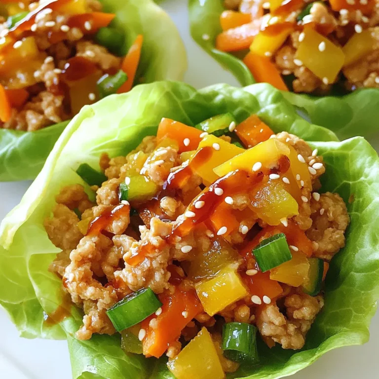 - 1 lb (450g) ground chicken - 1 tablespoon olive oil - 3 cloves garlic, minced - 1 teaspoon ginger, freshly grated - 1/4 cup teriyaki sauce (low sodium preferred) - 1 tablespoon honey - 1 tablespoon rice vinegar - 1 cup bell peppers, finely diced (mix of colors for presentation) - 1/2 cup carrots, shredded - 1/4 cup green onions, sliced - 1 head of butter lettuce or romaine lettuce, leaves separated - Sesame seeds for garnish - Optional: Sriracha sauce for a spicy kick For the best taste, I suggest using high-quality brands. Look for low-sodium teriyaki sauce to keep flavors balanced. Brands like Kikkoman or Soy Vay offer great options. Fresh ginger adds a nice zing, while honey enhances the sweet notes in the dish. I prefer organic olive oil for cooking and flavor. Choose vibrant bell peppers to make the dish pop with color. Fresh green onions add a nice crunch and brightness. - Ground chicken: A lean protein that is low in fat and high in protein. - Olive oil: Heart-healthy fat that promotes good cholesterol. - Garlic: Known for its immune-boosting properties and strong flavor. - Ginger: Aids digestion and adds warmth to the dish. - Bell peppers: Rich in vitamins A and C, they support eye health. - Carrots: Packed with beta-carotene for healthy skin and vision. - Lettuce: Low in calories and high in fiber, it aids digestion. - Sesame seeds: Provide healthy fats and add a nutty flavor. These ingredients not only create a tasty meal but also provide health benefits. Enjoy these wraps knowing they nourish your body too! {{ingredient_image_1}} To start, gather all the ingredients. This will make cooking smooth and easy. You need: - 1 lb ground chicken - 1 tablespoon olive oil - 3 cloves garlic, minced - 1 teaspoon ginger, freshly grated - 1/4 cup teriyaki sauce - 1 tablespoon honey - 1 tablespoon rice vinegar - 1 cup bell peppers, finely diced - 1/2 cup carrots, shredded - 1/4 cup green onions, sliced - 1 head of butter or romaine lettuce - Sesame seeds for garnish - Optional: Sriracha sauce for a spicy kick Next, heat the olive oil in a large skillet over medium heat. Once hot, add the ground chicken. Break it apart with a spatula. Cook it for about 5-7 minutes until it’s fully cooked and no longer pink. Now, it’s time to add flavor. Stir in the minced garlic and grated ginger. Cook this for one minute. You want to smell the garlic and ginger. In another bowl, whisk together the teriyaki sauce, honey, and rice vinegar. Pour this sauce over the cooked chicken in the skillet. Add the diced bell peppers and shredded carrots. Stir them into the chicken mixture. Cook for another 3-4 minutes. You want the veggies to be slightly tender but still crisp. This keeps the wraps fresh and colorful. Remove the skillet from heat. Stir in the sliced green onions for a fresh touch. To serve, take a large lettuce leaf. Spoon a generous amount of the teriyaki chicken mixture into the center. If you like heat, add a drizzle of sriracha. Then fold the lettuce over to create a wrap. Finish by garnishing with sesame seeds on top before serving. This adds a nice crunch and looks great! Enjoy your delicious teriyaki chicken lettuce wraps. To make great teriyaki sauce, focus on balance. You want sweet, salty, and tangy. Use low sodium teriyaki sauce for a healthier option. Mix it with honey and rice vinegar for depth. Start with a small bowl. Whisk the ingredients well. Taste as you go. Adjust sweetness or saltiness to fit your taste. Cooking ground chicken well is key. I prefer using a skillet over medium heat. This method gives you control. Break the chicken into small pieces as it cooks. This helps it brown evenly. Cook until no pink remains. This takes about 5-7 minutes. Stir in garlic and ginger to add flavor. Avoid cooking the chicken on too high heat. This can dry it out. Don't forget to stir the mixture often. It helps the chicken cook evenly. Also, don’t skip the veggies. They add color and crunch. Lastly, be careful with the sauce. Adding too much at once can make it soggy. Add it gradually and mix well. Pro Tips Use Fresh Ingredients: Fresh garlic and ginger will enhance the flavor of your teriyaki chicken. Avoid pre-minced or jarred versions for the best taste. Customize Your Vegetables: Feel free to add or substitute other vegetables like zucchini or snap peas to add more color and nutrition to your wraps. Make Ahead: Prepare the teriyaki chicken mixture in advance and store it in the fridge. Just heat it up when you're ready to serve! Perfect Your Wrap: To make the lettuce wraps easier to handle, choose larger leaves and ensure they are washed and dried properly to avoid tearing. {{image_2}} If you want a vegetarian option, try using ground tofu or tempeh. Both have a great texture and soak up flavors well. For a vegan version, ensure your teriyaki sauce does not contain any animal products. You can also use soy sauce or coconut aminos as a base. You can swap ground chicken for turkey or lean beef if you prefer. If you're gluten-free, use tamari instead of regular teriyaki sauce. For those with a soy allergy, try sunflower seed butter mixed with vinegar for a unique flavor. To make these wraps even better, try adding chopped water chestnuts for crunch. You can mix in diced mushrooms for an earthy flavor. Fresh herbs like cilantro or mint add a burst of freshness. For extra heat, consider jalapeños or a sprinkle of chili flakes. After enjoying your teriyaki chicken lettuce wraps, store any leftovers in an airtight container. Make sure to separate the chicken mixture from the lettuce leaves. This keeps the lettuce crisp and fresh. You can store the chicken mixture in the fridge for up to three days. If you want to save the chicken mixture for later, freezing is a great option. Let the chicken cool completely before placing it in a freezer-safe bag. Remove as much air as possible to prevent freezer burn. The chicken can be frozen for up to three months. When ready to eat, thaw it overnight in the fridge. To reheat the chicken mixture, place it in a skillet over medium heat. Stir often until it is warmed through. You can also microwave it in short intervals, stirring in between. Avoid overheating, as this can make the chicken dry. Once warmed, serve it again in fresh lettuce leaves for a tasty meal. Yes, you can use other meats. Ground turkey, beef, or pork are great options. Each meat brings a unique taste. Ground turkey is leaner, while beef adds more flavor. If you prefer a different texture, try diced chicken breast or shrimp. Just cook them until done. Use the same sauce and veggies to keep the dish flavorful. These wraps pair well with many sides. You can serve rice or quinoa for extra carbs. Steamed vegetables, like broccoli or snap peas, add color and nutrients. A light salad with a sesame dressing is also a good choice. For a fun twist, serve with crispy wontons. They add crunch and go well with the wraps. These wraps can be mild or spicy. The base recipe is not spicy. If you like heat, add sriracha. Start with a little and add more if needed. You can also use red pepper flakes for a different flavor. For milder wraps, skip the sriracha and use sweet teriyaki sauce. Adjust to your taste! You learned about the key ingredients for tasty teriyaki chicken lettuce wraps. We explored preparation steps, cooking methods, and tips for great flavor. Variations let you adjust for diet needs or fun twists. Storage tips help keep leftovers fresh. My final thought: these wraps are simple, tasty, and perfect for any meal. Enjoy making them your own!