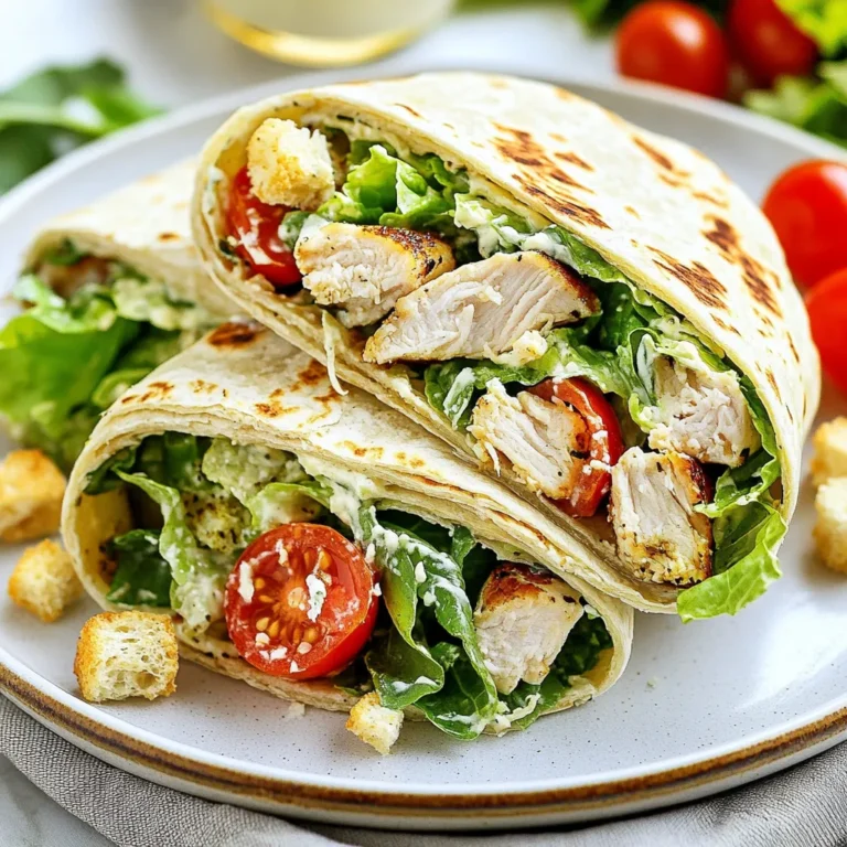 To make a tasty Chicken Caesar Wrap, gather these ingredients: - 2 cups cooked chicken breast, shredded or diced - 4 large whole wheat tortillas - 1 cup romaine lettuce, chopped - ½ cup Caesar dressing (store-bought or homemade) - ½ cup cherry tomatoes, halved - ¼ cup grated Parmesan cheese - Salt and pepper to taste - Optional: Croutons for added crunch These ingredients come together to create a rich and satisfying meal. You can easily find them at your local grocery store. You might not have all the ingredients on hand. Here are some easy swaps: - Chicken: Use rotisserie chicken or grilled tofu for a vegetarian option. - Tortillas: Flour tortillas work too, but whole wheat adds fiber. - Dressing: Try ranch or Greek yogurt dressing if you prefer a different flavor. - Lettuce: Spinach or kale can replace romaine for extra nutrients. These swaps keep your wrap delicious and fresh, no matter what you choose. Whole wheat tortillas offer many benefits: - More Fiber: They help you feel full longer. - Nutrients: They contain vitamins and minerals that are good for your health. - Less Processed: Whole wheat is a healthier option than white flour. Using whole wheat tortillas makes your Chicken Caesar Wrap not just tasty but also better for your body. Enjoy your cooking! {{ingredient_image_1}} First, gather your ingredients. You need cooked chicken, lettuce, cherry tomatoes, and Caesar dressing. In a mixing bowl, add 2 cups of shredded chicken. Next, toss in 1 cup of chopped romaine lettuce and ½ cup of halved cherry tomatoes. Pour in ½ cup of Caesar dressing. Mix everything well until the chicken and veggies get coated. This mix should look fresh and tasty. Finally, season it with salt and pepper. Taste it to make sure you like the flavor. Now, you get to build your wrap. Take 4 large whole wheat tortillas and lay them flat. Divide the chicken Caesar mixture evenly across the center of every tortilla. Next, sprinkle ¼ cup of grated Parmesan cheese on top. If you want more crunch, add croutons now. This step adds a fun texture. Fold the sides of each tortilla inward, then roll from the bottom up. Make sure the filling stays inside. This will keep your wrap neat and tight. Grilling makes your wraps even better. You can use a panini press or a skillet. Heat the grill to medium. Place the wraps on the grill for 2 to 3 minutes on each side. You want them to be golden brown and warm. When done, take them off and slice each wrap in half diagonally. This makes them easy to eat and fun to share. Serve your Classic Chicken Caesar Wraps right away. Enjoy the fresh flavors and textures! To make the perfect wrap, start with fresh ingredients. Use warm tortillas for easy rolling. First, mix your chicken, lettuce, tomatoes, and dressing in a bowl. This step ensures each bite is full of flavor. When you fill your tortilla, keep the filling in the center. Leave space on the sides. This helps with wrapping. Fold the sides in first, then roll tightly from the bottom. If you want a crispy outside, grill the wrap for a few minutes. If you have leftovers, wrap them in plastic wrap or foil. This keeps them fresh. Store your wraps in the fridge for up to two days. When you're ready to eat, reheat them in a skillet. This method warms them up without making them soggy. You can also enjoy them cold if you like. Just add some extra dressing for flavor. Pair your wrap with fresh fruit or a light salad. A simple side of carrot sticks or cucumber slices works well too. For added crunch, serve some homemade croutons on the side. If you want a drink, try sparkling water with lemon. This drink refreshes your palate while you enjoy your meal. Pro Tips Use Fresh Ingredients: Always opt for fresh romaine and ripe cherry tomatoes to enhance the flavors of your wrap. Make It Your Own: Feel free to add other ingredients like avocado, grilled veggies, or bacon for extra flavor and variety. Grilling for Perfection: If grilling, make sure to preheat your pan or press for an even, crispy texture on the outside. Serving Suggestions: Pair your wraps with a side of sweet potato fries or a light soup for a complete meal. {{image_2}} You can make a great vegetarian version of the Chicken Caesar Wrap. Replace the chicken with grilled veggies. Try zucchini, bell peppers, or mushrooms. Use the same Caesar dressing for flavor. Add some chickpeas for protein. You still get that creamy taste and crunch. If you love heat, try a spicy Chicken Caesar Wrap. Add some hot sauce to the Caesar dressing. You can also use spicy grilled chicken. For extra flavor, add jalapeños. This version gives the classic wrap a fun kick. It’s great for those who enjoy bold flavors. Get creative with your wrap! You can add extra ingredients to suit your taste. Here are some ideas: - Avocado: It adds creaminess and healthy fats. - Cucumber: It brings a nice crunch and freshness. - Red onion: It gives a sharp bite. - Bacon bits: They add a smoky flavor and crispiness. Feel free to mix and match. Making this wrap your own is simple and fun! Each Chicken Caesar wrap has about 350 calories. The calorie count comes from the whole wheat tortilla, chicken, and dressing. If you add croutons, it might go up slightly. This wrap is filling yet light, making it a great choice for lunch or dinner. - Chicken Breast: High in protein, low in fat. It helps build and repair muscles. - Whole Wheat Tortillas: These have more fiber than white tortillas. Fiber aids digestion and keeps you full longer. - Romaine Lettuce: Low in calories, it adds crunch and vitamins A and C. - Caesar Dressing: While it adds flavor, use it in moderation. Look for lighter options for fewer calories. - Cherry Tomatoes: They are full of antioxidants and add a sweet touch. - Parmesan Cheese: This gives calcium and flavor. Use it wisely to control calories. These ingredients combined create a meal that is both tasty and nutritious. Compared to a classic deli wrap, the Chicken Caesar wrap is healthier. Deli wraps often have more processed meats and sauces. A Chicken Caesar wrap focuses on lean protein and fresh veggies. This makes it lighter and more balanced. You get lots of flavors without extra calories. For a quick meal, it’s a better pick than many fast-food options. Yes, you can make the Chicken Caesar Wrap ahead of time. This wraps well for meal prep. Just prepare the chicken mixture and store it in the fridge. You can fill the tortillas when you are ready to eat. This keeps the wrap fresh. If you want a different taste, use ranch dressing or a yogurt-based dressing. You can also try a homemade dressing with olive oil, lemon juice, and garlic. These options give a tasty twist to the wrap. To store leftover wraps, wrap them tightly in plastic wrap or foil. Keep them in the fridge for up to two days. If you want to eat them later, you can reheat them in a skillet. This makes them warm and tasty again. You learned how to make a tasty Chicken Caesar Wrap using whole wheat tortillas. We covered key ingredients, step-by-step assembly, and tips for success. I shared ways to customize your wrap and provided important nutrition facts. Remember, you can make this a vegetarian meal or add spice for extra flavor. The possibilities are endless. Enjoy experimenting, and turn your wraps into a satisfying meal each time!