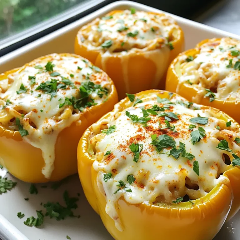 To make Cajun Chicken Alfredo Stuffed Peppers, gather these items: - 4 large bell peppers (any color) - 2 cups cooked rotini or penne pasta - 2 cups cooked chicken breast, shredded - 1 cup Cajun Alfredo sauce (store-bought or homemade) - 1 cup shredded mozzarella cheese - 1 teaspoon Cajun seasoning - 1/2 teaspoon garlic powder - 1/2 teaspoon onion powder - Salt and pepper, to taste - Fresh parsley, chopped (for garnish) You can swap ingredients based on what you have. - Bell Peppers: Use zucchini or eggplant if you want a low-carb option. - Pasta: Gluten-free pasta works great for those avoiding gluten. - Chicken: Use cooked shrimp or turkey for a different protein. - Cheese: Try cheddar or pepper jack for a twist in flavor. These stuffed peppers are not just tasty; they are also healthy. Each serving contains: - Calories: Approximately 450 - Protein: 35g - Carbohydrates: 40g - Fat: 20g This dish packs a punch with protein and flavors. It’s satisfying and good for you! {{ingredient_image_1}} First, you need to preheat your oven to 375°F (190°C). This step is key for even cooking. While the oven heats up, grab your bell peppers. Slice off the tops and take out the seeds and membranes. Make sure they stand upright in a baking dish. This helps keep all the filling inside. Next, let’s mix all the tasty ingredients. In a big bowl, combine the cooked pasta, shredded chicken, and Cajun Alfredo sauce. Add the Cajun seasoning, garlic powder, onion powder, salt, and pepper. Stir well until everything is coated with the sauce. Now, take your prepared peppers and fill them with this mixture. Pack it tightly for a good bite. Be generous! Finally, sprinkle shredded mozzarella cheese on top of each pepper for that gooey goodness. Now it’s time to bake! Cover your baking dish with aluminum foil. This keeps moisture inside. Place it in the preheated oven and bake for 25 minutes. After that, remove the foil. Bake for another 10 to 15 minutes. You want the cheese to be bubbly and slightly golden. Once done, carefully take the peppers out of the oven. Let them cool for a few minutes. Don’t forget to garnish with fresh parsley before serving! To make perfect Cajun Chicken Alfredo Stuffed Peppers, follow these steps: - Choose fresh peppers: Look for firm, bright bell peppers. They hold up well during baking. - Cook pasta al dente: This keeps the pasta from getting mushy when baking. - Mix well: Ensure every piece of chicken and pasta gets coated in the sauce. - Don’t overfill: Pack the peppers, but leave a little space. This helps with even cooking. - Adjust baking time: Check the cheese. If it’s not golden, give it a few more minutes. Here are some mistakes to watch out for: - Using raw chicken: Always use cooked chicken. Raw chicken won’t cook through in the peppers. - Skipping seasoning: Don’t forget the Cajun seasoning. It adds the signature flavor. - Not covering the dish: Cover the baking dish with foil to keep moisture in. - Using too much sauce: Too much sauce can make the filling runny. Stick to the recipe. - Ignoring cooling time: Let the peppers cool before serving. This helps set the filling. Serve your stuffed peppers with these ideas: - Fresh salad: A crisp salad balances the richness of the dish. - Garlic bread: It’s perfect for scooping up any extra sauce. - Extra cheese: Offer grated cheese on the side for those who love it. - Hot sauce: A dash of hot sauce can spice things up for heat lovers. - Wine pairing: A nice white wine complements the creamy sauce well. Pro Tips Choose Colorful Peppers: Using a mix of colored bell peppers not only makes the dish visually appealing but also adds a variety of flavors. Customize Your Sauce: Feel free to make your own Cajun Alfredo sauce to control the spice level and ensure freshness. Layer the Cheese: For an extra cheesy experience, layer cheese between the pasta mixture and the top layer before baking. Let Them Rest: Allow the stuffed peppers to rest for a few minutes after baking to help them set, making it easier to serve. {{image_2}} You can make this dish vegetarian by swapping the chicken for a meat substitute. Use a mix of sautéed mushrooms, zucchini, and spinach for a hearty filling. This adds flavor and keeps the dish vibrant. You can also use plant-based Alfredo sauce. It still tastes great and keeps the creamy texture. To make this dish gluten-free, simply choose gluten-free pasta. Many brands offer options like rice or corn pasta. Ensure that your Cajun Alfredo sauce is gluten-free too. Check the label for any hidden gluten. This way, you can enjoy the stuffed peppers without worry. You can change the flavors based on your taste. Add more Cajun seasoning for extra heat. If you prefer milder flavors, use less seasoning. Consider adding diced tomatoes or black beans for more texture. A squeeze of lemon can also brighten up the dish. Explore these small changes to find your perfect mix. To store leftovers, cool the stuffed peppers to room temperature. Place them in an airtight container. They will last in the fridge for up to three days. If you want to keep them longer, consider freezing. When reheating, use the oven for the best results. Preheat your oven to 350°F (175°C). Place the peppers in an oven-safe dish. Cover them with foil to retain moisture. Heat for about 20 minutes or until warmed through. You can also use a microwave; just be careful not to overcook them. To freeze, wrap each stuffed pepper tightly in plastic wrap. Place them in a freezer-safe bag or container. They can last up to three months in the freezer. When ready to eat, thaw in the fridge overnight before reheating. Enjoy your tasty Cajun Chicken Alfredo stuffed peppers anytime! Yes, you can prepare these stuffed peppers ahead of time. Just follow the steps until you fill the peppers. Then, cover them and place them in the fridge for up to 24 hours. When you are ready to cook, bake them straight from the fridge. You may need to add a few extra minutes to the cooking time. To reheat stuffed peppers, place them in the oven at 350°F (175°C). Cover them with foil to keep them moist. Heat for about 20 minutes or until warmed through. You can also use a microwave. Heat in short bursts, checking often to avoid overcooking. Yes, you can switch up the cheese! Try cheddar for a sharper flavor or pepper jack for some heat. Cream cheese can give a rich, creamy texture. Just remember to adjust the amount if you use a different cheese type. In this post, I explored Cajun Chicken Alfredo Stuffed Peppers, including ingredients and step-by-step instructions. I shared tips to perfect your dish, variations to suit different diets, and proper storage methods. Remember, these peppers are flexible and fun to make. You can adapt them to your tastes and needs. Keep these ideas in mind as you cook. Enjoy making this tasty dish, and don't be afraid to experiment!