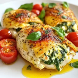 - 4 boneless, skinless chicken breasts - 1 cup fresh spinach, chopped - ½ cup ricotta cheese - ½ cup grated Parmesan cheese - ¼ cup cream cheese, softened - 2 cloves garlic, minced - 1 teaspoon Italian seasoning - ½ teaspoon salt - ¼ teaspoon black pepper - 2 tablespoons olive oil - 1 cup cherry tomatoes, halved (for garnish) - Fresh basil leaves, for garnish To make this dish shine, choose fresh ingredients. Look for chicken breasts that are pink and firm. Fresh spinach should be bright green and crisp. For the cheeses, get the best quality you can find. This adds depth to the flavor. If you can’t find ricotta, cottage cheese can work as a substitute. For a richer taste, try using mascarpone cheese instead of cream cheese. Don’t worry if you don’t have fresh garlic; garlic powder is a fine alternative. Feel free to mix in other greens too. Kale or Swiss chard can add a different twist to the filling. Enjoy experimenting with flavors! {{ingredient_image_1}} 1. First, preheat your oven to 375°F (190°C). This step is key for even cooking. 2. In a bowl, mix chopped spinach, ricotta cheese, Parmesan cheese, and cream cheese. 3. Add minced garlic, Italian seasoning, salt, and black pepper. Stir until you have a creamy filling. 4. For safe handling, wash your hands and all surfaces after touching raw chicken. 5. Slice a pocket into each chicken breast. Make the cut deep, but do not cut all the way through. 1. Heat olive oil in an oven-safe skillet over medium heat. Wait until it's hot. 2. Stuff each chicken breast with the creamy spinach mixture. Secure with toothpicks if needed. 3. Place the stuffed chicken in the hot skillet. Sear for 3-4 minutes on each side until golden brown. 4. Move the skillet to the oven. Bake for 20-25 minutes. The chicken must reach an internal temperature of 165°F (74°C). 5. After cooking, let the chicken rest for 5 minutes. This step helps keep it juicy. 6. Serve garnished with halved cherry tomatoes and fresh basil leaves for a pop of color. To make sure your chicken stays juicy, follow these tips: - Use a meat thermometer. Cook chicken until it reaches 165°F (74°C). This ensures it stays moist. - Don't overcook. Keep an eye on the baking time. Check it at 20 minutes. - Let it rest. Resting chicken for 5 minutes helps keep it tender and juicy. For the creamy filling, here’s how to get it just right: - Mix thoroughly. Combine the spinach, cheeses, and seasonings well. This creates a smooth texture. - Adjust creaminess. If it’s too thick, add a splash of cream. This keeps the filling soft and creamy. Garnishing makes your dish look great. Here are some ideas: - Add cherry tomatoes. Halve them and scatter them around the chicken. They add color and flavor. - Use fresh basil. Place a few leaves on top. This adds a fresh touch and bright flavor. - Serve on a colorful plate. A bright plate enhances the dish's look and makes it more appealing. For serving, consider these suggestions: - Pair with a light salad. A simple green salad complements the dish well. - Serve with crusty bread. This adds texture and is great for soaking up any sauce. Pro Tips Use Fresh Spinach: Fresh spinach adds a vibrant flavor and texture. Avoid frozen spinach as it can release excess moisture, making the filling watery. Secure the Stuffing: If you're having trouble keeping the filling inside the chicken, use kitchen twine to tie the chicken breasts closed instead of toothpicks for a more secure hold. Check the Temperature: Use a meat thermometer to ensure your chicken reaches an internal temperature of 165°F (74°C) for safe consumption and optimal juiciness. Rest Before Serving: Let the chicken rest for at least 5 minutes after baking. This allows the juices to redistribute, keeping the chicken moist when you slice into it. {{image_2}} If you want to change up the flavors, you can easily swap out some ingredients. For the cheese, you can use feta or goat cheese instead of ricotta. Both will add a different taste and texture. If you don’t have fresh spinach, frozen spinach works well. Just make sure to squeeze out the water before mixing it in. For a fun twist, try adding sun-dried tomatoes or artichokes to the filling. These rogue ingredients bring a burst of flavor. You can also use different herbs like fresh dill or parsley instead of Italian seasoning. This will make each stuffed chicken unique. If you follow a keto or low-carb diet, you can still enjoy this dish. Use a low-carb cheese, like cream cheese or mozzarella, to keep the carbs low. You can also skip the cherry tomatoes for a side dish. Instead, serve it with a salad or steamed veggies. If you need a gluten-free option, you’re in luck! This recipe is already gluten-free. Just make sure any added ingredients, like seasoning mixes, are also gluten-free. Enjoy this delicious stuffed chicken while sticking to your diet! To keep your stuffed chicken fresh, place it in an airtight container. This helps lock in moisture and flavor. Make sure to store it in the fridge. You can keep it for up to three days without losing quality. When reheating, avoid drying out the chicken. Use the oven or microwave. For the oven, preheat to 350°F (175°C). Add a splash of water to the dish. Cover it with foil to keep moisture. Heat for about 15 minutes, or until warm. If using a microwave, heat in short bursts. Check every 30 seconds to avoid hot spots. This method ensures even reheating for a tasty meal. Cooking stuffed chicken takes about 50 minutes. This includes 15 minutes of prep time and 35 minutes of cooking time. You will sear the chicken for 3-4 minutes on each side and then bake it for 20-25 minutes. Make sure the chicken reaches an internal temperature of 165°F (74°C) before serving. Yes, you can use frozen chicken breasts. However, you must thaw them first. Thaw the chicken in the fridge overnight or use the microwave. This helps ensure even cooking and prevents the chicken from becoming tough. This dish pairs nicely with many sides. Here are some great options: - Garlic mashed potatoes - Steamed broccoli or green beans - A fresh garden salad - Roasted vegetables These sides add balance to the meal and enhance the flavors of the stuffed chicken. Enjoy! This post covered everything you need for a great stuffed chicken meal. I shared the best ingredients, cooking steps, and expert tips. You can create variations for different diets and store leftovers safely. Remember, the key is to choose fresh ingredients and allow your chicken to rest after cooking. With practice, you’ll master this dish and impress your family or friends. Enjoy cooking and making it your own!