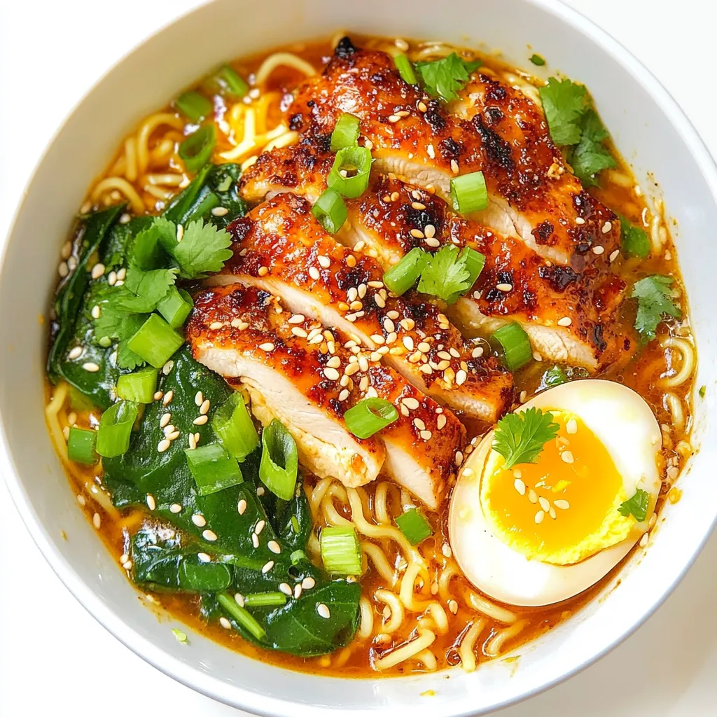 - 2 boneless, skinless chicken thighs - 4 cups chicken broth - 1 tablespoon sesame oil - 4 cloves garlic, minced - 1 teaspoon ginger, grated - 2 tablespoons soy sauce - 2 tablespoons sriracha (adjust to spice preference) - 200g ramen noodles - 1 cup green onions, chopped - 1 cup baby spinach - 2 soft-boiled eggs - Toasted sesame seeds for garnish - Fresh cilantro for garnish - Large pot - Cooking utensils - Serving bowls Gathering the right ingredients is key to making a great spicy garlic chicken ramen. You want fresh chicken thighs for juiciness and flavor. The chicken broth adds depth to your dish, while the garlic and ginger bring warmth. Sriracha gives the ramen a spicy kick, but feel free to adjust it to your taste. Ramen noodles are a must for that perfect slurp. Adding green onions and spinach not only boosts nutrition but also makes the dish colorful and appealing. Optional ingredients like soft-boiled eggs add creaminess, and garnishing with sesame seeds and cilantro enhances flavor and looks. Make sure you have a large pot for cooking, your favorite utensils for stirring, and nice bowls for serving. Everything you need is simple and easy to find! {{ingredient_image_1}} Start by heating 1 tablespoon of sesame oil in a large pot over medium heat. Add the 2 boneless, skinless chicken thighs. Cook them for about 6-7 minutes on each side. You want them to turn golden brown and be cooked through. Once done, remove the chicken from the pot. Let it rest for a few minutes. After resting, slice the chicken into thin strips. In the same pot, add 4 cloves of minced garlic and 1 teaspoon of grated ginger. Sauté for about 1 minute until you smell a fragrant aroma. Next, pour in 4 cups of chicken broth and bring it to a gentle simmer. Stir in 2 tablespoons of soy sauce and 2 tablespoons of sriracha. Adjust the spice level to your taste. Let the broth simmer for 5-10 minutes. This helps the flavors blend nicely. Bring the broth back to a full boil. Now, add 200 grams of ramen noodles to the pot. Cook the noodles according to the package instructions, which is usually about 4-5 minutes. Make sure to stir occasionally so they don’t stick together. In the last minute of cooking, toss in 1 cup of chopped green onions and 1 cup of baby spinach. Watch as they wilt into the hot broth. Now, it’s time to serve! Divide the ramen noodles and broth into serving bowls. Top each bowl with the sliced chicken and a soft-boiled egg, if you like. Finally, garnish with toasted sesame seeds and fresh cilantro for that extra touch. Enjoy your spicy and heartwarming bowl of ramen! To cook chicken thighs just right, focus on even cooking. Heat the sesame oil in your pot. Add the chicken thighs and cook each side for 6-7 minutes. Look for a golden color and no pink inside. Let the chicken rest for a few minutes before slicing. This keeps it juicy. Season with a pinch of salt and pepper for extra flavor. Want more heat? Add sriracha! Start with 2 tablespoons, then taste the broth. If you like it spicier, mix in more sriracha little by little. For less heat, use less sriracha. You can also serve extra sriracha on the side for those who love a kick. This helps everyone enjoy their bowl just the way they like it. Make your ramen look great! Use shallow bowls to show off the noodles and broth. Place the sliced chicken on top, then add a soft-boiled egg if you like. Sprinkle with toasted sesame seeds and fresh cilantro for color. Chop green onions finely and add them last for a fresh touch. A pretty dish makes every bite more enjoyable. Pro Tips Use Fresh Ingredients: Fresh garlic and ginger make a significant difference in flavor. Opt for whole garlic cloves and a knotted piece of ginger instead of pre-minced options. Adjust Spice Levels: Feel free to adjust the amount of sriracha to suit your taste. Start with less and add more as needed to achieve your desired level of heat. Perfect Soft-Boiled Eggs: To achieve the perfect soft-boiled egg, boil them for exactly 6-7 minutes, then immediately transfer them to an ice bath to stop the cooking process. Garnish Wisely: Toasted sesame seeds and fresh cilantro not only enhance the appearance of the dish but also add a lovely crunch and freshness that complements the spicy broth. {{image_2}} You can make a tasty vegetarian version of spicy garlic ramen. Just swap the chicken for tofu or mushrooms. Tofu adds protein and absorbs the broth's flavor well. Use firm tofu and cut it into cubes. Sauté it until golden brown for a nice texture. Mushrooms, like shiitake or cremini, also work great. They add umami and depth to the dish. Cook them with garlic and ginger for extra flavor. If you want a different protein, shrimp or beef are excellent choices. For shrimp, use fresh or frozen ones. Just add them to the broth a few minutes before serving. They cook fast and soak up the spicy flavors. If you prefer beef, thinly slice it and sauté it like the chicken. Use flank steak or sirloin for a tender bite. Both options will give your ramen a new twist. You can also play with the vegetables in your ramen. Try adding bok choy, napa cabbage, or snap peas. These greens add crunch and color. You can toss them in during the last minute of cooking. Don't forget about toppings! Chopped cilantro, sliced jalapeños, or crispy garlic can enhance the dish. They add freshness and extra spice, making each bite exciting. Keep any leftover ramen in an airtight container. Place it in the fridge within two hours of cooking. This helps prevent bacteria from growing. It will stay fresh for up to three days. If you can, store the broth and noodles separately. This keeps the noodles from getting soggy. To reheat, pour the broth into a pot. Heat it on low to medium until it simmers. Add the cold noodles and let them warm for about two minutes. Stir gently to mix. If you have extra chicken, add that too. This keeps the flavors alive. You can also use a microwave, but be careful. Heat in short bursts to avoid overcooking. You can freeze the broth and chicken for later use. Let them cool completely before freezing. Store in freezer-safe bags or containers. Use them within three months for the best taste. When ready to eat, thaw in the fridge overnight. Reheat on the stove or in the microwave. Do not freeze the noodles. They become mushy when thawed. Instead, cook fresh noodles when you’re ready to enjoy your ramen again. Yes, you can make this dish ahead of time. Cook the chicken, broth, and noodles. Store them separately. Keep the broth and chicken in the fridge. The noodles can get soggy, so cook them fresh when you’re ready to eat. You can use several options if you don’t have ramen noodles. Try udon noodles or soba noodles. Rice noodles also work well. Even spaghetti can be a fun substitute in a pinch. Just adjust the cooking times as needed. To enhance the broth, add more garlic and ginger. You can also toss in a splash of mirin or a dash of fish sauce. Simmer the broth longer to deepen the flavors. Adding mushrooms or kombu can also boost umami. Absolutely! Feel free to customize your ramen. Add chili flakes for more heat or a dash of lime juice for zest. You can also mix in vegetables like carrots or bell peppers. Experiment to find your perfect flavor! This blog post shared a simple and fun way to make chicken ramen. We covered key ingredients like chicken thighs, broth, and garlic. You learned step-by-step how to prepare the chicken and make a tasty broth. Tips for perfect cooking and possible variations were also included. Ramen is easy to customize, so feel free to try new flavors. Remember to store leftovers properly and enjoy them later. With these techniques, you can create a delicious bowl of ramen every time.