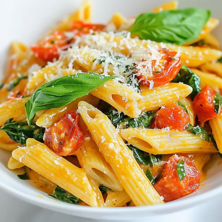 To make a creamy tomato spinach penne, gather these fresh ingredients: - 12 oz penne pasta - 2 tablespoons olive oil - 3 cloves garlic, minced - 1 can (14 oz) diced tomatoes, drained - 1 cup heavy cream - 2 cups fresh spinach, chopped - 1 teaspoon Italian seasoning - Salt and pepper to taste - 1/2 cup grated Parmesan cheese - Fresh basil leaves for garnish Each ingredient plays a key role in crafting this dish. The penne pasta serves as a hearty base. Olive oil adds a nice richness. Garlic gives a fragrant kick that brightens the meal. The canned diced tomatoes provide a sweet and tangy flavor. Heavy cream makes the sauce luxuriously smooth. Fresh spinach brings color and nutrients. Italian seasoning ties all the flavors together. Salt and pepper enhance the taste. Parmesan cheese adds a savory, nutty element, while fresh basil leaves offer a fresh finish. With these ingredients, you set the stage for a simple yet satisfying meal. {{ingredient_image_1}} Start by boiling salted water in a large pot. Use about 4 quarts of water for 12 oz of penne pasta. Once the water is boiling, add the pasta. Cook it for about 10-12 minutes until it is al dente. This means it should be soft but still have a slight bite. When done, drain the pasta and set it aside. In a large skillet, heat 2 tablespoons of olive oil over medium heat. Once the oil is hot, add 3 cloves of minced garlic. Sauté the garlic for about 1 minute. You want it to become fragrant but not brown. Next, stir in a can of drained diced tomatoes. Add 1 teaspoon of Italian seasoning for great flavor. Cook this mixture for about 3-4 minutes. This step helps the tomatoes heat through and blend with the garlic. Pour in 1 cup of heavy cream, stirring well to combine. Allow the sauce to cook for about 2-3 minutes. This will make it slightly thick and creamy. Be sure to stir often to prevent it from sticking. Now, add 2 cups of chopped fresh spinach to the sauce. Stir until the spinach wilts, which takes about 2 minutes. The bright green color will add freshness to your dish. Finally, add the drained penne pasta to the skillet. Gently toss the pasta in the creamy sauce until it is well coated. To finish, mix in 1/2 cup of grated Parmesan cheese. This adds richness and flavor. Season with salt and pepper to taste before serving. To get the right creamy sauce, you can adjust the amount of cream. If the sauce seems too thick, add a splash of milk. This helps create a smooth texture. Always remember to taste and season well. A pinch of salt and a dash of pepper make a big difference. They bring out all the flavors in your dish. To make your dish pop, think about adding spices. A bit of crushed red pepper can add heat. You can also try smoked paprika for a nice depth. When using herbs, fresh is best. Fresh basil and parsley give bright flavor. If you only have dried herbs, that works too. Just remember, dried herbs are stronger, so use less. Garnishing is key for a great look. Fresh basil leaves on top add color and flavor. You can also sprinkle extra Parmesan for a rich touch. For sides, serve with garlic bread or a fresh salad. These pair well with the creamy penne and make your meal complete. Pro Tips Use Fresh Spinach: Fresh spinach adds a vibrant flavor and texture to the dish. If using frozen spinach, make sure to thaw and drain it well to avoid excess moisture in the sauce. Enhance Flavor with Herbs: Fresh herbs like basil or oregano can elevate the dish. Consider adding a handful of fresh basil leaves just before serving for an aromatic touch. Adjust Creaminess: For a lighter version, you can substitute half of the heavy cream with low-fat milk or vegetable broth. This will keep the sauce creamy while reducing the richness. Perfect Pasta Cooking: Always cook pasta until al dente for the best texture. It will continue to cook slightly when combined with the sauce, ensuring it remains perfectly tender. {{image_2}} For a veggie-packed dish, you can add other vegetables. Try bell peppers, zucchini, or mushrooms. These will boost flavor and nutrition. You can also use vegan cream alternatives. Almond or coconut cream works great. This keeps the dish creamy while catering to plant-based diets. Want to add some protein? Incorporate chicken or shrimp. Simply sauté them before adding garlic. This gives a nice flavor base. You can also use cooked proteins like sausage or turkey. Just heat them up with the sauce for a hearty meal. If you need a gluten-free option, substitute regular pasta with gluten-free pasta. Look for options made from rice or chickpeas. Cooking time may change, so check the package. Gluten-free pasta can cook quicker or slower, depending on the brand. After you enjoy your creamy tomato spinach penne, store any leftovers in an airtight container. This keeps the dish fresh and tasty. Place the container in the fridge. It’s best to eat leftovers within three days for the best flavor. To reheat, the best method is to use a skillet. Heat the skillet on low. Add a splash of milk or cream to help keep it creamy. Stir often until it’s warm. You can also use the microwave, but be careful. Heat in short bursts to avoid drying it out. Yes, you can freeze creamy sauces! However, the texture may change after freezing. To freeze, let the pasta cool completely. Place it in a freezer-safe bag or container. Press out as much air as possible. When ready to eat, thaw it in the fridge overnight. Reheat gently on the stove or in the microwave for the best results. It takes about 30 minutes to make creamy tomato spinach penne. You spend 10 minutes preparing and 20 minutes cooking. This quick time makes it perfect for busy weeknights. Yes, you can use fresh tomatoes. If using fresh, you need about 4-5 medium tomatoes. Peel and chop them before adding to the skillet. Fresh tomatoes give a nice texture and flavor. You can use half-and-half or a plant-based cream. Silken tofu blended with a bit of water works well too. Each option changes the taste slightly, but they make a creamy sauce. Yes, you can make it ahead. Prepare the sauce and cook the pasta separately. Store them in the fridge for up to three days. When ready, reheat on the stove with a splash of water. Yes, creamy tomato spinach penne is great for meal prep. It stores well in containers. Just divide into portions. You can enjoy it for lunch or dinner throughout the week. This article covered a delicious creamy tomato spinach penne recipe. You learned about key ingredients, straightforward steps, and handy tips. Variations let you customize it to your taste. Proper storage keeps leftovers tasty. Always remember, meals can be fun and easy to make. Enjoy trying new flavors and sharing with friends. Simple dishes can bring joy to everyone. Dive into this recipe, and you’ll find it rewarding and satisfying. Happy cooking!