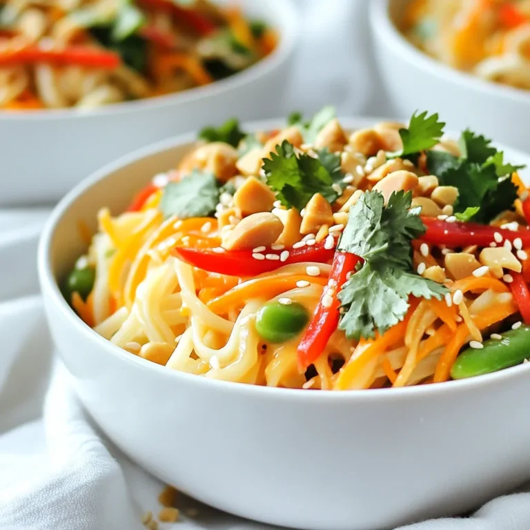 - 8 oz rice noodles - 1 cup shredded carrots - 1 red bell pepper, thinly sliced - 1 cup snap peas, trimmed - 1/2 cup green onions, sliced - 1/4 cup fresh cilantro, chopped - 1/4 cup roasted peanuts, chopped (for garnish) The rice noodles serve as the base of this dish. They soak up the peanut sauce well. Fresh vegetables add color and crunch. Carrots, red bell pepper, snap peas, and green onions give a nice mix. Don't forget the cilantro! It adds a burst of flavor. Roasted peanuts on top give a great crunch and nutty taste. - 1/4 cup peanut butter - 2 tablespoons soy sauce - 1 tablespoon lime juice - 1 tablespoon maple syrup - 1 teaspoon sriracha (adjust to taste) - 1-2 tablespoons warm water (to thin the sauce as needed) The peanut sauce is what makes this dish special. Peanut butter gives it a creamy texture. Soy sauce adds saltiness, while lime juice brings a fresh zing. Maple syrup adds sweetness, balancing the flavors. Sriracha gives the sauce a kick. You can adjust the heat to your liking. Use warm water to get the right thickness for the sauce. This sauce ties all the ingredients together in a tasty way! {{ingredient_image_1}} To cook rice noodles perfectly, start by boiling water in a large pot. Once the water is bubbling, add the rice noodles. Cook them for about 4 to 6 minutes, or until they are soft. Then, drain the noodles in a colander. Rinse them under cold water. This stops the cooking and cools them down quickly. Set them aside for later. For the peanut sauce, grab a small mixing bowl. Add peanut butter, soy sauce, lime juice, maple syrup, and sriracha. Use a whisk to mix the ingredients well until smooth. If the sauce is too thick, add warm water. Do this one tablespoon at a time until you get the right consistency you want. In a large bowl, mix the cooked rice noodles with the vegetables. Add the shredded carrots, sliced red bell pepper, trimmed snap peas, and sliced green onions. Drizzle sesame oil over the top. Toss everything together gently to combine. Next, pour the peanut sauce over the noodle mix. Toss again until all ingredients are evenly coated. This ensures every bite is packed with flavor. Serve the bowls with fresh cilantro and chopped roasted peanuts on top for a tasty finish. To make the best peanut sauce, choose creamy peanut butter. Look for brands with simple ingredients. You want pure peanut butter without added sugars or oils. This keeps the sauce rich and pure. Balancing the flavors is key for a great sauce. Start with a base of peanut butter. Add soy sauce for saltiness and lime juice for brightness. Maple syrup adds sweetness. If you love spice, include sriracha. Adjust the flavors until they sing! Cook your fresh vegetables just right to keep their crunch. Snap peas and bell peppers should cook for only 2-3 minutes. You want them tender but still crisp. To save time, prep your veggies in advance. Slice carrots and peppers, and trim snap peas. Store them in the fridge. This way, you can quickly assemble your bowls when you're ready to eat. When serving, use individual bowls to make it fun. Start by adding a good portion of the noodle mix. Then, drizzle the peanut sauce over the top. Garnish each bowl with fresh cilantro and chopped peanuts. This adds color and texture. You can also squeeze extra lime juice over the top for a zesty kick. Enjoy your beautiful, tasty meal! Pro Tips Perfect Noodle Texture: Ensure the rice noodles are cooked al dente for a better texture that holds up against the sauce. Customize Your Veggies: Feel free to substitute or add any of your favorite vegetables, such as broccoli or zucchini, for added nutrition and flavor. Make It Ahead: Prepare the peanut sauce in advance and refrigerate it. This will enhance the flavors and save time during meal prep. Spice Level Control: Adjust the amount of sriracha based on your spice preference, or add fresh chili for an extra kick. {{image_2}} To make this dish vegan, start by swapping out the honey or maple syrup for agave nectar. You can also use a vegan soy sauce. For added protein, try using tofu or chickpeas. Both options blend well with the sauce and add texture. - Tofu: Press and cube firm tofu. Sauté it until golden brown. - Chickpeas: Use canned chickpeas for a quick and easy protein boost. These swaps keep the dish healthy and tasty. If you follow a gluten-free diet, you can easily adapt this recipe. Use rice noodles, which are naturally gluten-free. They have a nice texture and absorb the sauce well. - Alternative noodles: Consider using zucchini noodles or gluten-free pasta. - Soy sauce replacements: Tamari is a great gluten-free choice. Coconut aminos also work well. Both options give you that savory flavor without the gluten. You can enhance the flavor of your Thai Peanut Noodle Bowl with a few extra ingredients. Fresh herbs and spices can really elevate the dish. - Spices or herbs: Add fresh basil or mint for a fragrant touch. A sprinkle of crushed red pepper can give it a nice kick. - Heat level: Adjust the sriracha in the peanut sauce to change the spice. For milder flavors, use less. For more heat, add more sriracha or even chili flakes. These simple changes let you personalize the dish to your liking. To keep your Thai peanut noodle bowls fresh, store them in the fridge. Use airtight containers. This keeps the flavors and textures intact. - Tips for Refrigerating Noodle Bowls: Let the noodles cool before storing. This prevents moisture build-up. - Container Selection for Freshness: Glass containers work great. They are easy to clean and won't stain. When reheating, you want to keep that nice texture. The best way is to use the stovetop. - Best Methods for Reheating Without Losing Texture: Heat in a skillet over low heat. Add a splash of water if needed. This helps keep the noodles moist. - Time for Reheating in the Microwave or Stovetop: In the microwave, heat for 1-2 minutes. Stir halfway through to make sure it warms evenly. Freezing is a good option for meal prep. - How to Freeze Noodles and Sauce Separately: Freeze noodles and sauce in separate bags. This keeps them fresh longer. - Tips for Thawing Frozen Noodle Bowls: Thaw in the fridge overnight. This keeps the noodles from getting mushy. You can also use the microwave on low power to defrost quickly. Yes, you can prepare this dish ahead of time. Start by cooking the rice noodles and cooling them. Store the noodles in an airtight container in the fridge for up to three days. You can also chop the vegetables and keep them in a separate container. The peanut sauce can be made a day in advance. Just store it in the fridge in a sealed jar. When ready to eat, simply combine the ingredients and enjoy. To change the spice level, you can add more or less sriracha. Start with one teaspoon for mild heat. If you like more spice, add another teaspoon. You can also use chili flakes for extra heat. Mix them into the peanut sauce a little at a time. Taste as you go to get the heat just right for your palate. This recipe is full of nutrition. The rice noodles provide energy and are gluten-free. Fresh vegetables like carrots and bell peppers give you vitamins A and C. Snap peas add fiber and protein. The peanut butter offers healthy fats and protein. Maple syrup adds sweetness without refined sugar. This dish is balanced, tasty, and good for you! Thai peanut noodle bowls are a tasty and fun dish to prepare. You learned how to cook rice noodles, make a creamy peanut sauce, and mix everything together. I shared tips to keep your veggies crisp and how to serve it well. You also saw options for any diet, like vegan or gluten-free. Finally, I covered how to store and reheat leftovers. Enjoy making this dish and customizing it to suit your taste!
