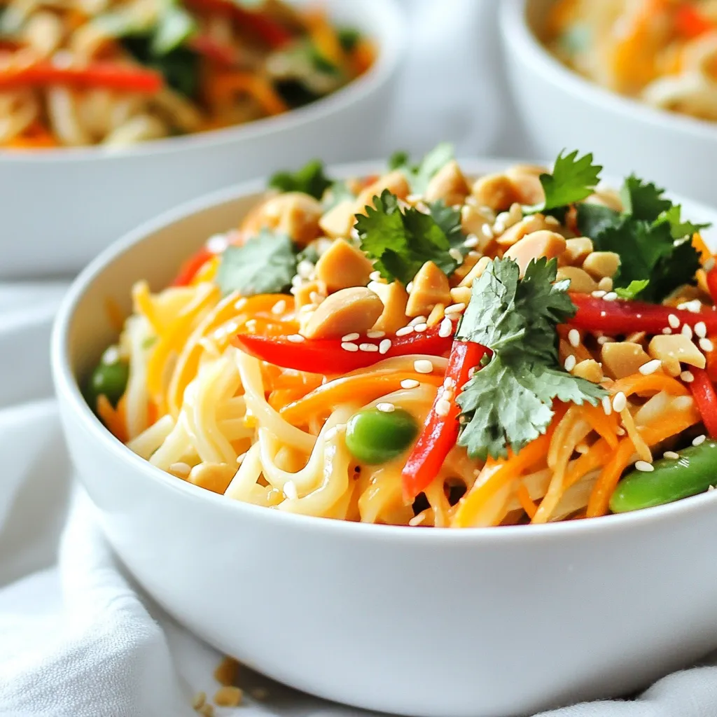 - 8 oz rice noodles - 1 cup shredded carrots - 1 red bell pepper, thinly sliced - 1 cup snap peas, trimmed - 1/2 cup green onions, sliced - 1/4 cup fresh cilantro, chopped - 1/4 cup roasted peanuts, chopped (for garnish) The rice noodles serve as the base of this dish. They soak up the peanut sauce well. Fresh vegetables add color and crunch. Carrots, red bell pepper, snap peas, and green onions give a nice mix. Don't forget the cilantro! It adds a burst of flavor. Roasted peanuts on top give a great crunch and nutty taste. - 1/4 cup peanut butter - 2 tablespoons soy sauce - 1 tablespoon lime juice - 1 tablespoon maple syrup - 1 teaspoon sriracha (adjust to taste) - 1-2 tablespoons warm water (to thin the sauce as needed) The peanut sauce is what makes this dish special. Peanut butter gives it a creamy texture. Soy sauce adds saltiness, while lime juice brings a fresh zing. Maple syrup adds sweetness, balancing the flavors. Sriracha gives the sauce a kick. You can adjust the heat to your liking. Use warm water to get the right thickness for the sauce. This sauce ties all the ingredients together in a tasty way! {{ingredient_image_1}} To cook rice noodles perfectly, start by boiling water in a large pot. Once the water is bubbling, add the rice noodles. Cook them for about 4 to 6 minutes, or until they are soft. Then, drain the noodles in a colander. Rinse them under cold water. This stops the cooking and cools them down quickly. Set them aside for later. For the peanut sauce, grab a small mixing bowl. Add peanut butter, soy sauce, lime juice, maple syrup, and sriracha. Use a whisk to mix the ingredients well until smooth. If the sauce is too thick, add warm water. Do this one tablespoon at a time until you get the right consistency you want. In a large bowl, mix the cooked rice noodles with the vegetables. Add the shredded carrots, sliced red bell pepper, trimmed snap peas, and sliced green onions. Drizzle sesame oil over the top. Toss everything together gently to combine. Next, pour the peanut sauce over the noodle mix. Toss again until all ingredients are evenly coated. This ensures every bite is packed with flavor. Serve the bowls with fresh cilantro and chopped roasted peanuts on top for a tasty finish. To make the best peanut sauce, choose creamy peanut butter. Look for brands with simple ingredients. You want pure peanut butter without added sugars or oils. This keeps the sauce rich and pure. Balancing the flavors is key for a great sauce. Start with a base of peanut butter. Add soy sauce for saltiness and lime juice for brightness. Maple syrup adds sweetness. If you love spice, include sriracha. Adjust the flavors until they sing! Cook your fresh vegetables just right to keep their crunch. Snap peas and bell peppers should cook for only 2-3 minutes. You want them tender but still crisp. To save time, prep your veggies in advance. Slice carrots and peppers, and trim snap peas. Store them in the fridge. This way, you can quickly assemble your bowls when you're ready to eat. When serving, use individual bowls to make it fun. Start by adding a good portion of the noodle mix. Then, drizzle the peanut sauce over the top. Garnish each bowl with fresh cilantro and chopped peanuts. This adds color and texture. You can also squeeze extra lime juice over the top for a zesty kick. Enjoy your beautiful, tasty meal! Pro Tips Perfect Noodle Texture: Ensure the rice noodles are cooked al dente for a better texture that holds up against the sauce. Customize Your Veggies: Feel free to substitute or add any of your favorite vegetables, such as broccoli or zucchini, for added nutrition and flavor. Make It Ahead: Prepare the peanut sauce in advance and refrigerate it. This will enhance the flavors and save time during meal prep. Spice Level Control: Adjust the amount of sriracha based on your spice preference, or add fresh chili for an extra kick. {{image_2}} To make this dish vegan, start by swapping out the honey or maple syrup for agave nectar. You can also use a vegan soy sauce. For added protein, try using tofu or chickpeas. Both options blend well with the sauce and add texture. - Tofu: Press and cube firm tofu. Sauté it until golden brown. - Chickpeas: Use canned chickpeas for a quick and easy protein boost. These swaps keep the dish healthy and tasty. If you follow a gluten-free diet, you can easily adapt this recipe. Use rice noodles, which are naturally gluten-free. They have a nice texture and absorb the sauce well. - Alternative noodles: Consider using zucchini noodles or gluten-free pasta. - Soy sauce replacements: Tamari is a great gluten-free choice. Coconut aminos also work well. Both options give you that savory flavor without the gluten. You can enhance the flavor of your Thai Peanut Noodle Bowl with a few extra ingredients. Fresh herbs and spices can really elevate the dish. - Spices or herbs: Add fresh basil or mint for a fragrant touch. A sprinkle of crushed red pepper can give it a nice kick. - Heat level: Adjust the sriracha in the peanut sauce to change the spice. For milder flavors, use less. For more heat, add more sriracha or even chili flakes. These simple changes let you personalize the dish to your liking. To keep your Thai peanut noodle bowls fresh, store them in the fridge. Use airtight containers. This keeps the flavors and textures intact. - Tips for Refrigerating Noodle Bowls: Let the noodles cool before storing. This prevents moisture build-up. - Container Selection for Freshness: Glass containers work great. They are easy to clean and won't stain. When reheating, you want to keep that nice texture. The best way is to use the stovetop. - Best Methods for Reheating Without Losing Texture: Heat in a skillet over low heat. Add a splash of water if needed. This helps keep the noodles moist. - Time for Reheating in the Microwave or Stovetop: In the microwave, heat for 1-2 minutes. Stir halfway through to make sure it warms evenly. Freezing is a good option for meal prep. - How to Freeze Noodles and Sauce Separately: Freeze noodles and sauce in separate bags. This keeps them fresh longer. - Tips for Thawing Frozen Noodle Bowls: Thaw in the fridge overnight. This keeps the noodles from getting mushy. You can also use the microwave on low power to defrost quickly. Yes, you can prepare this dish ahead of time. Start by cooking the rice noodles and cooling them. Store the noodles in an airtight container in the fridge for up to three days. You can also chop the vegetables and keep them in a separate container. The peanut sauce can be made a day in advance. Just store it in the fridge in a sealed jar. When ready to eat, simply combine the ingredients and enjoy. To change the spice level, you can add more or less sriracha. Start with one teaspoon for mild heat. If you like more spice, add another teaspoon. You can also use chili flakes for extra heat. Mix them into the peanut sauce a little at a time. Taste as you go to get the heat just right for your palate. This recipe is full of nutrition. The rice noodles provide energy and are gluten-free. Fresh vegetables like carrots and bell peppers give you vitamins A and C. Snap peas add fiber and protein. The peanut butter offers healthy fats and protein. Maple syrup adds sweetness without refined sugar. This dish is balanced, tasty, and good for you! Thai peanut noodle bowls are a tasty and fun dish to prepare. You learned how to cook rice noodles, make a creamy peanut sauce, and mix everything together. I shared tips to keep your veggies crisp and how to serve it well. You also saw options for any diet, like vegan or gluten-free. Finally, I covered how to store and reheat leftovers. Enjoy making this dish and customizing it to suit your taste!