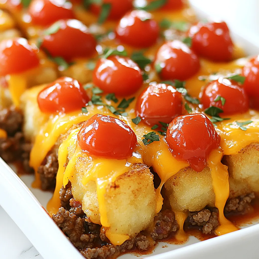 For a tasty Loaded Cheeseburger Tater Tot Casserole, gather these main ingredients: - 1 lb ground beef - 1 small onion, diced - 2 cloves garlic, minced - 1 cup cherry tomatoes, halved - 1 teaspoon paprika - 1 teaspoon Worcestershire sauce - Salt and pepper to taste - 2 cups shredded cheddar cheese - 2 cups frozen tater tots - 1 cup pickles, diced - ¼ cup ketchup - ¼ cup mustard - 2 tablespoons fresh parsley, chopped (for garnish) These ingredients create a rich, hearty base. The ground beef adds protein, while the cheese gives that creamy, melty goodness. To add even more flavor or a twist to your casserole, consider these optional ingredients: - Bacon bits for extra crunch - Jalapeños for a spicy kick - Green bell peppers for more veggies - Sour cream for a creamy finish These additions can enhance the taste and make your dish unique. You can mix and match based on your mood! If you have specific dietary needs or preferences, here are some common substitutions: - Use ground turkey or chicken instead of beef for a leaner option. - Swap out cheddar cheese for a dairy-free cheese alternative. - For a gluten-free option, check your sauces and choose gluten-free brands. - Replace tater tots with hash browns or a cauliflower base for lower carbs. These substitutions keep your meal tasty and aligned with your dietary goals. Enjoy customizing it to fit your needs! {{ingredient_image_1}} To start, gather all your ingredients. You will need ground beef, onion, garlic, cherry tomatoes, and spices. Don't forget the cheese, tater tots, pickles, ketchup, and mustard. Preheat your oven to 400°F (200°C). This will help your casserole bake evenly. In a large skillet, place the ground beef over medium heat. Use a spoon to break it apart as it cooks. Keep stirring until the meat is no longer pink. This takes about 5-7 minutes. Once browned, drain any fat from the skillet. Now, add the diced onion and minced garlic. Sauté for 3-4 minutes until the onion turns clear. Next, mix in the halved cherry tomatoes, paprika, Worcestershire sauce, salt, and pepper. Cook this mixture for 2 more minutes. This step helps all the flavors combine perfectly. Grab a large baking dish and spread the beef mix evenly on the bottom. Drizzle the ketchup and mustard over the beef. Use a spoon to spread it out well. Then, sprinkle the diced pickles on top for a nice tang. Now, it's time for the tater tots! Spread them out in a single layer over the beef mix. This helps them get crispy. Bake the casserole in your preheated oven for 25-30 minutes. You want the tater tots to turn golden and crispy. After that, take it out and sprinkle shredded cheddar cheese on top. Return it to the oven for another 5-7 minutes. Wait until the cheese melts and bubbles. Once done, let it cool for a few minutes. Finally, garnish with fresh parsley for a pop of color. Enjoy your delicious Loaded Cheeseburger Tater Tot Casserole! To get crispy tater tots, arrange them in a single layer. This allows for even heat. Use a baking dish that is not too crowded. If needed, bake in two batches. Try baking the tater tots for a few minutes before adding other layers. This helps them crisp up more. A hot oven is key, so always preheat to 400°F (200°C). You can change the flavor of this dish easily. Add different spices like chili powder or cumin for a kick. Swap the cherry tomatoes for diced bell peppers for a sweet taste. For a cheesy twist, mix in different types of cheese. Pepper jack adds heat, while mozzarella gives a creamy texture. You can also add jalapeños for some spice or use BBQ sauce instead of ketchup for a smoky flavor. For even cooking, stir the beef mixture well before layering. This ensures every bite is flavorful. Make sure to spread the ketchup and mustard evenly over the beef. When adding tater tots, place them tightly but not overlapping. This helps them cook evenly. Check the casserole halfway through to see if it needs rotating. This small step makes a big difference in cooking. Pro Tips Use Fresh Ingredients: Fresh vegetables and quality ground beef can significantly enhance the flavor of your casserole. Opt for organic or locally sourced produce when possible. Customize Your Toppings: Feel free to add your favorite toppings like jalapeños, bacon bits, or a dollop of sour cream for an extra layer of flavor and texture. Make It Ahead: You can prepare the beef mixture a day in advance and store it in the refrigerator. Just assemble and bake when you're ready to serve. Check for Doneness: Since ovens vary, keep an eye on the tater tots towards the end of baking to ensure they reach your desired crispiness without burning. {{image_2}} You can make this dish vegetarian by swapping the ground beef for lentils or black beans. Cook them with diced onions and garlic for a tasty base. Use vegetable broth instead of Worcestershire sauce for flavor. For a vegan twist, replace the cheese with a plant-based option. Nutritional yeast can add a cheesy taste, too. Feel free to get creative with your ingredients. Try adding cooked bacon bits for a smoky crunch. You can also use different cheeses, like pepper jack for a spicy kick. If you want a tangy touch, add some diced jalapeños. Switch out the cherry tomatoes for bell peppers for a sweet flavor. You can turn this casserole into a BBQ delight by mixing in barbecue sauce instead of ketchup. Add shredded rotisserie chicken for a meaty texture. For a spicy version, mix in hot sauce with the beef. You can also add spicy cheese for an extra kick. This way, every bite is packed with flavor! After you enjoy your Loaded Cheeseburger Tater Tot Casserole, store any leftovers in an airtight container. This keeps the flavors fresh and prevents spills. Make sure the casserole cools down before you seal it. Leftovers can last in the fridge for up to four days. Always label the container with the date you stored it. This way, you can keep track of freshness. You can freeze this casserole for later use. First, let it cool completely. Then, cut it into portions for easy serving later. Wrap each portion tightly in plastic wrap, then place them in a freezer-safe bag. Squeeze out as much air as you can to avoid freezer burn. The casserole can be frozen for up to three months. Just remember to label the bag with the date and name. When you're ready to enjoy your frozen casserole, thaw it in the fridge overnight. This keeps it from getting too soggy. To reheat, place the casserole in an oven preheated to 350°F (175°C). Cover it with foil to keep moisture in. Heat for about 25-30 minutes, or until it’s hot throughout. If you want crispy tater tots, remove the foil for the last 10 minutes of heating. Enjoy your meal just like the first time! Yes, you can make this casserole ahead of time. Prepare the beef mix and layer it in the baking dish. Cover it and store it in the fridge for up to two days. When you're ready, just bake it. You may need to add a few extra minutes to the cooking time. Several side dishes complement this casserole perfectly. You can serve a fresh salad for crunch. Try coleslaw for a tangy touch. Baked beans add a sweet flavor. Potato wedges work great too. These sides balance the hearty dish nicely. To make this recipe gluten-free, choose gluten-free tater tots. Use gluten-free Worcestershire sauce. Check your ketchup and mustard for gluten-free labels. With these simple swaps, you can enjoy this tasty dish without worry. Loaded Cheeseburger Tater Tot Casserole is fun to make and eat. We covered key ingredients and tasty variations. You learned how to prepare and bake it for the best flavor. Plus, I shared tips for crispy tots and even cooking. In the end, this dish is great for gatherings or a cozy night in. Experiment with flavors and make it your own. Enjoy trying new ideas and creating your version of this casserole.