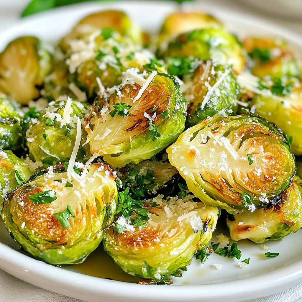 - 1 pound Brussels sprouts, halved - 4 cloves garlic, minced - 3 tablespoons olive oil - 1/2 cup grated Parmesan cheese - 1 teaspoon salt - 1 teaspoon black pepper To make Garlic Parmesan Brussels Sprouts, you need fresh Brussels sprouts. Start with a pound of them. Halve each sprout to allow for even cooking. You also need garlic, which adds a rich flavor. Use four cloves and mince them finely for the best taste. Olive oil is key for roasting; three tablespoons will do. Next, you need cheese. Grated Parmesan brings a nutty taste that pairs well with the sprouts. Add salt and black pepper to enhance the flavors. These spices will help elevate your dish. - 1/2 teaspoon red pepper flakes - 2 tablespoons balsamic vinegar - Fresh parsley, chopped, for garnish For a kick, use red pepper flakes. Just half a teaspoon adds heat without overpowering. Balsamic vinegar offers a nice tangy finish. Drizzle two tablespoons over the sprouts before serving. Fresh parsley makes your dish look bright and adds flavor. - Baking sheet - Parchment paper - Large mixing bowl You’ll need a baking sheet for roasting. Line it with parchment paper to make cleanup simple. A large mixing bowl is essential for combining all your ingredients. This setup will help you create a beautiful and delicious dish. {{ingredient_image_1}} First, preheat your oven to 400°F (200°C). This ensures even cooking and crispiness. While the oven heats, wash the Brussels sprouts. Remove any yellow or wilted leaves. Cut each sprout in half to help them cook faster and absorb flavor. In a large mixing bowl, combine the halved Brussels sprouts, minced garlic, and olive oil. Add salt and black pepper for taste. If you like a bit of heat, sprinkle in red pepper flakes. Toss everything well so each sprout is coated nicely. Spread the Brussels sprouts on a baking sheet lined with parchment paper. This helps with cleanup and prevents sticking. Roast them in the oven for 20-25 minutes. Stir them halfway through to ensure even cooking. Look for them to be tender and crispy on the outside. Once they are done, take the baking sheet out of the oven. Immediately sprinkle the grated Parmesan cheese over the hot sprouts. Return them to the oven for an extra 5 minutes. This will melt the cheese and give it a golden touch. After that, drizzle balsamic vinegar over the sprouts for added flavor. Finally, garnish with chopped parsley before serving. Enjoy your delicious dish! Coating your Brussels sprouts well is key. You want each piece to shine with olive oil and spices. This helps them roast evenly. I always stir them halfway through cooking. This way, they brown nicely and get crispy all around. Aim for a golden-brown color. This shows they are done and oh-so-delicious. To melt Parmesan perfectly, add it right after you take the sprouts out of the oven. The heat will make the cheese melt just right. I prefer to sprinkle it evenly over the hot Brussels sprouts. This keeps every bite cheesy and flavorful. After adding the cheese, put them back in the oven for just five minutes. You want it melted, not burnt. Want to add some zing? Drizzle fresh lemon juice over the sprouts before serving. You can also use lemon zest for an extra kick. Fresh herbs can boost your dish too. Try using thyme or rosemary as a garnish. They add a nice touch and flavor. Mixing these small changes can make your dish stand out. Enjoy experimenting! Pro Tips Choose Fresh Brussels Sprouts: Look for Brussels sprouts that are firm and vibrant green. Avoid any that are yellowing or have blemishes for the best flavor and texture. Adjust the Garlic: If you prefer a milder garlic flavor, consider roasting the garlic separately and adding it at the end to maintain a subtler taste. Cheese Variations: Experiment with different types of cheese like Pecorino Romano or a sharp cheddar for a unique twist on the classic Parmesan flavor. Perfect Balsamic Drizzle: For an extra layer of flavor, reduce balsamic vinegar over low heat until it thickens slightly before drizzling over the Brussels sprouts. {{image_2}} If you want to make this dish plant-based, use vegan cheese. Several brands offer tasty substitutes that melt well. Nutritional yeast is another great option. It gives a cheesy flavor without dairy. Try it for a nice twist. You can add different spices to change the taste. Cumin gives a warm, earthy feel. Paprika adds a smoky kick. Experiment with these to find your favorite mix. You can also try herbs like thyme or rosemary. These will elevate the flavor even more. These Brussels sprouts make a great side dish. They pair well with chicken, pork, or fish. You can serve them with a nice steak for a hearty meal. They also work well on a holiday table. Enjoy them with rice or quinoa for a filling vegetarian option. To keep your Garlic Parmesan Brussels Sprouts fresh, store them in an airtight container. Place them in the fridge within two hours of cooking. Make sure the sprouts cool down before sealing. They can stay good for up to three days. When reheating, the oven works best. Preheat it to 350°F (175°C). Spread the sprouts on a baking sheet and heat for about 10-15 minutes. This keeps them crispy. If you use a microwave, heat in short bursts. Use 30-second intervals to avoid sogginess. To freeze, let the sprouts cool completely. Spread them on a baking sheet in a single layer. Freeze for about an hour, then transfer to a freezer bag. They can last for up to three months. When ready to eat, thaw overnight in the fridge before reheating. To get crispy outer leaves, start by cutting the Brussels sprouts in half. Make sure they are dry before mixing. Use enough olive oil to coat them well. Spread the sprouts in a single layer on the baking sheet. Stir them halfway through roasting to ensure even cooking. This helps them crisp up nicely. Yes, you can prep these Brussels sprouts ahead. Cut and toss them in olive oil and spices earlier in the day. Store them in the fridge until you’re ready to roast. This makes it easy to enjoy a quick side dish later. Just remember to let them sit at room temperature for a bit before roasting. These Brussels sprouts pair well with many dishes. You can serve them with grilled chicken or fish. They also go great with steak or pork chops. For a vegetarian meal, try them with quinoa or a hearty grain salad. They can add color and flavor to any plate. Brussels sprouts are packed with nutrients. They are low in calories and high in fiber. They also contain vitamins C and K. Eating them can boost your immune system and support healthy digestion. Plus, they have antioxidants that may help protect your body. Enjoying this dish is a tasty way to eat healthy! This post covered all you need to make tasty Garlic Parmesan Brussels sprouts. You learned about the ingredients you'll need, from Brussels sprouts to Parmesan cheese. I shared mixing, roasting, and finishing tips for perfect results. You also found variations, storage tips, and answers to common questions. Cooking can be fun and delicious. Try these tips, and enjoy your meal!