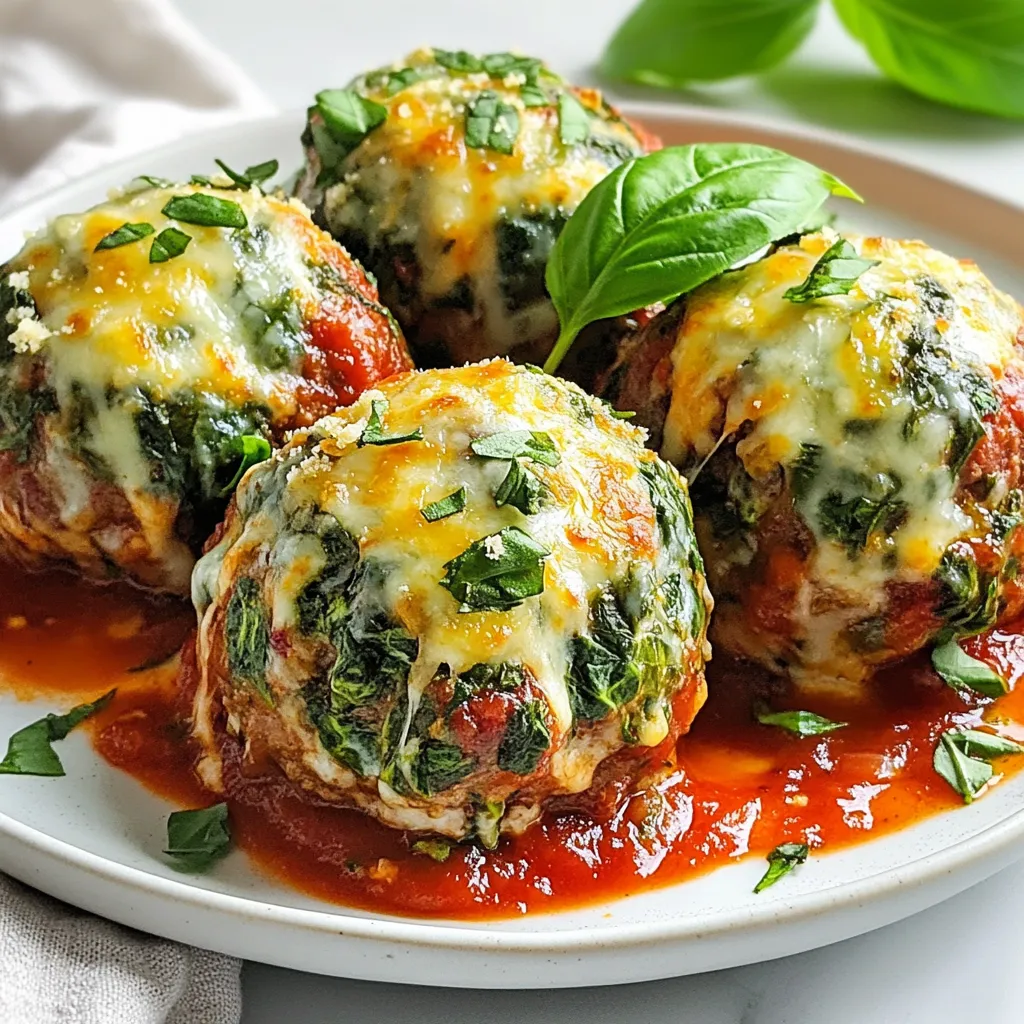 To make cheesy spinach stuffed meatballs, you need simple and fresh ingredients. Here’s what you will need: - 1 lb ground beef - 1 cup cooked spinach, chopped - 1 cup ricotta cheese - 1 cup shredded mozzarella cheese - 1/2 cup grated Parmesan cheese - 1/2 cup breadcrumbs - 1 egg - 2 cloves garlic, minced - 1 teaspoon onion powder - 1 teaspoon Italian seasoning - Salt and pepper to taste - 2 cups marinara sauce - Fresh basil leaves for garnish Each ingredient plays a key role in creating the flavors of this dish. The ground beef gives a hearty base. The cooked spinach adds nutrition and a vibrant color. Ricotta and mozzarella cheeses make it creamy and cheesy, which is a must for a comforting meal. Breadcrumbs bind the meatballs and help keep them moist. The egg acts as a glue, holding everything together. Garlic and onion powder add depth and a nice aroma. Italian seasoning brings out classic flavors, while salt and pepper enhance them further. Finally, marinara sauce adds a tangy touch when you serve the meatballs. Fresh basil leaves not only look great but also give a burst of fresh flavor. Now that you have the ingredients, you’re ready to start your cooking adventure! {{ingredient_image_1}} Start by preheating your oven to 400°F (200°C). This step is key to getting the meatballs crispy on the outside. Make sure the oven is ready before you bake. Next, in a mixing bowl, combine 1 cup of cooked, chopped spinach, 1 cup of ricotta cheese, and half of the mozzarella cheese. Mix these ingredients well until they form a smooth mixture. Set this aside for later. In a large bowl, combine 1 pound of ground beef, 1/2 cup of breadcrumbs, 1 egg, 2 minced garlic cloves, 1 teaspoon of onion powder, 1 teaspoon of Italian seasoning, and salt and pepper to taste. Mix until everything is just combined. Don’t overmix, as this can make the meatballs tough. Now, take a handful of the meat mixture and flatten it in your palm. Place a spoonful of the spinach and cheese mixture in the center. Fold the meat around it to form a ball. Repeat this until you use all the meat mixture, making about 12 to 15 meatballs. Place the meatballs on a baking sheet lined with parchment paper. Bake them in the preheated oven for 20 to 25 minutes. They should be browned and cooked throughout. While your meatballs bake, heat 2 cups of marinara sauce in a saucepan over medium heat. Stir it occasionally until it warms through. Once the meatballs are done, take them out of the oven. Carefully place them in the warmed marinara sauce. Let them simmer for a few minutes to soak up the flavors. Serve the cheesy spinach stuffed meatballs on a plate. Drizzle with extra marinara sauce and top with the remaining mozzarella and Parmesan cheese. Finish with fresh basil leaves for garnish. Enjoy your delicious creation! To get the best meatball texture, mix gently. Over-mixing makes them tough. I like to use a light hand when combining the ground beef with the breadcrumbs and spices. This keeps the meatballs tender. You can also add some milk or broth to the mixture. This extra liquid helps keep them moist and juicy as they cook. If you want to change up the cheese, you have options. You can swap ricotta for cottage cheese. This gives a similar creamy taste. For mozzarella, try provolone or fontina for a different flavor. If you want a stronger taste, use feta cheese. Just remember to adjust the salt since feta is saltier than mozzarella. Seasonings make a big difference in meatballs. Besides onion powder and Italian seasoning, you can add fresh herbs. Chopped parsley and basil work well. A little red pepper flakes adds heat if you like spice. Don't forget to taste your mixture before forming the meatballs. Adjust the salt and pepper to your liking. This way, you ensure every bite is bursting with flavor! Pro Tips Use Fresh Spinach: For the best flavor and nutrition, opt for fresh spinach instead of frozen. Sauté it lightly to enhance its taste. Chill the Filling: If the spinach and cheese mixture is too warm, it may cause the meatballs to fall apart. Chill it for a few minutes before assembling. Don’t Overmix the Meat: Mixing the meat too much can lead to tough meatballs. Combine ingredients until just mixed for a tender result. Experiment with Cheese: Feel free to mix different cheeses, like feta or gouda, for a unique flavor profile in your stuffed meatballs. {{image_2}} You can switch up the meat in these meatballs. Try ground turkey or chicken for a leaner dish. These meats work well and keep the taste delicious. You can still enjoy the cheesy spinach filling with different meats. Just remember to adjust cooking times. Turkey or chicken may cook a bit faster. If you want a meat-free version, use lentils or quinoa instead of meat. Both add protein and fiber. You can mix them with breadcrumbs and spices for flavor. Keep the spinach, ricotta, and mozzarella to keep it cheesy and filling. These options taste amazing and are great for anyone who loves veggies. Want to spice things up? Add herbs like fresh parsley or dill for more flavor. You can also mix in some crushed red pepper for heat. If you like a smoky flavor, try adding smoked paprika. These small changes can make your meatballs even more exciting. Just mix them into the meat or veggie base before forming the balls. Each option gives a unique twist to this classic dish. You can store leftover cheesy spinach stuffed meatballs in an airtight container. Make sure they cool down first. They will stay fresh in the fridge for about 3 to 4 days. Label the container with the date, so you know when to eat them. To freeze the meatballs, let them cool completely. Arrange them in a single layer on a baking sheet. Freeze for about 1 hour. Once they are firm, transfer them to a freezer-safe bag. They can last up to 3 months in the freezer. Remember to label the bag with the date. When you are ready to eat, you can reheat the meatballs. If frozen, thaw them overnight in the fridge. To reheat, place them in a skillet with some marinara sauce. Cook on low heat until warmed through. You can also microwave them for 1-2 minutes. Just make sure they are hot all the way through before serving. Yes, you can use frozen spinach. Just make sure to thaw and drain it well. Frozen spinach often has more water, so you want to squeeze out the excess. This keeps the meatballs from getting soggy. The flavor will still be great, and it saves time! These meatballs pair well with many sides. You can serve them with pasta, rice, or a fresh salad. Garlic bread also makes a nice addition. For a lighter option, try zucchini noodles or steamed veggies. They soak up the marinara sauce well too! The best way to check is by using a meat thermometer. The inside of the meatballs should reach 160°F (70°C). If you don’t have a thermometer, cut one open to check. The meat should be brown, and the cheese should be melted. No pink should remain! Yes, you can make these meatballs ahead! Prepare them and store them in the fridge for up to 24 hours before baking. You can also freeze them before cooking. Just thaw them in the fridge before you bake. This makes weeknight meals quick and easy! We covered all you need for cheesy spinach stuffed meatballs. Start with fresh ingredients and follow each step carefully. You can try leaner meats or veggie options for variety. Remember to store leftovers properly and enjoy them later. These meatballs are not just fun to make; they also taste great! Now, go ahead and impress your family with this easy recipe. You’ll love how satisfying this dish is!