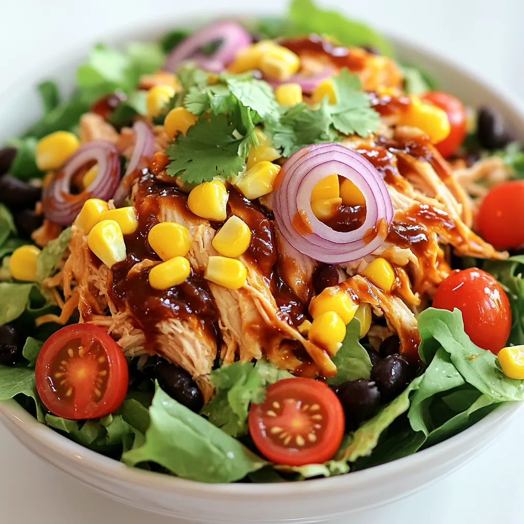 - 2 cups cooked chicken breast, shredded - 4 cups mixed salad greens (e.g., romaine, spinach, arugula) - 1 cup cherry tomatoes, halved - 1 cup corn kernels (fresh or canned) - 1/2 cup black beans, rinsed and drained - 1/2 cup shredded cheddar cheese - 1/4 cup red onion, thinly sliced Let's talk about the main ingredients in the BBQ Ranch Chicken Salad. First, you need cooked chicken breast. Shredded chicken gives flavor and protein. You can use leftover chicken or rotisserie chicken for ease. Next, mixed salad greens form a fresh base. I like a mix of romaine, spinach, and arugula for texture. Cherry tomatoes add sweetness and color. Halving them makes them easier to eat. Corn kernels bring a sweet crunch. You can use fresh corn or canned corn, depending on what's handy. Black beans are a great source of fiber and protein. Rinse them well to remove any canning liquid. Shredded cheddar cheese gives a tasty, creamy touch. Finally, red onion adds a nice bite. Slice it thin so it mixes well in the salad. - 1/2 cup BBQ sauce - 1/3 cup ranch dressing - Salt and pepper to taste - Fresh cilantro, chopped (for garnish) Now, let’s dive into the dressings and seasonings. BBQ sauce is key because it adds rich flavor to the chicken. Choose a sauce you love. Ranch dressing complements the BBQ taste. It brings creaminess and tang. Don’t forget salt and pepper! They enhance the flavors of all the ingredients. Use them to your taste. Fresh cilantro adds a pop of color and fresh flavor. Chop it up and sprinkle it on top before serving. - Mixing the BBQ chicken Start by taking your cooked chicken breast. Shred the chicken into small pieces. In a mixing bowl, add the shredded chicken. Pour in the BBQ sauce. Toss the chicken well until it is fully coated in the sauce. Set this aside while you prepare the salad. - Creating the salad base Grab a large salad bowl. Add 4 cups of mixed salad greens, like romaine, spinach, or arugula. This will be the base of your salad. Make sure the greens are clean and dry for the best texture. - Adding toppings On top of the greens, layer your toppings. Start with 1 cup of halved cherry tomatoes. Then add 1 cup of corn kernels, either fresh or canned. Next, sprinkle in 1/2 cup of black beans, rinsed and drained. Add 1/2 cup of shredded cheddar cheese, and finish with 1/4 cup of thinly sliced red onion. - Drizzling ranch dressing Now it’s time to add flavor. Drizzle 1/3 cup of ranch dressing over the entire salad. This adds creaminess and ties all the flavors together. Make sure to spread it evenly. - Tossing the salad With everything in the bowl, gently toss the salad. Mix the ingredients carefully to keep the greens intact. You want everything to combine without crushing the salad. - Garnishing with cilantro Finally, take some fresh cilantro and chop it up. Sprinkle the cilantro on top of your salad. This adds a bright, fresh flavor that makes the dish even more delicious. Serve your salad right away to enjoy its freshness! - Choosing the right chicken Use cooked chicken breast for this salad. Shredded chicken is best for blending flavors. You can grill it for extra taste. If you are in a hurry, rotisserie chicken works great too. - Balancing flavors with sauces Use BBQ sauce to add a sweet and smoky taste. The ranch dressing gives a creamy contrast. Mix the sauces well with the chicken for full flavor. Adjust the amount to fit your taste. A little salt and pepper can enhance all the flavors. - Maintaining freshness of greens Always wash your salad greens before using them. This keeps them crisp and clean. Add greens to the bowl just before serving to keep them fresh. Avoid dressing the salad too early to prevent sogginess. - Colorful layering Make your salad look appealing by layering the ingredients. Start with greens, then add colorful veggies like tomatoes and corn. This not only looks good but also keeps flavors separate until you mix. - Serving temperature Serve the salad cold or at room temperature. This keeps the ingredients fresh and crunchy. If you make it ahead of time, chill it in the fridge before serving. Enjoy it at its best flavor and texture! {{image_2}} You can make this salad lighter by using grilled chicken instead of BBQ chicken. Grilling keeps the chicken juicy and adds a nice smoky flavor. It also cuts down on sugar and calories from the BBQ sauce. Another option is to substitute dressings. You can mix plain yogurt with herbs for a creamy taste. Or, try a vinaigrette for a tangy twist. Both options add flavor without the extra calories. You can change up the beans in this salad. Try pinto beans or kidney beans for different tastes and textures. Each type brings its own flavor and nutrition. Adding nuts or seeds is another great idea. Sliced almonds or sunflower seeds give your salad a nice crunch. They also add healthy fats and protein. This makes your salad more filling. To keep your BBQ Ranch Chicken Salad fresh, start by storing it in the fridge. Place the salad in an airtight container. This helps prevent the greens from wilting. You can also layer the ingredients. Keep the chicken and dressings separate. This way, the salad tastes great when you eat it later. Use glass or plastic containers. They are both good options. If you have a smaller salad, a smaller container works well too. Store the salad for up to three days in the fridge. After that, the salad may lose its crunch. When reheating the chicken, do it gently. You can use a microwave or a stovetop. If you use a microwave, heat in short bursts. This helps keep the chicken moist. On the stovetop, warm the chicken over low heat. Stir it often to avoid burning. After reheating, add the chicken back to the salad. Drizzle the ranch dressing on top again. Toss the salad lightly to mix. Serve it right away for the best flavor. Enjoy your fresh and flavorful BBQ Ranch Chicken Salad! Can I make this salad ahead of time? Yes, you can make this salad ahead of time. Just keep the chicken and dressing separate until you are ready to serve. This helps keep the greens fresh and crisp. What can I use instead of ranch dressing? If you want a change, try using Greek yogurt or blue cheese dressing. Both options will give a different taste while still being creamy and delicious. Is this salad gluten-free? Yes, this salad is gluten-free. Just make sure to check the BBQ sauce and ranch dressing labels. Some brands may add gluten. This blog post covered how to make a tasty BBQ ranch chicken salad. I shared the main ingredients like chicken, beans, and greens. I outlined steps for preparation, serving tips, and ways to keep it fresh. You can even swap ingredients to suit your taste! Remember to store leftovers properly and reheat them well. This salad is not just easy to make; it’s also customizable and delicious. Enjoy making this dish your own!