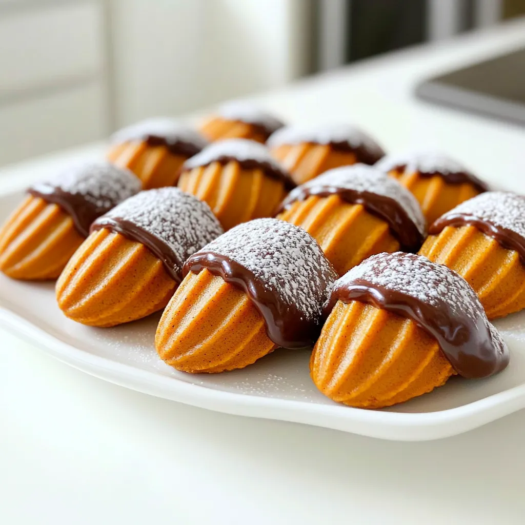 - 1 cup all-purpose flour - 1/2 teaspoon baking powder - 1/4 teaspoon baking soda - 1/4 teaspoon salt - 1/2 teaspoon ground cinnamon - 1/4 teaspoon ground nutmeg - 1/4 teaspoon ground ginger - 2 large eggs - 1/2 cup granulated sugar - 1/2 cup pumpkin puree - 1/4 cup unsalted butter, melted - 1 teaspoon vanilla extract - 1 cup semi-sweet chocolate chips - 1 teaspoon coconut oil The dry ingredients create the base of the madeleines. Use all-purpose flour for the best texture. Baking powder and baking soda give them lift. Salt balances the flavors. The spices—cinnamon, nutmeg, and ginger—add warmth and depth. Next, we have the wet ingredients. Eggs and sugar create a light and fluffy mix. Pumpkin puree adds moisture and flavor. Melted unsalted butter brings richness, and vanilla extract adds a sweet aroma. Finally, the chocolate coating. Semi-sweet chocolate chips bring sweetness and depth. Coconut oil helps the chocolate melt smoothly, making it easy to dip the madeleines. These ingredients come together to create a delightful treat. Each bite bursts with fall flavors and chocolatey goodness. 1. Preheat your oven to 375°F (190°C). This helps the madeleines bake evenly. Grease a madeleine pan with cooking spray or butter, then dust it with flour. This step is key to prevent sticking. 2. In a large bowl, whisk together the dry ingredients. Combine 1 cup of flour, 1/2 teaspoon baking powder, 1/4 teaspoon baking soda, 1/4 teaspoon salt, 1/2 teaspoon ground cinnamon, 1/4 teaspoon ground nutmeg, and 1/4 teaspoon ground ginger. Set this mix aside. 3. In another large bowl, beat 2 large eggs and 1/2 cup of granulated sugar using an electric mixer. Mix until the color turns pale and fluffy, which takes about 5 minutes. This creates a light batter. 1. Gently fold in 1/2 cup of pumpkin puree, 1/4 cup of melted unsalted butter, and 1 teaspoon of vanilla extract into the egg mixture. Mix until everything is just combined. This gives the madeleines their rich flavor. 2. Gradually add the dry ingredients to the wet mix, folding gently. Be careful not to overmix; this keeps your madeleines light and airy. 1. Using a spoon, fill each madeleine mold about 3/4 full with the batter. This allows room for rising. 2. Bake in the preheated oven for 10-12 minutes. The edges should turn golden brown, and the centers should spring back when touched. 3. Remove the pan from the oven. Let the madeleines cool in the pan for a few minutes. Then, transfer them to a wire rack to cool completely. 1. For the chocolate dip, melt 1 cup of semi-sweet chocolate chips and 1 teaspoon of coconut oil together. Use a microwave-safe bowl and heat in 20-second intervals. Stir between each interval until smooth. 2. Dip the cooled madeleine tops into the melted chocolate. Allow the excess chocolate to drip off gently. This creates a nice coating. 3. Place the dipped madeleines back on the wire rack to set. To speed up the hardening process, put them in the fridge for about 15 minutes. Enjoy your tasty treats! To make great madeleines, avoid overmixing the batter. When you fold in the dry ingredients, stop as soon as you see no more flour. This keeps your madeleines light and fluffy. To test for doneness, gently press the center. If it springs back, they are ready. You can also look for golden edges. This means your madeleines are baked just right. When melting chocolate for dipping, use coconut oil. This helps create a smooth coating. Stir the chocolate every 20 seconds in the microwave until it is smooth. This way, your dip will look perfect. Enhancing flavors is easy with chocolate. You can add a pinch of sea salt to the melted chocolate. This adds a nice contrast to the sweetness. You might also try adding a splash of vanilla for depth. For a stunning display, arrange your madeleines on a pretty platter. Dust them lightly with powdered sugar. This adds a nice touch and makes them look fancy. Pair your madeleines with a warm drink. A pumpkin spice latte works well. The flavors complement each other perfectly. Enjoy these treats with friends or family for a cozy vibe. {{image_2}} You can boost the flavor of your madeleines in fun ways. Adding spices like allspice or cloves can give them a new twist. You might even try a hint of orange zest for a bright taste. If you enjoy crunch, consider mixing in chopped nuts or chocolate chunks. Walnuts or pecans add a nice texture. Dark chocolate chunks can make the madeleines more decadent. If you need a gluten-free option, swap the all-purpose flour for a gluten-free blend. Many brands work well in this recipe. For a vegan twist, replace the eggs with flax eggs. Mix one tablespoon of ground flaxseed with three tablespoons of water. Let it sit until it thickens. Use a plant-based butter for richness, too. These changes keep the madeleines tasty and inclusive. You can switch up the squash in this recipe easily. Butternut squash or even sweet potato could work nicely. For special occasions, try adding festive spices, like nutmeg for Thanksgiving. During Christmas, a hint of peppermint extract can brighten the flavor. Change the shape of your madeleines with a different pan, too, to match the season! To keep your chocolate dipped pumpkin madeleines fresh, use airtight containers. Glass jars work great. Plastic containers with tight lids are also good. Place parchment paper between layers to avoid sticking. Store them in a cool, dry place, away from direct sunlight. This helps maintain their soft texture and rich taste. Freezing madeleines is easy and keeps them tasty. First, let them cool completely. Then, place them in a single layer on a baking sheet. Freeze for about one hour. After freezing, transfer them to airtight bags. Remove as much air as possible before sealing. For thawing, take them out and leave them at room temperature for about 30 minutes. Enjoy them fresh! At room temperature, madeleines last about three days. Keep them sealed to avoid drying out. If you refrigerate them, they can last up to one week. Just make sure to wrap them tightly. This helps keep their flavor and moisture intact. You can tell the madeleines are done when the edges turn golden brown. Press the center lightly; it should spring back. If it leaves an indentation, they need more time. Check them at the 10-minute mark to avoid overbaking. Yes, you can use fresh pumpkin. Just cook and mash it first. Make sure to remove any excess moisture. Too much water can change the texture of your madeleines. Fresh pumpkin adds a lovely taste. You can use white chocolate or dark chocolate for a different flavor. If you want a healthier option, try yogurt-covered coating. Chopped nuts or crushed candy can also be fun for a crunchy topping. Store leftover madeleines in an airtight container. This keeps them fresh and soft. You can also place parchment paper between layers. This will prevent them from sticking together. Yes, you can make the batter ahead of time. Cover it with plastic wrap and store it in the fridge. Just remember to use it within two days for the best results. Before using, allow the batter to sit at room temperature for a bit. This helps with even baking. In this post, we covered how to make delightful madeleines. You learned about each ingredient, from flour to chocolate. We explored step-by-step instructions for batter, baking, and chocolate dipping. I shared tips for perfecting your madeleines and offered variations for flavor and diet. Finally, we discussed storage to keep them fresh. Creating madeleines can be fun and rewarding. With these tips, you can impress friends and family. Enjoy making them your own!