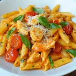 For Tomato Basil Chicken Penne, gather these items: - 2 cups penne pasta - 2 tablespoons olive oil - 4 boneless, skinless chicken breasts, cut into bite-sized pieces - 1 small onion, finely chopped - 3 garlic cloves, minced - 1 can (14 oz) crushed tomatoes - 1 cup cherry tomatoes, halved - 1 teaspoon dried oregano - 1 teaspoon sugar - ½ teaspoon red pepper flakes (optional) - Salt and pepper to taste - 1 cup fresh basil leaves, torn - ½ cup grated Parmesan cheese You can swap some ingredients if needed: - Use whole wheat penne for a healthier pasta choice. - Chicken thighs can replace chicken breasts for more flavor. - Canned diced tomatoes work if you don’t have crushed tomatoes. - Fresh garlic can be swapped with garlic powder; use 1/8 teaspoon. - If you lack fresh basil, dried basil can work; use 1 tablespoon. Make sure to measure correctly: - For perfect pasta, always salt your water. - The chicken should be cooked until it’s no longer pink. - Adjust the sugar to balance the acidity of the tomatoes. - Taste as you go; add salt and pepper as needed. - You can add more cheese if you like a cheesier dish. This dish is simple yet bursting with flavor. Enjoy the process of cooking and savor each bite! {{ingredient_image_1}} First, fill a large pot with water and add salt. Bring it to a boil. Once boiling, add 2 cups of penne pasta. Cook it according to the package instructions until it is al dente. This usually takes about 10 minutes. When it’s done, drain the pasta in a colander and set it aside. Next, heat 2 tablespoons of olive oil in a large skillet over medium heat. Add 4 boneless, skinless chicken breasts cut into bite-sized pieces. Season with salt and pepper. Cook the chicken for about 5 to 7 minutes until it is browned and cooked through. When finished, remove the chicken from the skillet and set it aside. In the same skillet, add 1 small finely chopped onion. Sauté it for 2 to 3 minutes until it becomes soft and translucent. Then, add 3 minced garlic cloves and cook for another minute until fragrant. Now, stir in 1 can of crushed tomatoes, 1 cup of halved cherry tomatoes, 1 teaspoon of dried oregano, and 1 teaspoon of sugar. If you like spice, add ½ teaspoon of red pepper flakes. Let the sauce simmer for 5 to 7 minutes. This helps the flavors blend well. Return the cooked chicken to the skillet. Stir it into the sauce to coat well. Now, add the drained penne pasta and toss everything together until well mixed. Cook for another 2 to 3 minutes to heat everything through. Remove the skillet from heat and stir in 1 cup of torn fresh basil leaves. This adds freshness to the dish! Serve it hot and top with ½ cup of grated Parmesan cheese for extra flavor. Enjoy your meal! To cook chicken right, cut it into bite-sized pieces. This helps it cook faster and evenly. Use a hot skillet with olive oil. Season the chicken with salt and pepper before cooking. Cook until the chicken turns golden brown, about 5-7 minutes. Make sure it is no longer pink inside. This method keeps it juicy and tasty. When cooking penne, start with a big pot of salted water. Bring it to a boil before adding the pasta. This helps the pasta cook evenly. Stir the pasta occasionally while it cooks. Follow the package instructions for the right cooking time. Test the pasta for doneness by tasting it. You want it al dente, which means soft but still firm. Drain it well, but don’t rinse! Rinsing washes away the starch that helps sauce stick. Using fresh ingredients makes a big difference in flavor. Always opt for fresh basil over dried. Tear the leaves to release their oils and aroma. Fresh cherry tomatoes add sweetness and texture to the dish. You can also use fresh garlic instead of jarred. This will give the sauce a bright taste. Lastly, feel free to add fresh herbs like parsley or thyme for extra flavor. Pro Tips Perfect Pasta: Always cook your pasta al dente to ensure it holds its shape when mixed with the sauce. Chicken Cooking: For the juiciest chicken, avoid overcrowding the skillet and cook in batches if necessary. Fresh Herbs: Add basil at the end of cooking to preserve its vibrant flavor and color. Cheese Choice: Grate your Parmesan cheese fresh for a creamier texture and richer flavor in the dish. {{image_2}} You can easily make a vegetarian version of Tomato Basil Chicken Penne. Simply replace the chicken with hearty vegetables. Good choices are zucchini, bell peppers, and mushrooms. You can also use chickpeas for protein. Sauté the veggies just like you do the chicken. This way, they get tender and flavorful. If you want to change the protein, try shrimp or tofu. Shrimp cooks quickly and adds a nice touch. Just sauté the shrimp until pink and then follow the same steps as with chicken. For tofu, use firm or extra-firm tofu. Cut it into bite-sized pieces and sauté until golden. Tofu soaks up the sauce flavors well. You can switch up the sauce for more fun. Try adding pesto for a fresh taste. Mix in some cream for a rich, creamy sauce. You can also add spinach or arugula for extra greens. For a bit of crunch, toss in pine nuts or walnuts. Each change can bring a new twist to your meal. To store your Tomato Basil Chicken Penne, first let it cool. Place it in an airtight container. Keep it in the fridge. It will stay fresh for about 3-4 days. If you want to enjoy it later, freezing is a great option! When you're ready to eat, reheat the pasta. You can use a microwave or a stove. If using a microwave, heat in short bursts. Stir after each burst to avoid hot spots. If using the stove, add a splash of water. This keeps it from drying out. Heat until warm. If you want to freeze your dish, portion it into smaller containers. Make sure to leave some space at the top. The sauce may expand while freezing. Label your containers with the date. When you're ready to eat, thaw it in the fridge overnight. Reheat as mentioned before. Enjoy your delicious meal later! You can serve this dish with a simple salad. A side of garlic bread works well too. You might like a light vinaigrette to balance the flavors. A glass of white wine pairs nicely. Fresh fruit can be a great dessert option. Yes, you can make this dish ahead of time. Cook the penne and chicken, then store them separately. Keep the sauce in another container. When ready to eat, reheat the sauce and combine everything. This way, the pasta stays firm and does not get soggy. To adjust the spice level, you can add or remove red pepper flakes. For mild flavor, skip the flakes. If you like it spicy, add more to taste. You can also add fresh ground black pepper for extra kick. Experiment until you find your perfect balance! This blog post covers everything you need for Tomato Basil Chicken Penne. We listed ingredients, gave substitution options, and shared clear measurements. You learned step-by-step cooking methods, from pasta to chicken, and made a flavorful sauce. Tips for perfect chicken and pasta helped ensure success. You can even try variations like vegetarian options or different proteins. Lastly, we provided helpful storage and reheating tips. With this guide, you can make a great meal, enjoy leftovers, and impress your friends. Cooking can be easy and fun with fresh, quick dishes like this one.