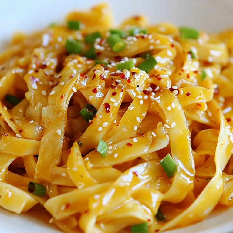 To make Spicy Garlic Noodles, gather these main ingredients: - 8 oz. egg noodles (or your favorite noodles) - 4 tablespoons olive oil - 6 cloves garlic, minced - 1 red chili, finely chopped (adjust to taste) - 2 tablespoons soy sauce - 1 tablespoon sriracha (add more for extra heat) - 1 tablespoon sesame oil - 1 tablespoon brown sugar - 2 green onions, thinly sliced - 1 tablespoon sesame seeds (for garnish) - Fresh cilantro (optional for garnish) These ingredients create a perfect balance of heat, flavor, and texture. You can elevate your Spicy Garlic Noodles with these garnishes: - More sliced green onions - Chopped peanuts for crunch - Lime wedges for a zesty kick These additions bring freshness and a pop of color to your dish. For special diets, try these alternatives: - Use rice noodles for a gluten-free option. - Swap egg noodles with zucchini noodles for a low-carb meal. - Replace soy sauce with tamari for a gluten-free version. These swaps keep the flavor while meeting dietary needs. {{ingredient_image_1}} To cook the noodles just right, start by boiling water in a large pot. Add salt to the water for flavor. Once the water boils, add 8 oz. of egg noodles or your choice of noodles. Cook them according to the package instructions until they are al dente. This usually takes about 6 to 8 minutes. After they finish cooking, drain the noodles and set them aside. This step is key to getting a great texture in your dish. Next, let's make the garlic mixture. Grab a large skillet or wok and heat 4 tablespoons of olive oil over medium heat. Once the oil is hot, add 6 cloves of minced garlic and 1 finely chopped red chili. Stir these together and sauté for about 2-3 minutes. Be careful not to let the garlic burn; it should smell fragrant but stay golden. This mixture brings a lot of flavor to the dish. Now it’s time to combine everything. Pour in 2 tablespoons of soy sauce, 1 tablespoon of sriracha, 1 tablespoon of sesame oil, and 1 tablespoon of brown sugar into the skillet. Mix everything well and let it simmer for about 1-2 minutes. Now, add the cooked noodles to the skillet. Toss the noodles gently to coat them evenly in the spicy garlic sauce. This step is important for flavor. Cook for another 2-3 minutes until the noodles are heated through. For an even coat, make sure to lift the noodles from the bottom of the skillet. This ensures every noodle gets that delicious sauce. When you’re done, mix in 2 thinly sliced green onions. Serve your noodles hot, garnished with 1 tablespoon of sesame seeds and fresh cilantro, if you like. Enjoy your Spicy Garlic Noodles! To make your spicy garlic noodles just right, adjust the chili and sriracha. Start with one red chili, finely chopped, for a mild kick. If you like it hot, add more chili or sriracha. Taste as you go! Everyone's spice tolerance is different. You want the heat to enhance, not overpower, the garlic flavor. If you have extras, store them in an airtight container. Place the noodles in the fridge for up to three days. When reheating, add a splash of water or a drizzle of oil to keep them moist. Heat them in a pan over medium heat. Stir often to avoid sticking. Avoid overcooking the garlic. Sauté it just until fragrant; burnt garlic tastes bitter. Do not skip the brown sugar. It balances the heat and adds depth. Lastly, toss the noodles well in the sauce. This ensures every bite bursts with flavor. Pro Tips Adjust the Heat: If you prefer a milder dish, reduce the amount of red chili and sriracha. You can always add more heat later! Use Fresh Ingredients: Fresh garlic and green onions enhance the flavor significantly. Avoid pre-minced garlic for the best taste. Customize Your Noodles: Feel free to substitute egg noodles with rice noodles or gluten-free options to suit your dietary preferences. Enhance with Protein: Add cooked chicken, shrimp, or tofu to make this dish a complete meal that is both satisfying and flavorful. {{image_2}} You can easily add proteins to your spicy garlic noodles. Try chicken, shrimp, or beef. For a plant-based option, use tofu or tempeh. Cook your chosen protein in the skillet first. Then, add the garlic and chili mixture. This way, the protein absorbs the flavors well. Adding veggies boosts nutrition and flavor. I recommend snap peas, bell peppers, or broccoli. You can also use carrots or bok choy for a crunch. Stir-fry the vegetables for a few minutes before adding the noodles. This keeps them bright and crisp. To make your noodles extra special, try other sauces. A splash of oyster sauce adds depth. You can use hoisin for a sweet twist. Fresh herbs like basil or mint give a refreshing taste. Feel free to experiment with flavors that excite your palate! To store spicy garlic noodles, first let them cool down. Place the noodles in an airtight container. If you want to keep them fresh for later, refrigerate them. They can last for up to three days in the fridge. For longer storage, freeze the noodles. Use a freezer-safe container or bag. Make sure to remove as much air as possible. They can stay good in the freezer for up to three months. Spicy garlic noodles last about three days in the fridge. The flavors will still taste great, but the texture may change a bit. If stored in the freezer, they can last for three months. Just remember, the longer they stay frozen, the more flavor they might lose. Always label your containers with the date to keep track. To reheat your spicy garlic noodles, the stove is the best method. Place them in a pan over medium heat. Add a splash of water or broth to keep them moist. Stir frequently to heat them evenly. This way, the noodles stay tasty and do not dry out. You can also use a microwave. Place them in a microwave-safe bowl. Cover it loosely and heat in short bursts. Stir in between to ensure even heating. Enjoy your noodles just as good as when you first made them! For Spicy Garlic Noodles, I love using egg noodles. They soak up the sauce well and have a nice chew. You can also use rice noodles for a gluten-free option. Soba noodles are also great if you want a nuttier flavor. Each type of noodle brings its own taste and texture. Choose what you enjoy most. Yes, you can make Spicy Garlic Noodles ahead. Cook the noodles and store them in the fridge. Keep the garlic sauce separate. When you're ready to eat, heat the sauce and toss in the noodles. This keeps everything fresh and tasty. You can store the dish for up to three days. Absolutely! To make it vegetarian, use soy sauce made from fermented soy. For a gluten-free version, swap out the egg noodles for rice noodles. Most ingredients are already gluten-free. Just check labels for any hidden gluten. This way, everyone can enjoy delicious Spicy Garlic Noodles! In this post, we covered how to make Spicy Garlic Noodles. You learned about key ingredients, cooking steps, and smart tips. I shared variations for proteins and vegetables to boost flavor and nutrition. You now know how to store leftovers and reheat them without losing taste. Remember, cooking is all about creativity and fun. Don’t hesitate to try new things! Enjoy your noodles and share your experiences. Your kitchen is your playground, so make it delicious!