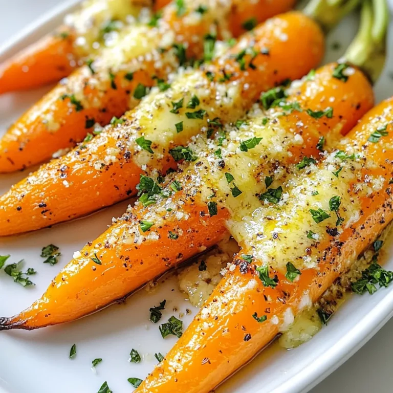 To make Garlic Parmesan Roasted Carrots, you need a few simple ingredients. Here’s a quick list: - 1 pound baby carrots (or regular carrots, peeled and cut into sticks) - 3 tablespoons olive oil - 4 cloves garlic, minced - 1/2 cup grated Parmesan cheese - 1 teaspoon dried Italian herbs (like oregano or thyme) - Salt and pepper to taste - Fresh parsley, chopped (for garnish) Each ingredient plays a big role. The carrots give a sweet crunch. Olive oil helps everything roast well, while garlic adds a strong, tasty punch. Parmesan cheese makes the dish rich and creamy. The herbs add depth and flavor, and the parsley brings a fresh touch. Keep all these in mind when you gather your ingredients. {{ingredient_image_1}} Start by preheating your oven to 400°F (200°C). This step is key for even cooking. Line a baking sheet with parchment paper. This makes cleanup quick and easy. In a large bowl, combine 3 tablespoons of olive oil and 4 minced garlic cloves. Add 1 teaspoon of dried Italian herbs, along with salt and pepper to taste. Stir well to blend the flavors. This garlic oil mixture is the heart of the dish. Take 1 pound of baby carrots or regular carrots cut into sticks. Add them to the bowl of garlic oil. Toss the carrots well so they are coated evenly. This step ensures every bite is packed with flavor. Spread the coated carrots in a single layer on your baking sheet. Roast them for 20 minutes in the preheated oven. This helps them soften and develop a nice color. After 20 minutes, take the baking sheet out. Sprinkle 1/2 cup of grated Parmesan cheese over the carrots. Return the baking sheet to the oven. Roast for another 10 minutes, until the cheese is golden and bubbly. This final step gives the dish a delicious finish. Once done, let the carrots cool for a few minutes. Garnish with chopped fresh parsley for a vibrant touch. Enjoy your flavorful side dish! You can use baby carrots or regular carrots. Baby carrots are sweet and tender. They are also easy to prepare. If you pick regular carrots, peel them and cut into sticks. This way, they roast evenly. Both options taste great in this dish. I often prefer baby carrots for their small size and flavor. Set your oven to 400°F (200°C). This heat helps the carrots cook fast. Place the baking sheet in the middle of the oven. This ensures even heat around the carrots. Don’t crowd the carrots on the sheet. Give them space to roast well. This makes them crispy on the outside and soft inside. To boost the taste, add more spices. Try paprika for a hint of smoke. A pinch of cayenne pepper adds heat. Fresh herbs like rosemary or thyme also work well. You can even add a squeeze of lemon juice after roasting. This adds a bright flavor that pairs nicely with the cheese. Experiment with what you like best! Pro Tips Choose the Right Carrots: Opt for baby carrots for a sweeter flavor, or use regular carrots for a heartier texture. Both options work well! Don’t Skip the Garlic: Freshly minced garlic enhances the flavor significantly. Avoid using garlic powder for the best results. Adjust the Cheese: Feel free to mix different cheeses like Asiago or Pecorino Romano for a unique twist on the classic Parmesan flavor. Watch the Roasting Time: Keep an eye on the carrots after adding cheese to prevent burning. The perfect finish is golden and bubbly! {{image_2}} If you want to switch things up, try different cheeses. Pecorino Romano brings a nice salty kick. Grana Padano offers a similar taste but is milder. For a creamier touch, consider using feta cheese. It adds a tangy flavor that can brighten the dish. Adding citrus or herbs can change the taste a lot. A squeeze of lemon or lime gives a fresh zing. You can also try orange zest for a sweet twist. Fresh herbs like thyme or rosemary can add depth. Mixing in a bit of chili flakes can give it a spicy kick. Want a vegan twist? Use nutritional yeast as a cheese substitute. It adds a cheesy flavor without dairy. There are also great vegan cheese options available. Look for brands that melt well, like cashew or almond cheese. They keep the dish creamy and delicious. Store your leftover garlic Parmesan roasted carrots in an airtight container. Place them in the fridge. They stay fresh for about three to four days. Make sure they cool down before sealing. This helps keep the texture nice. For the best taste, reheat the carrots in the oven. Preheat your oven to 350°F (175°C). Spread the carrots on a baking sheet. Heat for about 10 to 15 minutes. This brings back their crispness and flavor. You can also use a microwave. Heat in short bursts to avoid sogginess. If you want to freeze roasted carrots, do it right after they cool. Use a freezer-safe bag or container. Remove as much air as possible. Carrots can last up to three months in the freezer. When ready to eat, thaw them in the fridge overnight. Reheat as mentioned before for the best taste. You can use frozen carrots, but fresh ones taste better. Frozen carrots may not get as crispy. If you use frozen, thaw them first. Pat them dry to remove excess moisture. This helps them roast well. The carrots are done when they are soft and slightly brown. You can poke them with a fork to check. The cheese should be golden and bubbly. If you want them crispier, roast them a few minutes longer. These carrots make a great side dish for many meals. They pair well with grilled chicken or steak. You can also serve them with pasta dishes or fish. They add color and flavor to any plate. Enjoy them alongside a fresh salad for a complete meal. Roasting carrots with garlic and Parmesan is simple and fun. You learned how to prepare tasty carrots with just a few steps. Choosing the right carrots, using olive oil, and adding herbs make all the difference. With tips on storage and variations, you can enjoy this dish anytime. Remember, creativity in cooking leads to delicious meals. Happy cooking!