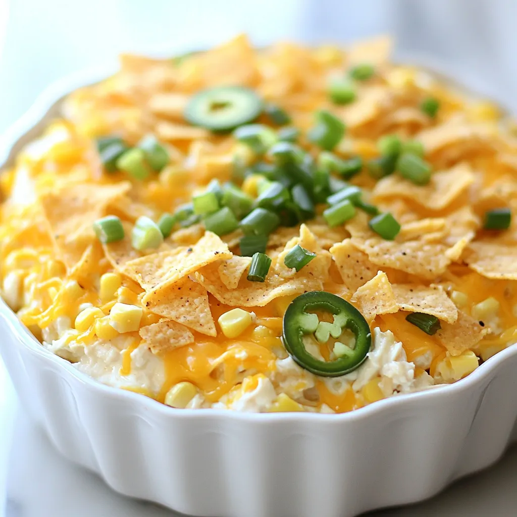 - 2 cups shredded cooked chicken - 1 cup cream cheese, softened - 1 cup shredded sharp cheddar cheese - 1/2 cup chopped jalapeños (fresh or jarred) - 1/2 cup corn kernels (frozen or fresh) - 1/2 cup diced red bell pepper - 1/4 cup green onions, sliced - 1 teaspoon garlic powder - 1 teaspoon onion powder - 1 teaspoon smoked paprika - 1 1/2 cups crushed tortilla chips - Salt and pepper to taste - 1/4 cup sour cream (for topping) When cooking, exact measurements matter. You can use rotisserie chicken for quick prep. If you want a creamier texture, try using mascarpone instead of cream cheese. For a kick, add more jalapeños or use pepper jack cheese. If you prefer a milder taste, swap jalapeños for sweet bell peppers. I like using Philadelphia cream cheese for its smooth texture. For cheddar, Tillamook offers a great sharp flavor. Ro-Tel brand diced tomatoes with green chilies also work well if you want a bit of spice. For tortilla chips, Tostitos are a solid choice for crunch. {{ingredient_image_1}} Start by preheating your oven to 350°F (175°C). Gather a large mixing bowl. In this bowl, mix the softened cream cheese with the shredded chicken. Add the chopped jalapeños, corn, diced red bell pepper, and sliced green onions. Sprinkle in the garlic powder, onion powder, and smoked paprika. Stir until everything blends nicely. Taste the mixture and add salt and pepper as needed. Next, grab a 9x13 inch casserole dish. Place half of the crushed tortilla chips on the bottom. Spread the chicken mixture evenly over the chips. Top it off with the rest of the crushed tortilla chips. Finally, sprinkle the remaining shredded cheddar cheese on top. Now, place the casserole dish in the preheated oven. Bake it for 25 to 30 minutes. Watch for the cheese to melt and get bubbly. Once done, remove the dish from the oven. Allow it to sit for about 5 minutes. This helps the flavors settle. Before serving, drizzle sour cream on top. This adds a creamy finish that really enhances the dish. To ensure even cooking, mix the ingredients well. This helps the flavors spread throughout the dish. When layering, make sure to cover all areas. This prevents hot and cold spots. If you want a crispier topping, bake it a few minutes longer. Just keep an eye on it to avoid burning. For a fun twist, try adding more jalapeños for an extra kick. Enjoy your savory delight! To amp up the flavor, consider adding more spices. Try using pepper jack cheese for a creamier texture. Adding a splash of lime juice gives a bright note. You can also toss in a handful of chopped cilantro for freshness. Fresh herbs like parsley can enhance the taste too. If you want it milder, reduce the jalapeños. You can use sweet bell peppers instead. For more heat, add diced serrano peppers or a sprinkle of cayenne. Always taste as you go. This way, you can find the perfect balance for your palate. Serve your casserole warm, topped with sour cream and fresh green onions. It pairs well with a crisp side salad. You can also add extra tortilla chips for crunch. A dollop of guacamole on the side adds a nice twist. This dish is perfect for gatherings, making it a crowd favorite. Pro Tips Use Rotisserie Chicken: For a quicker prep time, consider using store-bought rotisserie chicken instead of cooking your own. It adds flavor and saves time! Adjust the Heat: If you're sensitive to spice, reduce the amount of jalapeños or use milder peppers. Alternatively, add more for a spicier kick! Layering is Key: Make sure to layer the ingredients evenly to ensure every bite has a good balance of flavors and textures. Make Ahead: This casserole can be prepared a day in advance. Just cover it and refrigerate, then bake it when you're ready to serve! {{image_2}} You can easily make this dish vegetarian. Replace the chicken with black beans or chickpeas. This adds protein and keeps it hearty. Use a mix of bell peppers and corn for more texture. Cream cheese and cheddar cheese add creaminess and flavor. To make this casserole gluten-free, choose gluten-free tortilla chips. Many brands offer tasty options. Ensure that your cream cheese and all sauces are gluten-free. This way, everyone can enjoy this spicy delight without worry. Feel free to get creative! You can add cooked bacon for a smoky flavor. Add diced tomatoes for extra moisture. Extra jalapeños can boost the spice level. Try adding spinach for some greens. Each of these add-ins can change the taste while keeping it delicious. Store your leftover jalapeño popper chicken casserole in an airtight container. Let it cool completely before putting it away. It can stay fresh in the fridge for about 3 to 4 days. To keep the flavors intact, cover the top with plastic wrap or foil. If you want to freeze this casserole, do it before baking. Prepare it up to the point of assembly. Wrap it tightly in plastic wrap and then in aluminum foil. This keeps it safe from freezer burn. You can freeze it for up to 3 months. When you're ready to bake, just thaw it overnight in the fridge. To reheat your casserole, preheat your oven to 350°F (175°C). If it’s frozen, let it thaw first. Heat it for about 25 to 30 minutes until it’s hot all the way through. You can also microwave it in individual portions for 2-3 minutes. Just stir it well to make sure it heats evenly. Add a bit of extra cheese on top before reheating for a tasty touch. No, you should not use raw chicken. This recipe calls for cooked shredded chicken. Using raw chicken will not cook evenly in the casserole. Pre-cooked chicken keeps the flavors balanced and ensures fast cooking. You can use rotisserie chicken or leftover chicken for ease. You can prepare the casserole a day in advance. Simply follow the recipe but stop before baking. Cover the dish with foil and store it in the fridge. When you're ready to bake, remove the cover and bake as directed. This method saves time and still tastes fresh. This dish pairs well with many sides. Try a crisp green salad for freshness. You can also serve extra tortilla chips for a crunchy texture. For a more filling meal, add rice or quinoa. These options complement the flavors without overwhelming them. We explored the ingredients, steps, and tips for making a great Jalapeño Popper Chicken Casserole. You can easily adjust flavors and make simple swaps for different diets. Remember to store leftovers properly and reheat them well for the best taste. Cooking this dish can be fun and simple with the right guidance. Enjoy your cooking journey, and don’t hesitate to experiment with flavors and ingredients. This recipe offers a tasty meal for everyone!
