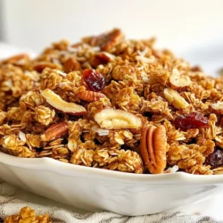 To make Maple Pecan Granola Clusters, you need simple, fresh ingredients. Each one plays a key role in flavor and texture. Here’s what you will need: - 2 cups rolled oats - 1 cup pecans, chopped - 1/2 cup unsweetened shredded coconut - 1/4 cup sunflower seeds - 1/4 teaspoon salt - 1/2 cup maple syrup - 1/4 cup coconut oil, melted - 1 teaspoon vanilla extract Rolled oats serve as the base. They give the clusters a chewy texture. Chopped pecans add crunch and a nutty taste. Shredded coconut brings a mild sweetness, and sunflower seeds add more texture. A pinch of salt enhances all the flavors. The wet ingredients, maple syrup, melted coconut oil, and vanilla extract help bind everything together. Maple syrup adds a rich sweetness, while coconut oil gives a lovely hint of tropical flavor. For a personal touch, feel free to add some extras. Optional add-ins can enhance taste and nutrition: - 1/2 cup dried cranberries or raisins - Chocolate chips - Other nuts or seeds Dried cranberries or raisins can add a fruity burst. Chocolate chips can satisfy sweet cravings. You can mix and match to find your favorite combination! If you follow a special diet, you can adjust the recipe easily. Here are some ideas: - Gluten-Free: Use gluten-free oats. - Nut-Free: Swap pecans for seeds like pumpkin or more sunflower seeds. - Vegan: This recipe is already vegan since it uses maple syrup. These swaps make the granola fit various diets without losing flavor. Enjoy crafting your unique version! {{ingredient_image_1}} Start by preheating your oven to 350°F (175°C). This helps the granola bake evenly. Line a baking sheet with parchment paper. This step makes cleanup easy later. In a large bowl, mix the rolled oats, chopped pecans, shredded coconut, sunflower seeds, and salt. Make sure to combine these well. In another bowl, whisk the maple syrup, melted coconut oil, and vanilla extract. Whisk until the mixture is smooth and blended. Now, pour the wet mixture over the dry ingredients. Use a spatula to stir until every piece is coated. Spread the granola mixture evenly on your prepared baking sheet. Press it down firmly with the spatula. This helps the clusters stick together when baking. Place the baking sheet in the oven and bake for 20-25 minutes. Stir halfway through to cook evenly. Look for a golden brown color to know it’s done. Once you take it out, let the granola cool completely on the baking sheet. This step is crucial for forming clusters. When cool, break the granola into clusters. If you like, mix in dried cranberries or raisins at this point. Finally, store your granola in an airtight container. Keep it at room temperature for up to two weeks for the best taste. Enjoy your crunchy and delicious maple pecan granola clusters! To get those perfect clusters, press your granola mixture down tightly on the baking sheet. This helps it stick together while baking. A spatula works well for pressing. Bake the granola until it is golden brown, usually around 20-25 minutes. Stir halfway through to ensure even cooking. Let it cool fully on the sheet before breaking it up. Cooling lets the clusters form nicely. You can swap ingredients based on what you have. If you don't have pecans, use walnuts or almonds instead. For a nut-free version, try pumpkin seeds or sunflower seeds. Instead of coconut oil, olive oil works as a good substitute. You can also use honey if you want a different sweetener. Any dried fruit can replace cranberries or raisins, like apricots or figs. One common mistake is not pressing the mixture down enough. This can lead to crumbly granola instead of clusters. Another mistake is baking at too high a temperature. Keep it at 350°F to avoid burning. Stirring too much can break your clusters, so be gentle. Lastly, avoid skipping the cooling step; this is vital for great clusters. Pro Tips Use Fresh Ingredients: For the best flavor, make sure your nuts, oats, and seeds are fresh. Stale ingredients can lead to a less enjoyable granola experience. Customize Your Sweetness: Adjust the amount of maple syrup to suit your taste. If you prefer a less sweet granola, start with 1/3 cup and add more if needed. Press it Down: Pressing the granola mixture firmly onto the baking sheet helps create larger clusters. Don’t skip this step if you love those crunchy bites! Experiment with Add-Ins: Feel free to mix in other ingredients like chocolate chips, seeds, or other dried fruits for added flavor and texture. The possibilities are endless! {{image_2}} You can tweak the flavor of your Maple Pecan Granola Clusters. Try adding spices like cinnamon or nutmeg. A pinch of these spices can give a warm touch. You can also mix in other nuts, like almonds or walnuts. They add a nice crunch and different tastes. If you love chocolate, adding cocoa powder is a fun option. You can play with the sweetness of your clusters. If you like it less sweet, use less maple syrup. Start with a third of a cup instead of half a cup. You can also add a bit of honey for depth. If you want it sweeter, add more maple syrup. This will enhance the maple flavor as well. Get creative with add-ins for your granola. You can mix in chocolate chips for a sweet surprise. Try using dark chocolate for a richer taste. Seeds like chia or flax can boost nutrition. You can also add dried fruits, like raisins or apricots. These will make the clusters even more chewy and yummy. To keep your maple pecan granola clusters fresh, store them in an airtight container. This will help prevent moisture from making them soggy. I recommend using glass jars or plastic containers with tight lids. Keep the container in a cool, dry place away from direct sunlight. If you can, avoid opening the container too often to keep air out. These granola clusters last for up to two weeks at room temperature. If stored properly, they stay crunchy and tasty. If you notice them losing their crunch, it may be time to enjoy them or think about freezing them. To freeze your granola clusters, follow these steps: - Allow the clusters to cool completely. - Place them in a freezer-safe bag or container. - Label the bag with the date. - You can freeze them for up to three months. When you're ready to eat, just take out the amount you want. Let them sit at room temperature for a bit. They will taste great even after freezing! Yes, you can make this recipe gluten-free. Just use certified gluten-free oats. They are safe for those with gluten sensitivities. Be sure to check the labels on your ingredients. Some brands may contain gluten. To keep your granola clusters crunchy, let them cool completely before breaking them apart. Cooling allows the clusters to harden. Store them in an airtight container at room temperature. This prevents moisture from making them soft. Yes, you can use honey instead of maple syrup. Honey adds a nice flavor, too. Just remember that honey is sweeter than maple syrup. You may want to use a little less if you prefer less sweetness. This granola is packed with nutrients. Here are some benefits: - Rolled oats provide fiber and keep you full. - Pecans are rich in healthy fats and antioxidants. - Coconut offers healthy fats and adds flavor. - Sunflower seeds add protein and vitamin E. - Maple syrup gives a natural sweetness with some minerals. This granola makes a tasty and healthy snack or breakfast option. In this post, we explored how to make delicious maple pecan granola clusters. You learned about key ingredients, optional add-ins, and dietary modifications. We provided step-by-step instructions and tips for perfect clusters. Check out the various flavors and storage tips too. Final thought: These clusters are easy, customizable, and fun to make. Enjoy every bite!