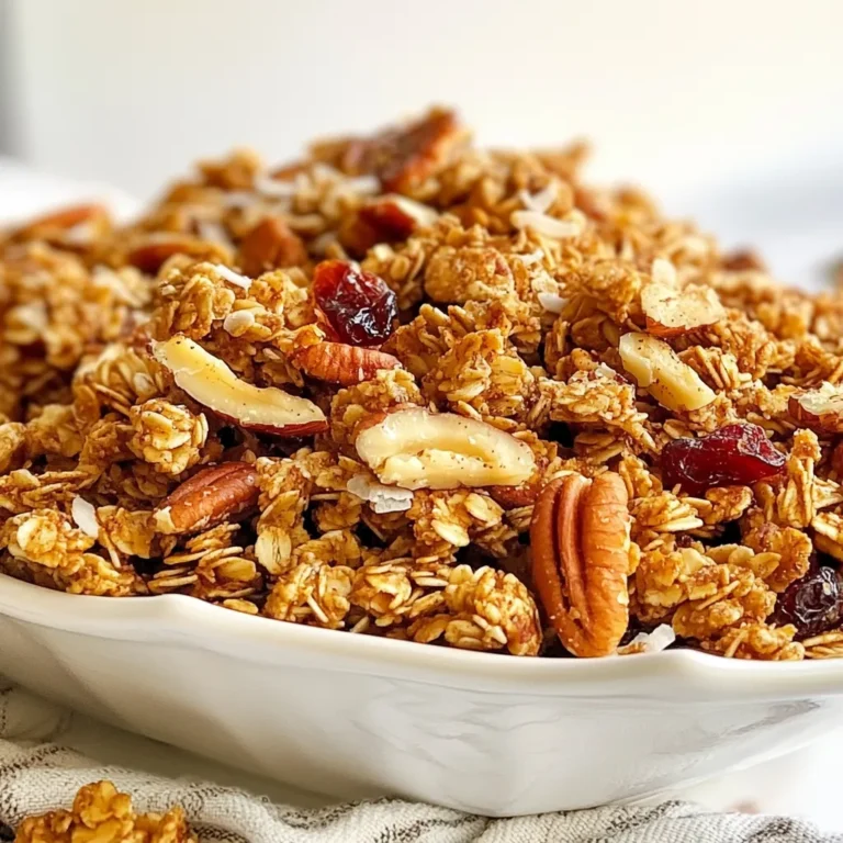To make Maple Pecan Granola Clusters, you need simple, fresh ingredients. Each one plays a key role in flavor and texture. Here’s what you will need: - 2 cups rolled oats - 1 cup pecans, chopped - 1/2 cup unsweetened shredded coconut - 1/4 cup sunflower seeds - 1/4 teaspoon salt - 1/2 cup maple syrup - 1/4 cup coconut oil, melted - 1 teaspoon vanilla extract Rolled oats serve as the base. They give the clusters a chewy texture. Chopped pecans add crunch and a nutty taste. Shredded coconut brings a mild sweetness, and sunflower seeds add more texture. A pinch of salt enhances all the flavors. The wet ingredients, maple syrup, melted coconut oil, and vanilla extract help bind everything together. Maple syrup adds a rich sweetness, while coconut oil gives a lovely hint of tropical flavor. For a personal touch, feel free to add some extras. Optional add-ins can enhance taste and nutrition: - 1/2 cup dried cranberries or raisins - Chocolate chips - Other nuts or seeds Dried cranberries or raisins can add a fruity burst. Chocolate chips can satisfy sweet cravings. You can mix and match to find your favorite combination! If you follow a special diet, you can adjust the recipe easily. Here are some ideas: - Gluten-Free: Use gluten-free oats. - Nut-Free: Swap pecans for seeds like pumpkin or more sunflower seeds. - Vegan: This recipe is already vegan since it uses maple syrup. These swaps make the granola fit various diets without losing flavor. Enjoy crafting your unique version! {{ingredient_image_1}} Start by preheating your oven to 350°F (175°C). This helps the granola bake evenly. Line a baking sheet with parchment paper. This step makes cleanup easy later. In a large bowl, mix the rolled oats, chopped pecans, shredded coconut, sunflower seeds, and salt. Make sure to combine these well. In another bowl, whisk the maple syrup, melted coconut oil, and vanilla extract. Whisk until the mixture is smooth and blended. Now, pour the wet mixture over the dry ingredients. Use a spatula to stir until every piece is coated. Spread the granola mixture evenly on your prepared baking sheet. Press it down firmly with the spatula. This helps the clusters stick together when baking. Place the baking sheet in the oven and bake for 20-25 minutes. Stir halfway through to cook evenly. Look for a golden brown color to know it’s done. Once you take it out, let the granola cool completely on the baking sheet. This step is crucial for forming clusters. When cool, break the granola into clusters. If you like, mix in dried cranberries or raisins at this point. Finally, store your granola in an airtight container. Keep it at room temperature for up to two weeks for the best taste. Enjoy your crunchy and delicious maple pecan granola clusters! To get those perfect clusters, press your granola mixture down tightly on the baking sheet. This helps it stick together while baking. A spatula works well for pressing. Bake the granola until it is golden brown, usually around 20-25 minutes. Stir halfway through to ensure even cooking. Let it cool fully on the sheet before breaking it up. Cooling lets the clusters form nicely. You can swap ingredients based on what you have. If you don't have pecans, use walnuts or almonds instead. For a nut-free version, try pumpkin seeds or sunflower seeds. Instead of coconut oil, olive oil works as a good substitute. You can also use honey if you want a different sweetener. Any dried fruit can replace cranberries or raisins, like apricots or figs. One common mistake is not pressing the mixture down enough. This can lead to crumbly granola instead of clusters. Another mistake is baking at too high a temperature. Keep it at 350°F to avoid burning. Stirring too much can break your clusters, so be gentle. Lastly, avoid skipping the cooling step; this is vital for great clusters. Pro Tips Use Fresh Ingredients: For the best flavor, make sure your nuts, oats, and seeds are fresh. Stale ingredients can lead to a less enjoyable granola experience. Customize Your Sweetness: Adjust the amount of maple syrup to suit your taste. If you prefer a less sweet granola, start with 1/3 cup and add more if needed. Press it Down: Pressing the granola mixture firmly onto the baking sheet helps create larger clusters. Don’t skip this step if you love those crunchy bites! Experiment with Add-Ins: Feel free to mix in other ingredients like chocolate chips, seeds, or other dried fruits for added flavor and texture. The possibilities are endless! {{image_2}} You can tweak the flavor of your Maple Pecan Granola Clusters. Try adding spices like cinnamon or nutmeg. A pinch of these spices can give a warm touch. You can also mix in other nuts, like almonds or walnuts. They add a nice crunch and different tastes. If you love chocolate, adding cocoa powder is a fun option. You can play with the sweetness of your clusters. If you like it less sweet, use less maple syrup. Start with a third of a cup instead of half a cup. You can also add a bit of honey for depth. If you want it sweeter, add more maple syrup. This will enhance the maple flavor as well. Get creative with add-ins for your granola. You can mix in chocolate chips for a sweet surprise. Try using dark chocolate for a richer taste. Seeds like chia or flax can boost nutrition. You can also add dried fruits, like raisins or apricots. These will make the clusters even more chewy and yummy. To keep your maple pecan granola clusters fresh, store them in an airtight container. This will help prevent moisture from making them soggy. I recommend using glass jars or plastic containers with tight lids. Keep the container in a cool, dry place away from direct sunlight. If you can, avoid opening the container too often to keep air out. These granola clusters last for up to two weeks at room temperature. If stored properly, they stay crunchy and tasty. If you notice them losing their crunch, it may be time to enjoy them or think about freezing them. To freeze your granola clusters, follow these steps: - Allow the clusters to cool completely. - Place them in a freezer-safe bag or container. - Label the bag with the date. - You can freeze them for up to three months. When you're ready to eat, just take out the amount you want. Let them sit at room temperature for a bit. They will taste great even after freezing! Yes, you can make this recipe gluten-free. Just use certified gluten-free oats. They are safe for those with gluten sensitivities. Be sure to check the labels on your ingredients. Some brands may contain gluten. To keep your granola clusters crunchy, let them cool completely before breaking them apart. Cooling allows the clusters to harden. Store them in an airtight container at room temperature. This prevents moisture from making them soft. Yes, you can use honey instead of maple syrup. Honey adds a nice flavor, too. Just remember that honey is sweeter than maple syrup. You may want to use a little less if you prefer less sweetness. This granola is packed with nutrients. Here are some benefits: - Rolled oats provide fiber and keep you full. - Pecans are rich in healthy fats and antioxidants. - Coconut offers healthy fats and adds flavor. - Sunflower seeds add protein and vitamin E. - Maple syrup gives a natural sweetness with some minerals. This granola makes a tasty and healthy snack or breakfast option. In this post, we explored how to make delicious maple pecan granola clusters. You learned about key ingredients, optional add-ins, and dietary modifications. We provided step-by-step instructions and tips for perfect clusters. Check out the various flavors and storage tips too. Final thought: These clusters are easy, customizable, and fun to make. Enjoy every bite!