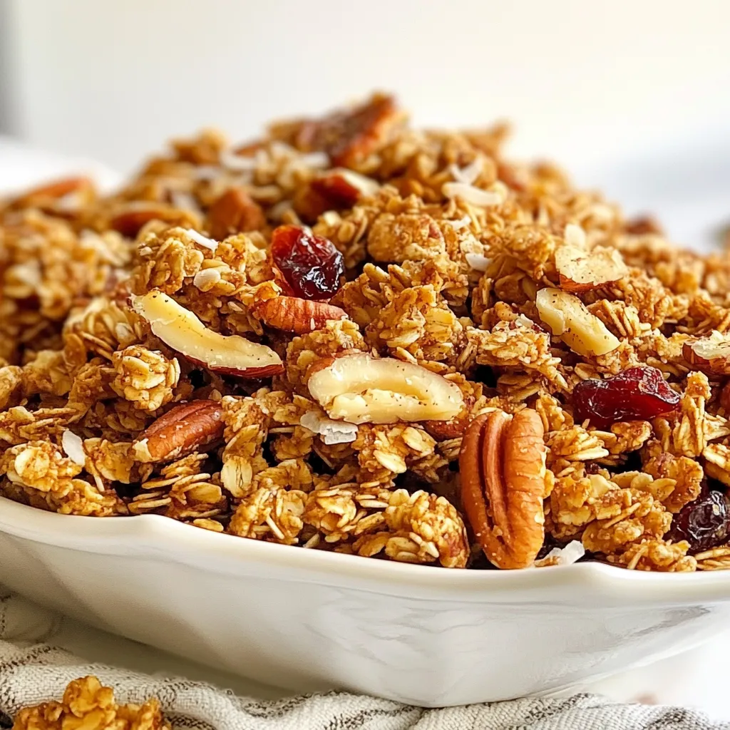 To make Maple Pecan Granola Clusters, you need simple, fresh ingredients. Each one plays a key role in flavor and texture. Here’s what you will need: - 2 cups rolled oats - 1 cup pecans, chopped - 1/2 cup unsweetened shredded coconut - 1/4 cup sunflower seeds - 1/4 teaspoon salt - 1/2 cup maple syrup - 1/4 cup coconut oil, melted - 1 teaspoon vanilla extract Rolled oats serve as the base. They give the clusters a chewy texture. Chopped pecans add crunch and a nutty taste. Shredded coconut brings a mild sweetness, and sunflower seeds add more texture. A pinch of salt enhances all the flavors. The wet ingredients, maple syrup, melted coconut oil, and vanilla extract help bind everything together. Maple syrup adds a rich sweetness, while coconut oil gives a lovely hint of tropical flavor. For a personal touch, feel free to add some extras. Optional add-ins can enhance taste and nutrition: - 1/2 cup dried cranberries or raisins - Chocolate chips - Other nuts or seeds Dried cranberries or raisins can add a fruity burst. Chocolate chips can satisfy sweet cravings. You can mix and match to find your favorite combination! If you follow a special diet, you can adjust the recipe easily. Here are some ideas: - Gluten-Free: Use gluten-free oats. - Nut-Free: Swap pecans for seeds like pumpkin or more sunflower seeds. - Vegan: This recipe is already vegan since it uses maple syrup. These swaps make the granola fit various diets without losing flavor. Enjoy crafting your unique version! {{ingredient_image_1}} Start by preheating your oven to 350°F (175°C). This helps the granola bake evenly. Line a baking sheet with parchment paper. This step makes cleanup easy later. In a large bowl, mix the rolled oats, chopped pecans, shredded coconut, sunflower seeds, and salt. Make sure to combine these well. In another bowl, whisk the maple syrup, melted coconut oil, and vanilla extract. Whisk until the mixture is smooth and blended. Now, pour the wet mixture over the dry ingredients. Use a spatula to stir until every piece is coated. Spread the granola mixture evenly on your prepared baking sheet. Press it down firmly with the spatula. This helps the clusters stick together when baking. Place the baking sheet in the oven and bake for 20-25 minutes. Stir halfway through to cook evenly. Look for a golden brown color to know it’s done. Once you take it out, let the granola cool completely on the baking sheet. This step is crucial for forming clusters. When cool, break the granola into clusters. If you like, mix in dried cranberries or raisins at this point. Finally, store your granola in an airtight container. Keep it at room temperature for up to two weeks for the best taste. Enjoy your crunchy and delicious maple pecan granola clusters! To get those perfect clusters, press your granola mixture down tightly on the baking sheet. This helps it stick together while baking. A spatula works well for pressing. Bake the granola until it is golden brown, usually around 20-25 minutes. Stir halfway through to ensure even cooking. Let it cool fully on the sheet before breaking it up. Cooling lets the clusters form nicely. You can swap ingredients based on what you have. If you don't have pecans, use walnuts or almonds instead. For a nut-free version, try pumpkin seeds or sunflower seeds. Instead of coconut oil, olive oil works as a good substitute. You can also use honey if you want a different sweetener. Any dried fruit can replace cranberries or raisins, like apricots or figs. One common mistake is not pressing the mixture down enough. This can lead to crumbly granola instead of clusters. Another mistake is baking at too high a temperature. Keep it at 350°F to avoid burning. Stirring too much can break your clusters, so be gentle. Lastly, avoid skipping the cooling step; this is vital for great clusters. Pro Tips Use Fresh Ingredients: For the best flavor, make sure your nuts, oats, and seeds are fresh. Stale ingredients can lead to a less enjoyable granola experience. Customize Your Sweetness: Adjust the amount of maple syrup to suit your taste. If you prefer a less sweet granola, start with 1/3 cup and add more if needed. Press it Down: Pressing the granola mixture firmly onto the baking sheet helps create larger clusters. Don’t skip this step if you love those crunchy bites! Experiment with Add-Ins: Feel free to mix in other ingredients like chocolate chips, seeds, or other dried fruits for added flavor and texture. The possibilities are endless! {{image_2}} You can tweak the flavor of your Maple Pecan Granola Clusters. Try adding spices like cinnamon or nutmeg. A pinch of these spices can give a warm touch. You can also mix in other nuts, like almonds or walnuts. They add a nice crunch and different tastes. If you love chocolate, adding cocoa powder is a fun option. You can play with the sweetness of your clusters. If you like it less sweet, use less maple syrup. Start with a third of a cup instead of half a cup. You can also add a bit of honey for depth. If you want it sweeter, add more maple syrup. This will enhance the maple flavor as well. Get creative with add-ins for your granola. You can mix in chocolate chips for a sweet surprise. Try using dark chocolate for a richer taste. Seeds like chia or flax can boost nutrition. You can also add dried fruits, like raisins or apricots. These will make the clusters even more chewy and yummy. To keep your maple pecan granola clusters fresh, store them in an airtight container. This will help prevent moisture from making them soggy. I recommend using glass jars or plastic containers with tight lids. Keep the container in a cool, dry place away from direct sunlight. If you can, avoid opening the container too often to keep air out. These granola clusters last for up to two weeks at room temperature. If stored properly, they stay crunchy and tasty. If you notice them losing their crunch, it may be time to enjoy them or think about freezing them. To freeze your granola clusters, follow these steps: - Allow the clusters to cool completely. - Place them in a freezer-safe bag or container. - Label the bag with the date. - You can freeze them for up to three months. When you're ready to eat, just take out the amount you want. Let them sit at room temperature for a bit. They will taste great even after freezing! Yes, you can make this recipe gluten-free. Just use certified gluten-free oats. They are safe for those with gluten sensitivities. Be sure to check the labels on your ingredients. Some brands may contain gluten. To keep your granola clusters crunchy, let them cool completely before breaking them apart. Cooling allows the clusters to harden. Store them in an airtight container at room temperature. This prevents moisture from making them soft. Yes, you can use honey instead of maple syrup. Honey adds a nice flavor, too. Just remember that honey is sweeter than maple syrup. You may want to use a little less if you prefer less sweetness. This granola is packed with nutrients. Here are some benefits: - Rolled oats provide fiber and keep you full. - Pecans are rich in healthy fats and antioxidants. - Coconut offers healthy fats and adds flavor. - Sunflower seeds add protein and vitamin E. - Maple syrup gives a natural sweetness with some minerals. This granola makes a tasty and healthy snack or breakfast option. In this post, we explored how to make delicious maple pecan granola clusters. You learned about key ingredients, optional add-ins, and dietary modifications. We provided step-by-step instructions and tips for perfect clusters. Check out the various flavors and storage tips too. Final thought: These clusters are easy, customizable, and fun to make. Enjoy every bite!