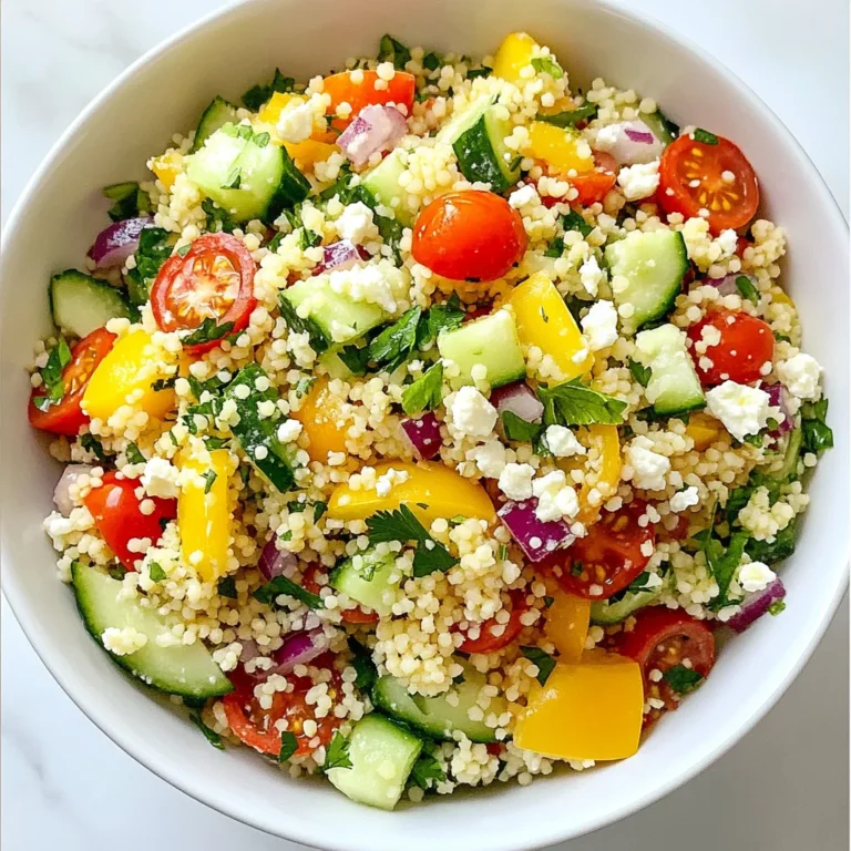 For this Lemon Herb Couscous Salad, you will need: - 1 cup couscous - 1 ½ cups vegetable broth - 1 small cucumber, diced - 1 cup cherry tomatoes, halved - ½ red onion, finely chopped - 1 bell pepper (any color), diced - ¼ cup fresh parsley, chopped - ¼ cup fresh mint, chopped - 1 lemon, juiced and zested These ingredients bring a bright and fresh taste to the salad. The couscous serves as a fluffy base, while the veggies add crunch and color. You can also add: - Crumbled feta cheese for topping The feta adds creaminess and a salty kick. It makes the salad even more delicious. For the dressing, you will need: - 3 tablespoons olive oil - Salt and pepper to taste The olive oil helps to bind the salad. Salt and pepper enhance all the flavors. The lemon juice and zest make everything shine bright, bringing a zingy freshness! {{ingredient_image_1}} To cook the couscous, start by boiling 1 ½ cups of vegetable broth in a medium saucepan. Once it boils, add 1 cup of couscous and stir. Then, remove the pan from the heat. Cover it with a lid and let it sit for 5 minutes. This allows the couscous to soak up all the broth. After 5 minutes, fluff the couscous with a fork. Let it cool to room temperature. While the couscous cools, chop your veggies. In a large mixing bowl, combine the following: - 1 small cucumber, diced - 1 cup cherry tomatoes, halved - ½ red onion, finely chopped - 1 bell pepper, diced - ¼ cup fresh parsley, chopped - ¼ cup fresh mint, chopped Mix these ingredients well. The colors and textures will make your salad pop! Next, let's make the dressing. In a small bowl, whisk together: - Juice of 1 lemon - Zest of 1 lemon - 3 tablespoons olive oil - Salt and pepper to taste This dressing adds a bright, fresh flavor. Once your couscous has cooled, add it to the bowl with the vegetables. Pour the lemon dressing over this mix. Toss everything gently until well combined. Taste and adjust the seasoning with more salt or pepper if needed. If you like, sprinkle crumbled feta cheese on top before serving. Enjoy your vibrant and tasty Lemon Herb Couscous Salad! To get the best texture, use the right amount of broth. For every cup of couscous, add 1.5 cups of broth. Bring it to a boil, then remove it from heat. Let it sit covered for about five minutes. This step lets the couscous absorb the liquid fully. Once it's ready, fluff it gently with a fork. This helps keep each grain separate and light. Fresh herbs make a big difference in this dish. I love using parsley and mint for a bright flavor. You can add other herbs too, like basil or chives, for a twist. Always choose fresh herbs when possible. Dried herbs don't give the same fresh taste. Chop them finely, so they mix well with the couscous. Serve this salad cold or at room temperature. It makes a great side dish for grilled meats or fish. You can also add crumbled feta cheese on top for a creamy touch. For a heartier meal, pair it with chickpeas or grilled chicken. This dish is perfect for picnics or potlucks because it holds up well. Pro Tips Fresh Herbs Matter: Always use fresh parsley and mint for the best flavor. Dried herbs just won't give you the same vibrant taste. Cool It Down: Let the couscous cool completely before mixing with the vegetables to keep them crisp and fresh. Customize Your Ingredients: Feel free to add other vegetables like bell peppers or olives, or even protein like chickpeas for a heartier salad. Dress Just Before Serving: For the best texture and flavor, dress the salad right before serving to prevent the veggies from wilting. {{image_2}} You can easily add protein to your Lemon Herb Couscous Salad. Here are some great choices: - Grilled chicken - Shrimp - Chickpeas - Black beans - Tofu Simply cook your protein of choice and mix it in with your salad. This step adds flavor and makes the dish more filling. If you want a vegetarian or vegan version, skip the feta cheese. Instead, use avocado or nuts for creaminess. You can also add cooked lentils for more texture and nutrition. Both options keep your salad vibrant and delicious. Feel free to swap ingredients based on the season. In summer, use fresh corn or zucchini. In fall, try roasted squash or apples. These swaps add seasonal flair and keep your salad exciting all year long! To keep your Lemon Herb Couscous Salad fresh, use an airtight container. Place the salad in the container and seal it tightly. Store it in the fridge. This helps maintain the flavors and textures. If you have feta cheese on top, store it separately. This keeps it from getting soggy. Couscous salad is best enjoyed cold. If you want to reheat it, do so gently. You can add a splash of vegetable broth to a pan. Heat it on low. Stir until warm. Avoid high heat, as it can dry out the salad. The salad stays fresh for about 3 days in the fridge. Check for signs of spoilage, like off smells or sliminess. If you notice these, it’s best to toss it. To keep it fresh longer, store the dressing separately. Combine it just before serving for the best taste. You can use quinoa or bulgur as a substitute for couscous. Both grains have a similar texture. Quinoa is gluten-free and high in protein. Bulgur cooks quickly and adds a nutty flavor. Rice can also work, but it has a different texture. Yes, you can make this salad ahead of time! It tastes even better when the flavors meld together. Prepare the salad and store it in the fridge for up to two days. Just keep the dressing separate until you are ready to serve. This way, the salad stays fresh and crisp. No, this salad is not gluten-free due to the couscous. Couscous is made from wheat, which contains gluten. If you need a gluten-free option, use quinoa or rice instead. Both will give you a delicious result while keeping it gluten-free. This blog post covers everything you need to make a tasty couscous salad. We explored key ingredients, cooking steps, and clever tips. You can use fresh veggies, herbs, and dressings for great flavor. Don't forget the option to add protein or swap seasonal ingredients. Proper storage and reheating keep leftovers fresh and delicious. With these tips, you can make a couscous salad that fits any meal. Enjoy creating your own version, and don’t hesitate to share your favorites!
