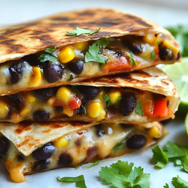 - 1 can (15 oz) black beans, rinsed and drained - 1 cup corn kernels (fresh, frozen, or canned) - 1 red bell pepper, diced - 1 small red onion, finely chopped - 2 cloves garlic, minced Black beans are the heart of this dish. They add protein and fiber. Corn provides a sweet crunch. The red bell pepper adds color and a sweet flavor. Red onion gives a nice bite and garlic adds depth. - 1 teaspoon ground cumin - 1 teaspoon smoked paprika - 1/2 teaspoon cayenne pepper (adjust to taste) - Salt and pepper to taste Spices make the quesadillas special. Ground cumin offers a warm, earthy flavor. Smoked paprika brings a rich, smoky taste. Cayenne pepper gives a kick. Salt and pepper enhance all the flavors. - 2 cups shredded pepper jack cheese - 4 large flour tortillas - 2 tablespoons olive oil (for cooking) Pepper jack cheese melts beautifully and adds spice. Flour tortillas are soft and easy to fold. Olive oil helps make the quesadillas crispy and golden. These ingredients are simple, yet they create a tasty meal. I love how each item plays a role in making these quesadillas a hit. {{ingredient_image_1}} To start, heat a skillet over medium heat. Add 1 tablespoon of olive oil. Once the oil is hot, toss in the diced red onion. Sauté it for about 2-3 minutes until it turns soft and clear. This step builds the base flavor. Next, add the minced garlic and diced red bell pepper. Stir in 1 cup of corn kernels, whether fresh, frozen, or canned. Cook for another 2-3 minutes until the veggies soften. They should smell great, and the colors will pop. Now, mix in the black beans, ground cumin, smoked paprika, cayenne pepper, salt, and pepper. Stir everything well. Cook for 2-3 more minutes until heated through. Once done, remove the skillet from the heat and set the filling aside. Heat a clean skillet or griddle over medium heat. Place one flour tortilla in the skillet. Sprinkle about ½ cup of shredded pepper jack cheese over half of the tortilla. The cheese adds a creamy texture and a spicy kick. Spoon a generous amount of your black bean mixture over the cheese. Make sure to spread it evenly. Fold the tortilla in half to cover the filling. Cook for 3-4 minutes until the bottom turns golden brown. Flip it over and cook until the other side is crispy and the cheese melts. Remove the quesadilla from the skillet. Repeat this with the remaining tortillas and filling. Slice each quesadilla into wedges for easy serving. For a fresh touch, garnish your quesadillas with chopped cilantro. This adds color and flavor. Serve with lime wedges on the side. A squeeze of lime juice gives the quesadilla a zesty kick that enhances the taste. Enjoy your meal! You can easily change the spice in your quesadillas. Here’s how: - To make them milder, cut the cayenne pepper in half or leave it out. - For more heat, add extra cayenne or use a hot sauce in the filling. You can also swap ingredients: - Use black-eyed peas or pinto beans instead of black beans. - Try different cheeses like cheddar or mozzarella. Getting the skillet temperature just right matters. - Heat your skillet over medium. If it’s too hot, the quesadillas may burn. - A good test is to sprinkle a drop of water in the skillet. If it sizzles, you’re ready. To ensure your quesadillas are crispy: - Use enough olive oil to coat the skillet. - Don’t overcrowd the pan. Cook one or two at a time for the best results. Storing leftovers is simple: - Place the quesadillas in an airtight container. They can last in the fridge for 2-3 days. - You can also freeze them. Just wrap them tightly in plastic wrap. When it’s time to reheat: - Use a skillet over low heat. This keeps them crispy. - You can also use an oven. Preheat to 350°F (175°C) and bake for 10-15 minutes. Pro Tips Adjust the Heat: If you prefer a milder quesadilla, reduce or omit the cayenne pepper. You can also swap it for a milder chili powder. Cheese Options: While pepper jack adds a nice kick, feel free to mix it with other cheeses like cheddar or mozzarella for a creamier texture. Extra Veggies: Add more vegetables like spinach, zucchini, or mushrooms to increase the nutrition and flavor of your quesadillas. Serve with Dips: Enhance your quesadilla experience by serving with guacamole, salsa, or sour cream for added flavor and creaminess. {{image_2}} You can make these quesadillas even more colorful and tasty by adding extra veggies. Spinach and zucchini are great choices. They add flavor and nutrition. You can also swap out the cheese for a dairy-free option, like cashew cheese or a vegan blend. This keeps the dish fresh and fun. If you want more protein, try adding grilled chicken or beef. Just cook the meat first and mix it with the beans. For a spicy kick, chorizo is a fantastic choice. It brings a rich flavor that pairs well with the black beans. Adjust the spice to fit your taste. Dips make quesadillas even better. Salsa and guacamole are popular options. They add creaminess and freshness. You can also serve a simple salad on the side. Rice or black bean soup works well, too. These sides round out the meal and add more flavor. One serving of spicy black bean quesadillas has about 400 calories. This includes: - Fats: 18 grams - Proteins: 16 grams - Carbohydrates: 45 grams These numbers can change based on your ingredient choices. Black beans are a superfood. They are high in fiber, which helps digestion. They also provide protein, which helps build and repair muscles. Adding vegetables like corn and bell peppers boosts vitamins. This mix is rich in vitamin C and antioxidants, which help fight free radicals. Eating more veggies can support heart health. They help keep your body strong and full of energy. These quesadillas are easy to adapt. They can be made gluten-free by using corn tortillas instead of flour ones. If you need a dairy-free option, try vegan cheese. It melts well and tastes great! This dish can fit many diets and is a tasty choice for everyone! To boost flavor, try adding fresh herbs like cilantro or parsley. You can also mix in lime juice for a zesty touch. Consider using smoked cheese for a richer taste. Spice lovers can add more cayenne pepper or even fresh jalapeños for extra heat. Adding a pinch of sugar can balance out the spice, making the flavors pop. Don’t forget to taste as you go! Yes, you can prepare the filling in advance. Store it in an airtight container in the fridge for up to three days. When you're ready, simply assemble and cook the quesadillas. If you want, you can also cook them fully and reheat later. Just keep them in the fridge and warm them on a skillet before serving. These quesadillas go great with salsa, guacamole, or sour cream. For something different, try a cilantro-lime crema or a spicy chipotle dip. Each dip adds a nice contrast to the heat of the quesadillas. Try serving with lime wedges for an extra zing! Spicy black bean quesadillas are easy and fun to make. Start with fresh ingredients like black beans, corn, and peppers, then add spices for a flavor kick. You can customize them to fit your taste. Whether you enjoy them vegetarian or with meat, the variations are endless. Pair them with dips like salsa for a tasty meal. These quesadillas are not just delicious; they also offer health benefits. Now, it's time to gather your ingredients and start cooking! Enjoy this flavorful dish and impress your friends and family.