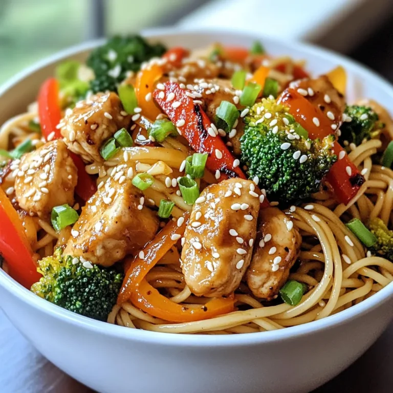 To make a tasty Sesame Chicken Noodle Bowl, you need: - 2 boneless, skinless chicken breasts, cut into bite-sized pieces - 8 ounces soba noodles or rice noodles - 1 cup broccoli florets - 1 red bell pepper, sliced - 1 carrot, julienned - 1/4 cup sesame seeds - 3 green onions, chopped - Salt and pepper to taste These ingredients bring fresh flavors and a good mix of textures. The chicken gives protein, while the veggies add color and crunch. For the marinade, gather these items: - 2 tablespoons sesame oil - 3 tablespoons soy sauce - 2 tablespoons honey - 1 tablespoon rice vinegar - 1 teaspoon grated ginger - 2 cloves garlic, minced This marinade boosts the chicken's flavor. The sesame oil adds a nutty taste, while honey gives a hint of sweetness. You can enhance your dish with: - Extra sesame seeds - More chopped green onions These garnishes add a nice finish. They bring a pop of color and extra flavor to your bowl. {{ingredient_image_1}} First, we need to marinate the chicken. In a bowl, mix together sesame oil, soy sauce, honey, rice vinegar, grated ginger, minced garlic, salt, and pepper. This mix gives the chicken a rich flavor. Cut the chicken breasts into bite-sized pieces. Add the chicken to the marinade and coat well. Let this sit for at least 30 minutes. You can also place it in the fridge for up to 2 hours for even more flavor. Next, we cook the noodles. Bring a pot of salted water to a boil. Add 8 ounces of soba or rice noodles to the water. Cook the noodles according to the package instructions. This usually takes about 5-7 minutes. Once done, drain the noodles and set them aside. You want them ready when you mix everything together. Now, let's prepare the vegetables. In a large skillet or wok, heat a tablespoon of sesame oil over medium-high heat. Add 1 cup of broccoli florets, 1 sliced red bell pepper, and 1 julienned carrot to the skillet. Stir-fry these for about 4-5 minutes. You want them to be tender but still a bit crisp. This gives a nice texture to the dish. It’s time to cook the chicken. Push the cooked vegetables to one side of the skillet. Pour the marinated chicken into the other side. Cook the chicken for about 5-7 minutes. Stir it frequently. You want it cooked through and golden brown. This step makes the chicken juicy and full of flavor. Next, we combine everything. Add the cooked noodles to the skillet with the chicken and vegetables. Gently toss everything together. If you like, you can add a splash more soy sauce for flavor. Cook for an additional 2 minutes to heat everything through. This step ensures all the flavors mix well. Finally, it’s time to serve. Remove the skillet from heat. Sprinkle 1/4 cup of sesame seeds and 3 chopped green onions on top. This adds crunch and color. Now your sesame chicken noodle bowls are ready to enjoy! For the best flavor in your sesame chicken noodle bowls, start with the marinade. Use fresh ginger and garlic for a bright taste. Marinate the chicken for at least 30 minutes. This lets the flavors soak in deeply. If you have time, marinate for up to 2 hours. A splash of extra soy sauce before serving can boost the flavor too. When cooking, use a hot skillet or wok. This helps the chicken brown well. Stir-fry the vegetables quickly to keep them crisp. Don't crowd the pan. This ensures even cooking and great texture. Always toss the noodles gently with the chicken and veggies. This keeps them from breaking apart. You can prepare many parts ahead of time. Marinate the chicken in the morning and cook it later. You can also cook the noodles and chop the vegetables in advance. Store them in the fridge. When ready to eat, just stir-fry everything together. This makes dinner easy and fast. Pro Tips Marinate for Flavor: Allow the chicken to marinate for at least 30 minutes, but if time permits, let it sit for up to 2 hours. This enhances the flavor significantly. Cook Noodles Al Dente: Ensure that your noodles are cooked al dente, as they will continue to cook slightly when combined with the warm chicken and vegetables. Veggie Crunch: Stir-fry the vegetables until they are tender-crisp to maintain their vibrant color and nutritional value while providing a satisfying crunch. Garnish Generously: Don't skimp on the sesame seeds and green onions. They add a delightful crunch and fresh flavor that elevates the dish. {{image_2}} You can switch up the type of noodles you use. Soba noodles are great, but rice noodles work too. Both options give a nice texture. If you want a gluten-free meal, use rice noodles. They soak up the sauce well and add a delightful chew. To make this dish vegetarian or vegan, swap the chicken for tofu. Firm tofu soaks up flavors well. You can also use tempeh for a nuttier taste. Just marinate it like you would the chicken. This keeps all the yummy flavors while making it plant-based. Feel free to toss in more veggies! Snap peas, zucchini, or baby corn add color and crunch. You can use whatever is fresh or in your fridge. Just remember to stir-fry them until they’re tender but still crisp. This adds nutrition and makes the dish even more vibrant. To keep your sesame chicken noodle bowls fresh, store them in airtight containers. Allow the dish to cool completely before sealing. This helps prevent moisture buildup, which can make the noodles soggy. I prefer using glass containers, but plastic ones work too. Just make sure they are well sealed. When you're ready to enjoy leftovers, reheat them gently. You can use the microwave or a skillet. If using the microwave, heat in short bursts, stirring in between. This ensures even heating. If using a skillet, add a splash of water or broth to keep the noodles moist. Heat over medium-low until warmed through. These noodle bowls stay good for about 3 to 4 days in the fridge. If you want to keep them longer, consider freezing portions. They can last up to 3 months in the freezer. Just remember to label the containers with the date. Thaw in the fridge overnight before reheating for the best results. The best noodles for this dish are soba noodles or rice noodles. Soba noodles are made from buckwheat, giving a nice earthy taste. Rice noodles are light and gluten-free. Both types soak up flavors well. You can choose either based on your taste and dietary needs. Yes, you can make these bowls gluten-free. Use gluten-free soy sauce instead of regular soy sauce. Soba noodles can be gluten-free, but check the label. Rice noodles are also a good option. This way, everyone can enjoy this tasty meal without worry. You can customize the flavors easily. Try adding more ginger or garlic for a stronger taste. Adding chili flakes or sriracha gives a nice kick. If you like sweetness, drizzle more honey. Experiment with different vegetables too. Each change can make the dish uniquely yours. These noodle bowls are great on their own, but sides can enhance the meal. Serve with a light salad for freshness. Steamed dumplings pair well too. You can also offer some pickled vegetables for a tangy contrast. Each side adds to the meal experience. Yes, frozen vegetables work well in this recipe. They are quick to use and still nutritious. Just be sure to thaw them before cooking. Cook them slightly longer to ensure they are tender. This makes meal prep easier without losing flavor. This blog post provided a clear guide for making Sesame Chicken Noodle Bowls. We covered key ingredients, step-by-step cooking, useful tips, and tasty variations. You can make this dish your own by choosing noodles or adding veggies. Store leftovers properly to enjoy for days. Remember, cooking is fun, and you can customize flavors to match your taste. Now, it’s time to gather your ingredients and start cooking! Enjoy every bite of your homemade noodle bowl.