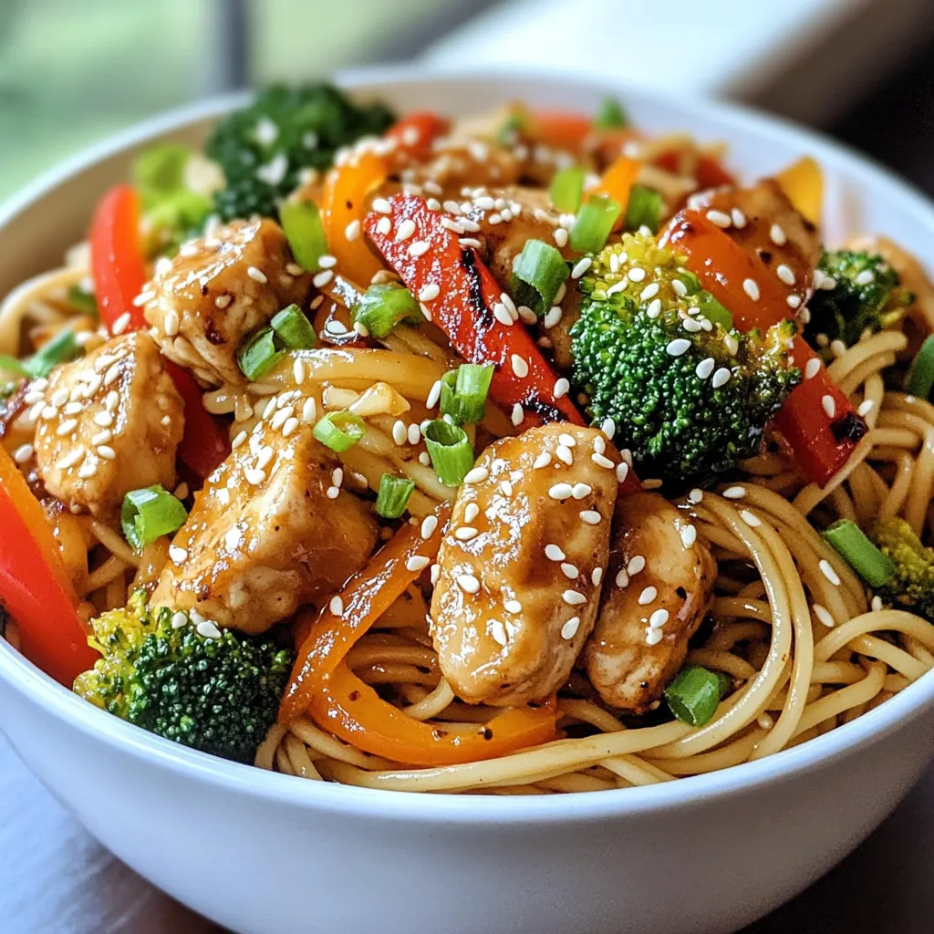 To make a tasty Sesame Chicken Noodle Bowl, you need: - 2 boneless, skinless chicken breasts, cut into bite-sized pieces - 8 ounces soba noodles or rice noodles - 1 cup broccoli florets - 1 red bell pepper, sliced - 1 carrot, julienned - 1/4 cup sesame seeds - 3 green onions, chopped - Salt and pepper to taste These ingredients bring fresh flavors and a good mix of textures. The chicken gives protein, while the veggies add color and crunch. For the marinade, gather these items: - 2 tablespoons sesame oil - 3 tablespoons soy sauce - 2 tablespoons honey - 1 tablespoon rice vinegar - 1 teaspoon grated ginger - 2 cloves garlic, minced This marinade boosts the chicken's flavor. The sesame oil adds a nutty taste, while honey gives a hint of sweetness. You can enhance your dish with: - Extra sesame seeds - More chopped green onions These garnishes add a nice finish. They bring a pop of color and extra flavor to your bowl. {{ingredient_image_1}} First, we need to marinate the chicken. In a bowl, mix together sesame oil, soy sauce, honey, rice vinegar, grated ginger, minced garlic, salt, and pepper. This mix gives the chicken a rich flavor. Cut the chicken breasts into bite-sized pieces. Add the chicken to the marinade and coat well. Let this sit for at least 30 minutes. You can also place it in the fridge for up to 2 hours for even more flavor. Next, we cook the noodles. Bring a pot of salted water to a boil. Add 8 ounces of soba or rice noodles to the water. Cook the noodles according to the package instructions. This usually takes about 5-7 minutes. Once done, drain the noodles and set them aside. You want them ready when you mix everything together. Now, let's prepare the vegetables. In a large skillet or wok, heat a tablespoon of sesame oil over medium-high heat. Add 1 cup of broccoli florets, 1 sliced red bell pepper, and 1 julienned carrot to the skillet. Stir-fry these for about 4-5 minutes. You want them to be tender but still a bit crisp. This gives a nice texture to the dish. It’s time to cook the chicken. Push the cooked vegetables to one side of the skillet. Pour the marinated chicken into the other side. Cook the chicken for about 5-7 minutes. Stir it frequently. You want it cooked through and golden brown. This step makes the chicken juicy and full of flavor. Next, we combine everything. Add the cooked noodles to the skillet with the chicken and vegetables. Gently toss everything together. If you like, you can add a splash more soy sauce for flavor. Cook for an additional 2 minutes to heat everything through. This step ensures all the flavors mix well. Finally, it’s time to serve. Remove the skillet from heat. Sprinkle 1/4 cup of sesame seeds and 3 chopped green onions on top. This adds crunch and color. Now your sesame chicken noodle bowls are ready to enjoy! For the best flavor in your sesame chicken noodle bowls, start with the marinade. Use fresh ginger and garlic for a bright taste. Marinate the chicken for at least 30 minutes. This lets the flavors soak in deeply. If you have time, marinate for up to 2 hours. A splash of extra soy sauce before serving can boost the flavor too. When cooking, use a hot skillet or wok. This helps the chicken brown well. Stir-fry the vegetables quickly to keep them crisp. Don't crowd the pan. This ensures even cooking and great texture. Always toss the noodles gently with the chicken and veggies. This keeps them from breaking apart. You can prepare many parts ahead of time. Marinate the chicken in the morning and cook it later. You can also cook the noodles and chop the vegetables in advance. Store them in the fridge. When ready to eat, just stir-fry everything together. This makes dinner easy and fast. Pro Tips Marinate for Flavor: Allow the chicken to marinate for at least 30 minutes, but if time permits, let it sit for up to 2 hours. This enhances the flavor significantly. Cook Noodles Al Dente: Ensure that your noodles are cooked al dente, as they will continue to cook slightly when combined with the warm chicken and vegetables. Veggie Crunch: Stir-fry the vegetables until they are tender-crisp to maintain their vibrant color and nutritional value while providing a satisfying crunch. Garnish Generously: Don't skimp on the sesame seeds and green onions. They add a delightful crunch and fresh flavor that elevates the dish. {{image_2}} You can switch up the type of noodles you use. Soba noodles are great, but rice noodles work too. Both options give a nice texture. If you want a gluten-free meal, use rice noodles. They soak up the sauce well and add a delightful chew. To make this dish vegetarian or vegan, swap the chicken for tofu. Firm tofu soaks up flavors well. You can also use tempeh for a nuttier taste. Just marinate it like you would the chicken. This keeps all the yummy flavors while making it plant-based. Feel free to toss in more veggies! Snap peas, zucchini, or baby corn add color and crunch. You can use whatever is fresh or in your fridge. Just remember to stir-fry them until they’re tender but still crisp. This adds nutrition and makes the dish even more vibrant. To keep your sesame chicken noodle bowls fresh, store them in airtight containers. Allow the dish to cool completely before sealing. This helps prevent moisture buildup, which can make the noodles soggy. I prefer using glass containers, but plastic ones work too. Just make sure they are well sealed. When you're ready to enjoy leftovers, reheat them gently. You can use the microwave or a skillet. If using the microwave, heat in short bursts, stirring in between. This ensures even heating. If using a skillet, add a splash of water or broth to keep the noodles moist. Heat over medium-low until warmed through. These noodle bowls stay good for about 3 to 4 days in the fridge. If you want to keep them longer, consider freezing portions. They can last up to 3 months in the freezer. Just remember to label the containers with the date. Thaw in the fridge overnight before reheating for the best results. The best noodles for this dish are soba noodles or rice noodles. Soba noodles are made from buckwheat, giving a nice earthy taste. Rice noodles are light and gluten-free. Both types soak up flavors well. You can choose either based on your taste and dietary needs. Yes, you can make these bowls gluten-free. Use gluten-free soy sauce instead of regular soy sauce. Soba noodles can be gluten-free, but check the label. Rice noodles are also a good option. This way, everyone can enjoy this tasty meal without worry. You can customize the flavors easily. Try adding more ginger or garlic for a stronger taste. Adding chili flakes or sriracha gives a nice kick. If you like sweetness, drizzle more honey. Experiment with different vegetables too. Each change can make the dish uniquely yours. These noodle bowls are great on their own, but sides can enhance the meal. Serve with a light salad for freshness. Steamed dumplings pair well too. You can also offer some pickled vegetables for a tangy contrast. Each side adds to the meal experience. Yes, frozen vegetables work well in this recipe. They are quick to use and still nutritious. Just be sure to thaw them before cooking. Cook them slightly longer to ensure they are tender. This makes meal prep easier without losing flavor. This blog post provided a clear guide for making Sesame Chicken Noodle Bowls. We covered key ingredients, step-by-step cooking, useful tips, and tasty variations. You can make this dish your own by choosing noodles or adding veggies. Store leftovers properly to enjoy for days. Remember, cooking is fun, and you can customize flavors to match your taste. Now, it’s time to gather your ingredients and start cooking! Enjoy every bite of your homemade noodle bowl.