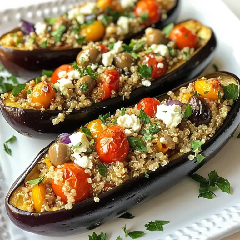 - 2 medium eggplants - 1 cup quinoa, rinsed - 1 ½ cups vegetable broth - 1 cup cherry tomatoes, halved - 1 medium onion, diced - 2 cloves garlic, minced - 1 tsp dried oregano - 1 tsp ground cumin - ½ cup Kalamata olives, pitted and chopped - ½ cup feta cheese, crumbled These main ingredients create a tasty blend. The eggplants serve as boats, holding the filling. Quinoa adds protein and texture. Cherry tomatoes bring sweetness, while onion and garlic add depth. Dried oregano and cumin offer a warm, savory taste. Kalamata olives add a briny kick, and feta cheese gives a creamy finish. - 2 tbsp extra virgin olive oil - Salt and pepper to taste Olive oil helps cook the filling and adds flavor. Salt and pepper are key for enhancing all the tastes. Together, they bring everything to life. With these essentials, you can create a dish that shines with flavor and freshness. {{ingredient_image_1}} First, you need to preheat your oven to 375°F (190°C). This step is key for even cooking. Next, take your eggplants and cut them in half lengthwise. Use a spoon to scoop out the flesh, leaving about a 1-inch border for the shell. Set the flesh aside for later. Place the eggplant halves cut-side up on a baking sheet. Drizzle them with 1 tablespoon of olive oil and sprinkle with salt. Bake the eggplants in the oven for about 25 minutes. They should be tender and ready for stuffing. While the eggplants roast, heat the remaining olive oil in a skillet over medium heat. Add the diced onion and sauté for about 5 minutes. You want the onion to be soft and translucent. Then, add the minced garlic and cook for another minute. This will fill your kitchen with a lovely aroma. Now, chop the reserved eggplant flesh and add it to the skillet. Follow this by adding the rinsed quinoa, vegetable broth, halved cherry tomatoes, dried oregano, and ground cumin. Bring this mixture to a boil. Once boiling, lower the heat, cover it, and let it simmer for about 15 minutes. The quinoa should absorb all the liquid and be fluffy. After the quinoa is cooked, remove the skillet from heat. Stir in the chopped Kalamata olives and crumbled feta cheese. Taste and season with salt and pepper as needed. Now, carefully spoon the filling back into the roasted eggplant halves. Pack them generously so every bite is flavorful. Place the stuffed eggplants back in the oven and bake for another 15 minutes. This final bake will meld all the flavors together. Once done, take them out and let them cool for a few minutes. Before serving, garnish with fresh parsley or mint for a vibrant touch. When picking eggplants, look for smooth skin. The skin should be shiny and firm. Check for any brown spots or wrinkles, as these can show age. A fresh eggplant feels heavy for its size. The color should be deep purple, depending on the variety. Gently press the skin; if it springs back, it’s ripe. If it leaves a dent, it may be overripe. To boost flavor, use fresh herbs like parsley or mint. These herbs add freshness and brightness to the dish. You can also adjust spices. If you love heat, add some red pepper flakes. For a richer taste, try more cumin or oregano. Tasting as you cook helps balance flavors. This way, you make sure every bite is packed with goodness. To cook fluffy quinoa, rinse it well before cooking. This removes the bitter coating called saponin. Use a ratio of 1 cup quinoa to 1.5 cups vegetable broth. Bring it to a boil, then cover and lower the heat. Let it simmer for about 15 minutes. Once done, let it sit covered for 5 minutes. Fluff it gently with a fork for a light texture. Perfect quinoa adds to the stuffed eggplant's overall taste. Pro Tips Choose the Right Eggplants: Look for firm, shiny eggplants with smooth skin. Avoid any that have soft spots or wrinkles, as they may be overripe. Enhance the Flavor: For an extra boost of flavor, consider marinating the eggplant halves in olive oil, lemon juice, and herbs for 30 minutes before baking. Customize Your Filling: Feel free to add other vegetables like bell peppers or zucchini to the quinoa mixture for added texture and flavor. Make It Ahead: You can prepare the stuffed eggplants in advance and store them in the refrigerator. Just bake them when you're ready to serve for a quick meal. {{image_2}} You can make Greek stuffed eggplant vegetarian or vegan. For a vegetarian option, simply replace feta cheese with a vegan cheese. If you want a vegan dish, swap quinoa for lentils. Lentils add protein and flavor. They also create a hearty filling. You can use cooked lentils in place of quinoa. This change gives you a rich texture. If you want more protein, add ground meat or beans. Ground lamb or beef works well. For a lighter option, you can use turkey. Beans, like chickpeas or black beans, are great too. They add bulk and flavor. Mix them into the filling for a tasty twist. Be sure to season your meat or beans well to enhance the taste. Toppings can elevate your dish. Fresh herbs like parsley or mint add brightness. You can also drizzle with tahini sauce for creaminess. A sprinkle of pine nuts gives a nice crunch. For extra zest, try a squeeze of lemon juice. These toppings will make your eggplants shine. Feel free to experiment with different flavors! To keep your Greek stuffed eggplant fresh, start by letting it cool. Place leftovers in an airtight container. You can store them in the fridge for up to three days. If you want to keep them longer, freeze your stuffed eggplants. Wrap each one in plastic wrap and then place them in a freezer bag. This way, they stay safe from freezer burn. When you are ready to enjoy your leftovers, reheating is key. You can use the oven for the best results. Preheat your oven to 350°F (175°C). Place the stuffed eggplants on a baking dish and cover them with foil. Heat for about 20 minutes or until they are warm inside. If you’re in a hurry, the microwave works too. Microwave them on medium heat for 2-3 minutes, checking every minute. In the fridge, your Greek stuffed eggplant lasts for about three days. But if you freeze them, they can stay good for up to three months. Just remember to label your containers with the date. This way, you can keep track of how long they’ve been stored. Yes, you can prepare Greek Stuffed Eggplant ahead of time. To do this, cook the filling and stuff the eggplants, but don't bake them right away. Instead, cover the stuffed eggplants with plastic wrap or foil. Store them in the fridge for up to 24 hours. When you are ready to serve, simply bake them at 375°F (190°C) for about 15 minutes, until heated through. Greek Stuffed Eggplant goes well with several side dishes. You can serve it with a simple Greek salad. A side of tzatziki adds a cool touch. Warm pita bread is also a great choice. If you want something heartier, consider serving it with rice or couscous. These sides balance the flavors and make the meal more filling. Yes, Greek Stuffed Eggplant can be gluten-free. The main ingredients, like quinoa and eggplant, are gluten-free. Just be sure to check the labels on vegetable broth and feta cheese. Some brands may have gluten or additives. If you want to be safe, make your own vegetable broth at home. This way, you can enjoy the dish without worrying about gluten. Greek stuffed eggplant combines simple ingredients for delicious flavor. We explored essential components like eggplant, quinoa, and feta. I shared step-by-step instructions for preparing, cooking, and baking the dish. Tips on selecting fresh eggplants and enhancing flavors help ensure success. Variations allow for creativity with vegetarian or protein options. Storing and reheating tips make this dish convenient. Embrace this flavorful recipe to enjoy a healthy meal that fits your lifestyle. Now, you can confidently make Greek stuffed eggplant at home. Enjoy every bite!