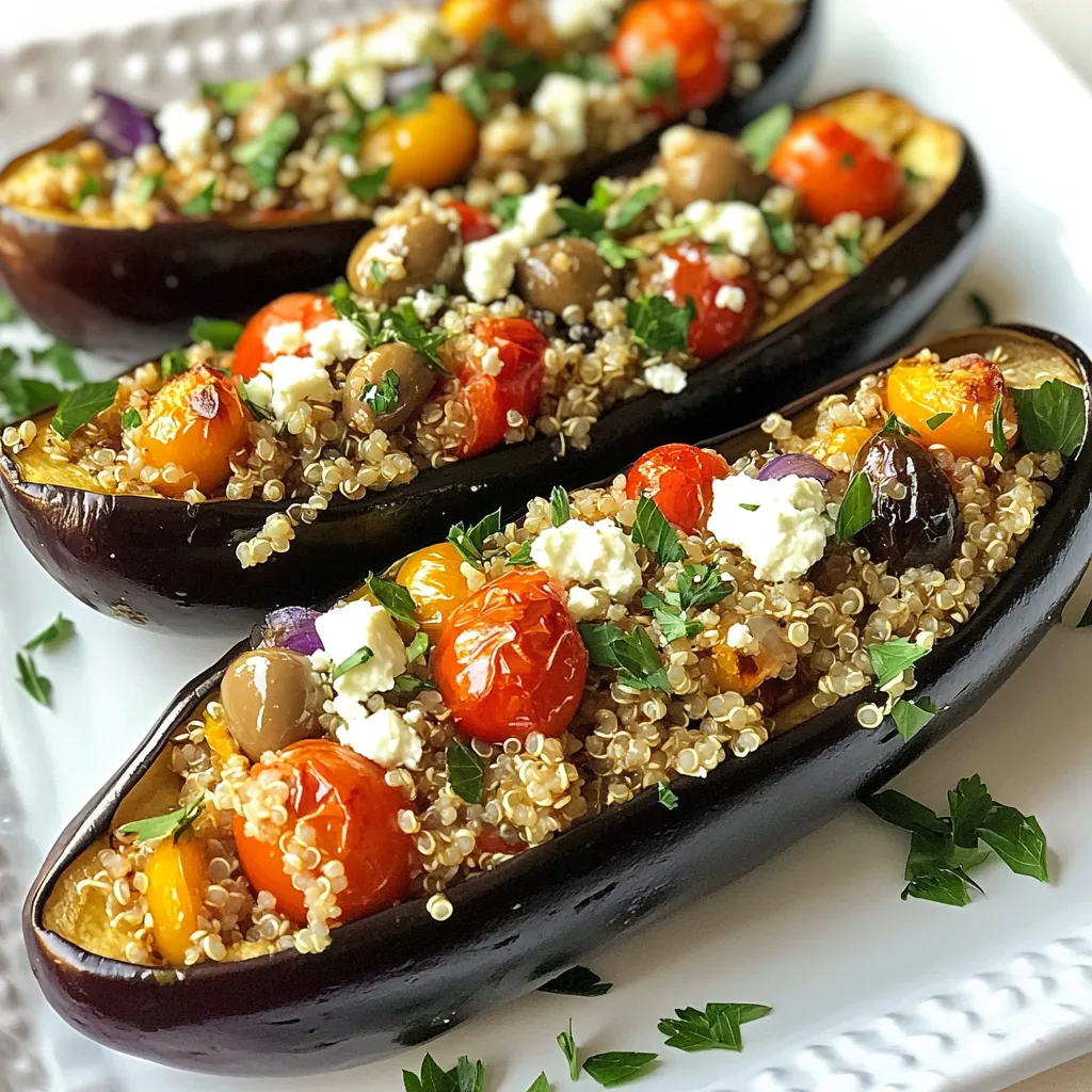 - 2 medium eggplants - 1 cup quinoa, rinsed - 1 ½ cups vegetable broth - 1 cup cherry tomatoes, halved - 1 medium onion, diced - 2 cloves garlic, minced - 1 tsp dried oregano - 1 tsp ground cumin - ½ cup Kalamata olives, pitted and chopped - ½ cup feta cheese, crumbled These main ingredients create a tasty blend. The eggplants serve as boats, holding the filling. Quinoa adds protein and texture. Cherry tomatoes bring sweetness, while onion and garlic add depth. Dried oregano and cumin offer a warm, savory taste. Kalamata olives add a briny kick, and feta cheese gives a creamy finish. - 2 tbsp extra virgin olive oil - Salt and pepper to taste Olive oil helps cook the filling and adds flavor. Salt and pepper are key for enhancing all the tastes. Together, they bring everything to life. With these essentials, you can create a dish that shines with flavor and freshness. {{ingredient_image_1}} First, you need to preheat your oven to 375°F (190°C). This step is key for even cooking. Next, take your eggplants and cut them in half lengthwise. Use a spoon to scoop out the flesh, leaving about a 1-inch border for the shell. Set the flesh aside for later. Place the eggplant halves cut-side up on a baking sheet. Drizzle them with 1 tablespoon of olive oil and sprinkle with salt. Bake the eggplants in the oven for about 25 minutes. They should be tender and ready for stuffing. While the eggplants roast, heat the remaining olive oil in a skillet over medium heat. Add the diced onion and sauté for about 5 minutes. You want the onion to be soft and translucent. Then, add the minced garlic and cook for another minute. This will fill your kitchen with a lovely aroma. Now, chop the reserved eggplant flesh and add it to the skillet. Follow this by adding the rinsed quinoa, vegetable broth, halved cherry tomatoes, dried oregano, and ground cumin. Bring this mixture to a boil. Once boiling, lower the heat, cover it, and let it simmer for about 15 minutes. The quinoa should absorb all the liquid and be fluffy. After the quinoa is cooked, remove the skillet from heat. Stir in the chopped Kalamata olives and crumbled feta cheese. Taste and season with salt and pepper as needed. Now, carefully spoon the filling back into the roasted eggplant halves. Pack them generously so every bite is flavorful. Place the stuffed eggplants back in the oven and bake for another 15 minutes. This final bake will meld all the flavors together. Once done, take them out and let them cool for a few minutes. Before serving, garnish with fresh parsley or mint for a vibrant touch. When picking eggplants, look for smooth skin. The skin should be shiny and firm. Check for any brown spots or wrinkles, as these can show age. A fresh eggplant feels heavy for its size. The color should be deep purple, depending on the variety. Gently press the skin; if it springs back, it’s ripe. If it leaves a dent, it may be overripe. To boost flavor, use fresh herbs like parsley or mint. These herbs add freshness and brightness to the dish. You can also adjust spices. If you love heat, add some red pepper flakes. For a richer taste, try more cumin or oregano. Tasting as you cook helps balance flavors. This way, you make sure every bite is packed with goodness. To cook fluffy quinoa, rinse it well before cooking. This removes the bitter coating called saponin. Use a ratio of 1 cup quinoa to 1.5 cups vegetable broth. Bring it to a boil, then cover and lower the heat. Let it simmer for about 15 minutes. Once done, let it sit covered for 5 minutes. Fluff it gently with a fork for a light texture. Perfect quinoa adds to the stuffed eggplant's overall taste. Pro Tips Choose the Right Eggplants: Look for firm, shiny eggplants with smooth skin. Avoid any that have soft spots or wrinkles, as they may be overripe. Enhance the Flavor: For an extra boost of flavor, consider marinating the eggplant halves in olive oil, lemon juice, and herbs for 30 minutes before baking. Customize Your Filling: Feel free to add other vegetables like bell peppers or zucchini to the quinoa mixture for added texture and flavor. Make It Ahead: You can prepare the stuffed eggplants in advance and store them in the refrigerator. Just bake them when you're ready to serve for a quick meal. {{image_2}} You can make Greek stuffed eggplant vegetarian or vegan. For a vegetarian option, simply replace feta cheese with a vegan cheese. If you want a vegan dish, swap quinoa for lentils. Lentils add protein and flavor. They also create a hearty filling. You can use cooked lentils in place of quinoa. This change gives you a rich texture. If you want more protein, add ground meat or beans. Ground lamb or beef works well. For a lighter option, you can use turkey. Beans, like chickpeas or black beans, are great too. They add bulk and flavor. Mix them into the filling for a tasty twist. Be sure to season your meat or beans well to enhance the taste. Toppings can elevate your dish. Fresh herbs like parsley or mint add brightness. You can also drizzle with tahini sauce for creaminess. A sprinkle of pine nuts gives a nice crunch. For extra zest, try a squeeze of lemon juice. These toppings will make your eggplants shine. Feel free to experiment with different flavors! To keep your Greek stuffed eggplant fresh, start by letting it cool. Place leftovers in an airtight container. You can store them in the fridge for up to three days. If you want to keep them longer, freeze your stuffed eggplants. Wrap each one in plastic wrap and then place them in a freezer bag. This way, they stay safe from freezer burn. When you are ready to enjoy your leftovers, reheating is key. You can use the oven for the best results. Preheat your oven to 350°F (175°C). Place the stuffed eggplants on a baking dish and cover them with foil. Heat for about 20 minutes or until they are warm inside. If you’re in a hurry, the microwave works too. Microwave them on medium heat for 2-3 minutes, checking every minute. In the fridge, your Greek stuffed eggplant lasts for about three days. But if you freeze them, they can stay good for up to three months. Just remember to label your containers with the date. This way, you can keep track of how long they’ve been stored. Yes, you can prepare Greek Stuffed Eggplant ahead of time. To do this, cook the filling and stuff the eggplants, but don't bake them right away. Instead, cover the stuffed eggplants with plastic wrap or foil. Store them in the fridge for up to 24 hours. When you are ready to serve, simply bake them at 375°F (190°C) for about 15 minutes, until heated through. Greek Stuffed Eggplant goes well with several side dishes. You can serve it with a simple Greek salad. A side of tzatziki adds a cool touch. Warm pita bread is also a great choice. If you want something heartier, consider serving it with rice or couscous. These sides balance the flavors and make the meal more filling. Yes, Greek Stuffed Eggplant can be gluten-free. The main ingredients, like quinoa and eggplant, are gluten-free. Just be sure to check the labels on vegetable broth and feta cheese. Some brands may have gluten or additives. If you want to be safe, make your own vegetable broth at home. This way, you can enjoy the dish without worrying about gluten. Greek stuffed eggplant combines simple ingredients for delicious flavor. We explored essential components like eggplant, quinoa, and feta. I shared step-by-step instructions for preparing, cooking, and baking the dish. Tips on selecting fresh eggplants and enhancing flavors help ensure success. Variations allow for creativity with vegetarian or protein options. Storing and reheating tips make this dish convenient. Embrace this flavorful recipe to enjoy a healthy meal that fits your lifestyle. Now, you can confidently make Greek stuffed eggplant at home. Enjoy every bite!
