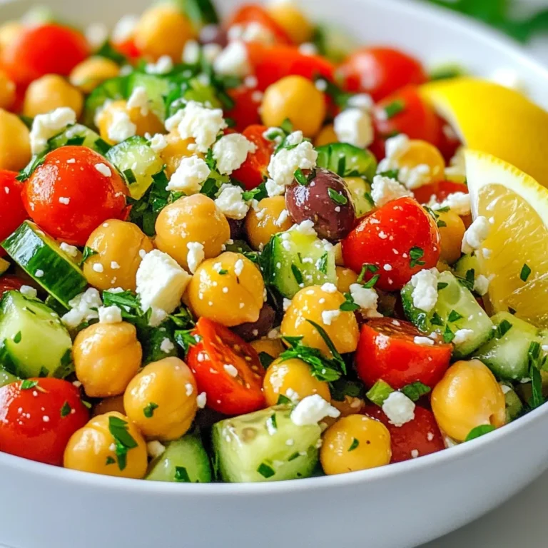 - 1 can (15 oz) chickpeas, rinsed and drained - 1 cup cherry tomatoes, halved - 1 cucumber, diced - 1/2 red onion, finely chopped - 1/2 cup Kalamata olives, pitted and halved - 1/2 cup feta cheese, crumbled - 1/4 cup fresh parsley, chopped - 2 tablespoons olive oil - 2 tablespoons red wine vinegar (or lemon juice for a twist) - 1 teaspoon dried oregano - Salt and pepper to taste This salad starts with chickpeas. They are packed with protein and fiber. They add a nice texture. Next, we have fresh cherry tomatoes. Their sweetness brightens the dish. Diced cucumber gives a crunchy bite. Finely chopped red onion adds a sharp taste. For a salty kick, we use Kalamata olives. They also bring a rich color. Crumbled feta cheese adds creaminess and tang. Fresh parsley not only tastes great but looks good too. The dressing is simple. Olive oil and red wine vinegar mix well. You can use lemon juice if you want a twist. Dried oregano gives a nice herbal note. Don't forget salt and pepper to taste. They round out the flavors perfectly. These ingredients come together in a fresh, bright dish. Each bite is a blend of textures and tastes. Plus, this salad is quick to make. It's a great option for lunch or dinner. {{ingredient_image_1}} 1. Combining the base ingredients Start by taking a large mixing bowl. Add one can of rinsed and drained chickpeas. Then, toss in one cup of halved cherry tomatoes. Next, add one diced cucumber and half of a finely chopped red onion. Don’t forget to include half a cup of pitted and halved Kalamata olives. Finally, add a quarter cup of freshly chopped parsley. Stir everything together gently to mix. 2. Making the dressing In a separate small bowl, pour two tablespoons of olive oil. Then, add two tablespoons of red wine vinegar, or use lemon juice for a fresh twist. Next, sprinkle in one teaspoon of dried oregano. Add a pinch of salt and pepper. Whisk the mixture well until it blends nicely. 3. Tossing salad and dressing together Pour the dressing over the chickpea mixture in the large bowl. Toss everything gently to make sure all the ingredients get coated with the dressing. This helps combine the flavors well. 4. Adjusting seasoning before serving Taste the salad. If it needs more flavor, add extra salt and pepper. Once you’re happy with the taste, cover the bowl. Place it in the fridge for at least 30 minutes. This chilling time helps the flavors meld together, making each bite more delicious. To make your salad shine, serve it on a large platter. This allows all the colors to pop. Garnish with extra parsley and a lemon wedge. The lemon adds a fresh touch. You can also sprinkle more feta on top for a nice look. Pair this salad with grilled chicken or fish for a full meal. It goes well with pita bread too. If you're feeling adventurous, serve it with hummus for a tasty combo. To boost the flavor, add fresh herbs like mint or dill. A pinch of red pepper flakes can give it a nice kick. You can also drizzle more olive oil or vinegar just before serving. Rinsing and draining chickpeas well is key. This step helps remove extra salt and makes them taste fresh. Use a fine-mesh strainer to rinse them under cold water. Let them sit for a minute to drain completely. Chilling the salad is important. Let it sit in the fridge for at least 30 minutes. This time allows the flavors to mix and taste better. You can swap some ingredients for new flavors. Try using different olives or a mix of fresh herbs. For a zestier taste, replace red wine vinegar with lemon juice. You can even change the cheese to goat cheese for a different twist. Pro Tips Fresh Ingredients: Use ripe cherry tomatoes and fresh cucumbers for the best flavor and texture in your salad. Chill Before Serving: Allow the salad to chill in the refrigerator for at least 30 minutes to enhance the flavors and refreshing taste. Versatile Dressing: Experiment with different vinegars or citrus juices in the dressing for a unique twist on the classic flavor. Meal Prep Friendly: This salad keeps well in the fridge for up to 3 days, making it perfect for meal prep or quick lunches! {{image_2}} To make this salad fit your needs, try these swaps: - Dairy-free options: Replace feta cheese with avocado or a vegan cheese. - Add protein or grains: Toss in cooked quinoa or grilled chicken for more heartiness. - Different vegetables: Use bell peppers, radishes, or spinach for added crunch and color. These swaps keep your salad fresh and exciting while meeting dietary needs. Enhance the taste of your salad with these ideas: - Spices for an extra kick: Add a pinch of cayenne or smoked paprika for warmth. - Creative dressings: Try tahini or a yogurt-based dressing for rich flavor. - Seasonal variations: Use fresh herbs like basil in summer or roasted veggies in fall. These enhancements add layers of flavor while keeping the dish vibrant and lively. To keep your Zesty Greek Chickpea Salad fresh, store it in an airtight container. This helps to lock in flavor and prevent drying out. The salad lasts about three to four days in the fridge. If you notice it wilting, that’s a sign it’s time to eat it soon. You can freeze this salad, but some ingredients don’t freeze well. Freeze only the chickpeas and vegetables without dressing. To enjoy later, thaw in the fridge overnight and mix fresh dressing when ready to eat. If your salad looks wilted after storage, don't worry! You can revive it easily. Add a splash of olive oil or a squeeze of lemon juice. This will help freshen it up. Toss gently to mix. Serve the salad cold or at room temperature. If you want, add fresh herbs or extra feta before serving. It enhances the taste and makes it look beautiful! Yes, you can make this salad ahead of time. It tastes even better after the flavors mix. Just chill it in the fridge. Aim to prepare it up to a day in advance. This salad pairs well with grilled chicken or fish. You can also serve it with warm pita bread or as a side dish. It complements many Mediterranean meals. The Zesty Greek Chickpea Salad lasts about 3 to 4 days in the fridge. Keep it in an airtight container. Check for freshness before eating. Yes, canned chickpeas work great! They save time and are easy to use. Just make sure to rinse and drain them well before adding to your salad. This post showed you how to make a Zesty Greek Chickpea Salad. We covered each ingredient and preparation step. You learned tips for serving and variations for different diets. I also shared storage tips for keeping leftovers fresh. With these simple steps, you can create a healthy and tasty meal. Enjoy making this salad your own and sharing it with friends and family. Happy cooking!