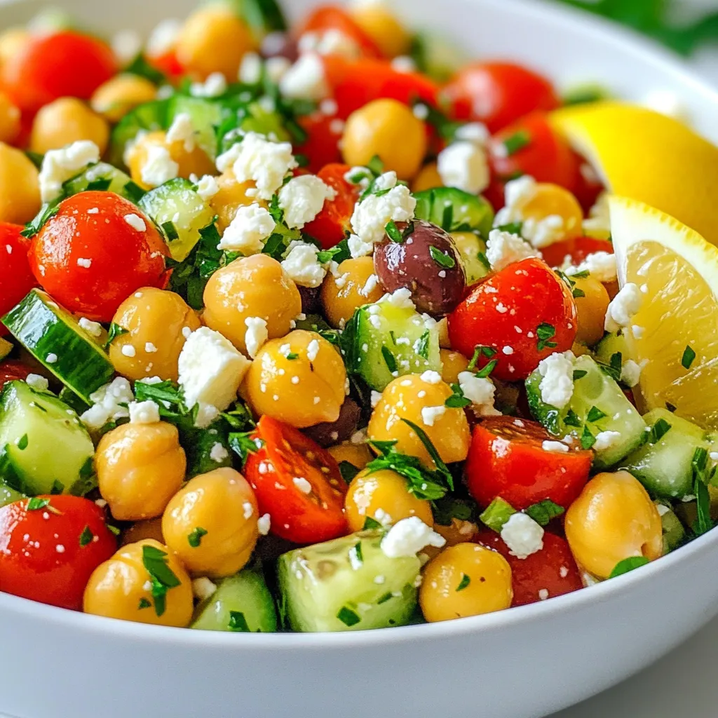 - 1 can (15 oz) chickpeas, rinsed and drained - 1 cup cherry tomatoes, halved - 1 cucumber, diced - 1/2 red onion, finely chopped - 1/2 cup Kalamata olives, pitted and halved - 1/2 cup feta cheese, crumbled - 1/4 cup fresh parsley, chopped - 2 tablespoons olive oil - 2 tablespoons red wine vinegar (or lemon juice for a twist) - 1 teaspoon dried oregano - Salt and pepper to taste This salad starts with chickpeas. They are packed with protein and fiber. They add a nice texture. Next, we have fresh cherry tomatoes. Their sweetness brightens the dish. Diced cucumber gives a crunchy bite. Finely chopped red onion adds a sharp taste. For a salty kick, we use Kalamata olives. They also bring a rich color. Crumbled feta cheese adds creaminess and tang. Fresh parsley not only tastes great but looks good too. The dressing is simple. Olive oil and red wine vinegar mix well. You can use lemon juice if you want a twist. Dried oregano gives a nice herbal note. Don't forget salt and pepper to taste. They round out the flavors perfectly. These ingredients come together in a fresh, bright dish. Each bite is a blend of textures and tastes. Plus, this salad is quick to make. It's a great option for lunch or dinner. {{ingredient_image_1}} 1. Combining the base ingredients Start by taking a large mixing bowl. Add one can of rinsed and drained chickpeas. Then, toss in one cup of halved cherry tomatoes. Next, add one diced cucumber and half of a finely chopped red onion. Don’t forget to include half a cup of pitted and halved Kalamata olives. Finally, add a quarter cup of freshly chopped parsley. Stir everything together gently to mix. 2. Making the dressing In a separate small bowl, pour two tablespoons of olive oil. Then, add two tablespoons of red wine vinegar, or use lemon juice for a fresh twist. Next, sprinkle in one teaspoon of dried oregano. Add a pinch of salt and pepper. Whisk the mixture well until it blends nicely. 3. Tossing salad and dressing together Pour the dressing over the chickpea mixture in the large bowl. Toss everything gently to make sure all the ingredients get coated with the dressing. This helps combine the flavors well. 4. Adjusting seasoning before serving Taste the salad. If it needs more flavor, add extra salt and pepper. Once you’re happy with the taste, cover the bowl. Place it in the fridge for at least 30 minutes. This chilling time helps the flavors meld together, making each bite more delicious. To make your salad shine, serve it on a large platter. This allows all the colors to pop. Garnish with extra parsley and a lemon wedge. The lemon adds a fresh touch. You can also sprinkle more feta on top for a nice look. Pair this salad with grilled chicken or fish for a full meal. It goes well with pita bread too. If you're feeling adventurous, serve it with hummus for a tasty combo. To boost the flavor, add fresh herbs like mint or dill. A pinch of red pepper flakes can give it a nice kick. You can also drizzle more olive oil or vinegar just before serving. Rinsing and draining chickpeas well is key. This step helps remove extra salt and makes them taste fresh. Use a fine-mesh strainer to rinse them under cold water. Let them sit for a minute to drain completely. Chilling the salad is important. Let it sit in the fridge for at least 30 minutes. This time allows the flavors to mix and taste better. You can swap some ingredients for new flavors. Try using different olives or a mix of fresh herbs. For a zestier taste, replace red wine vinegar with lemon juice. You can even change the cheese to goat cheese for a different twist. Pro Tips Fresh Ingredients: Use ripe cherry tomatoes and fresh cucumbers for the best flavor and texture in your salad. Chill Before Serving: Allow the salad to chill in the refrigerator for at least 30 minutes to enhance the flavors and refreshing taste. Versatile Dressing: Experiment with different vinegars or citrus juices in the dressing for a unique twist on the classic flavor. Meal Prep Friendly: This salad keeps well in the fridge for up to 3 days, making it perfect for meal prep or quick lunches! {{image_2}} To make this salad fit your needs, try these swaps: - Dairy-free options: Replace feta cheese with avocado or a vegan cheese. - Add protein or grains: Toss in cooked quinoa or grilled chicken for more heartiness. - Different vegetables: Use bell peppers, radishes, or spinach for added crunch and color. These swaps keep your salad fresh and exciting while meeting dietary needs. Enhance the taste of your salad with these ideas: - Spices for an extra kick: Add a pinch of cayenne or smoked paprika for warmth. - Creative dressings: Try tahini or a yogurt-based dressing for rich flavor. - Seasonal variations: Use fresh herbs like basil in summer or roasted veggies in fall. These enhancements add layers of flavor while keeping the dish vibrant and lively. To keep your Zesty Greek Chickpea Salad fresh, store it in an airtight container. This helps to lock in flavor and prevent drying out. The salad lasts about three to four days in the fridge. If you notice it wilting, that’s a sign it’s time to eat it soon. You can freeze this salad, but some ingredients don’t freeze well. Freeze only the chickpeas and vegetables without dressing. To enjoy later, thaw in the fridge overnight and mix fresh dressing when ready to eat. If your salad looks wilted after storage, don't worry! You can revive it easily. Add a splash of olive oil or a squeeze of lemon juice. This will help freshen it up. Toss gently to mix. Serve the salad cold or at room temperature. If you want, add fresh herbs or extra feta before serving. It enhances the taste and makes it look beautiful! Yes, you can make this salad ahead of time. It tastes even better after the flavors mix. Just chill it in the fridge. Aim to prepare it up to a day in advance. This salad pairs well with grilled chicken or fish. You can also serve it with warm pita bread or as a side dish. It complements many Mediterranean meals. The Zesty Greek Chickpea Salad lasts about 3 to 4 days in the fridge. Keep it in an airtight container. Check for freshness before eating. Yes, canned chickpeas work great! They save time and are easy to use. Just make sure to rinse and drain them well before adding to your salad. This post showed you how to make a Zesty Greek Chickpea Salad. We covered each ingredient and preparation step. You learned tips for serving and variations for different diets. I also shared storage tips for keeping leftovers fresh. With these simple steps, you can create a healthy and tasty meal. Enjoy making this salad your own and sharing it with friends and family. Happy cooking!